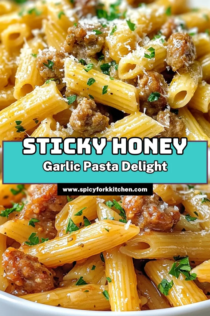 Discover the deliciousness of Sticky Honey Garlic Sausage Pasta, an easy sausage pasta recipe that will elevate your dinner game! This honey garlic sauce pasta combines savory sausage and penne pasta for a quick dinner recipe that's perfect for busy nights. Ready in just 25 minutes, it’s a family favorite that’s packed with flavor. Try this dish tonight and save it for later! #PastaRecipes #QuickMeals #SausagePasta #DinnerIdeas