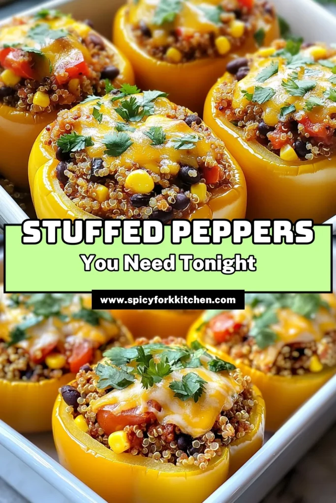 Discover this delicious healthy stuffed peppers recipe featuring classic stuffed bell peppers filled with protein-packed quinoa, black beans, and vibrant veggies. These vegetarian stuffed peppers are baked with cheese for an irresistible taste. Perfect for a nutritious meal, these quinoa stuffed peppers are easy to make and full of flavor. Save this recipe for your next dinner idea! #StuffedBellPeppers #VegetarianRecipes #HealthyEating #QuinoaStuffedPeppers