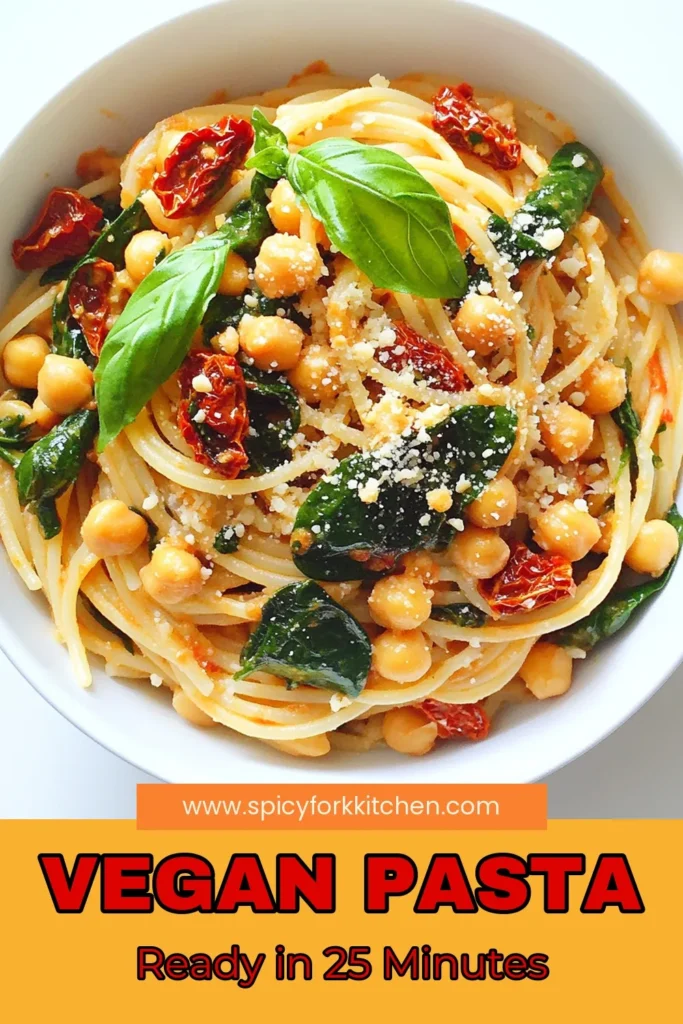 Discover the ultimate Vegan Sun-Dried Tomato Pasta, a healthy vegan dinner that's both delicious and easy to make! This recipe showcases whole grain vegan pasta and would be a fantastic addition to your collection of vegan pasta recipes. Packed with chickpeas and fresh spinach, this sun-dried tomato pasta dish is sure to impress. Perfect for busy nights, save this recipe for a wholesome meal! #VeganPastaRecipes #HealthyVeganDinner #ChickpeaPasta #SunDriedTomatoPasta