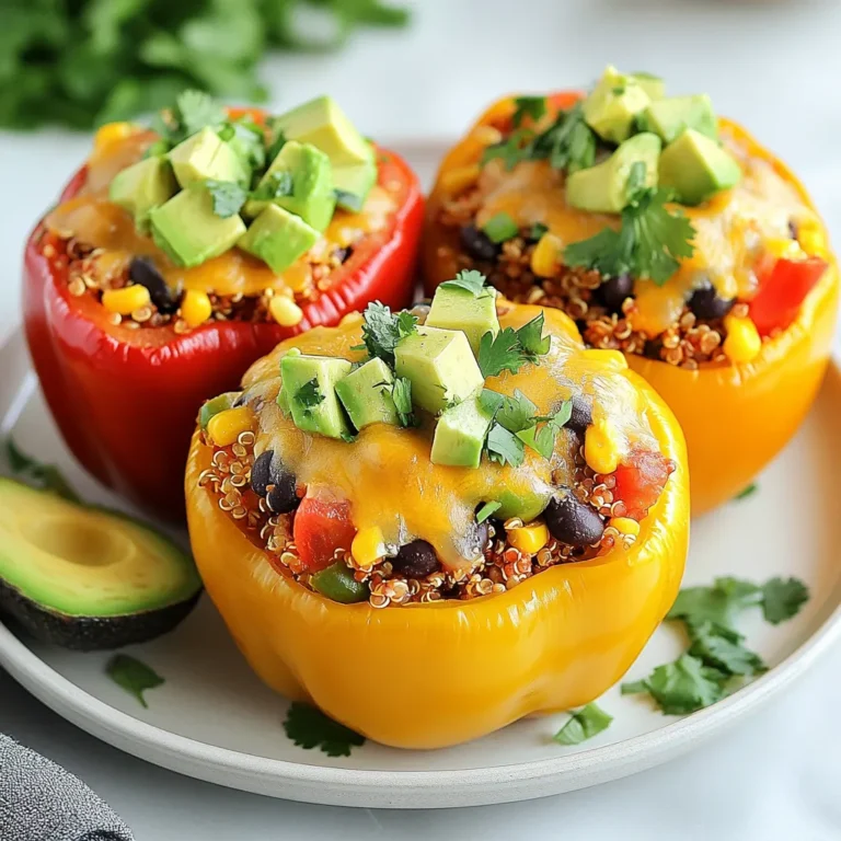 To create tasty Mexican stuffed peppers, you need the following fresh and healthy ingredients: - 4 large bell peppers (red, yellow, or green) - 1 cup quinoa, rinsed - 2 cups vegetable broth - 1 cup black beans, drained and rinsed - 1 cup corn kernels (fresh or frozen) - 1 cup diced tomatoes (canned or fresh) - 1 teaspoon ground cumin - 1 teaspoon chili powder - 1 teaspoon garlic powder - ½ teaspoon onion powder - Salt and pepper to taste - 1 cup shredded cheese (cheddar or Mexican blend) - Fresh cilantro, chopped (for garnish) - 1 avocado, diced (for topping) These ingredients bring together a mix of flavors and textures. The bell peppers form a colorful base. Quinoa adds protein and a nutty taste. Black beans and corn add heartiness and sweetness. The spices give depth and warmth. I love using fresh cilantro and avocado as toppings. They add a refreshing touch that makes each bite special. Enjoy gathering these ingredients! {{ingredient_image_1}} - First, preheat your oven to 375°F (190°C). - Next, cut the tops off the bell peppers. Remove all seeds and membranes. Set them aside. - Now, in a medium saucepan, combine the quinoa and vegetable broth. Bring this to a boil over medium heat. - Once it boils, reduce the heat to low. Cover it and simmer for about 15 minutes. The quinoa should be fluffy when done. - In a large mixing bowl, mix the cooked quinoa, black beans, corn, diced tomatoes, and your spices. Stir until everything blends well. - Carefully spoon this mixture into each bell pepper. Pack them tightly for a good fit. - Place the stuffed peppers upright in a baking dish. If they wobble, slice a bit off the bottom. This helps them stand. - Cover the baking dish with foil. Bake for 25 minutes, allowing the flavors to meld. - After 25 minutes, remove the foil. Sprinkle shredded cheese on top of each pepper. Return them to the oven. Bake for an additional 10 minutes. This melts the cheese perfectly. - Once done, take them out and let cool for a few minutes. - Garnish each stuffed pepper with diced avocado and chopped cilantro. This adds freshness. - For side dishes, consider serving with a simple green salad or tortilla chips. These pair nicely with the peppers. To keep your peppers stable while baking, slice a thin layer off the bottom. This helps them stand upright and look great on the plate. Always rinse the quinoa before cooking. This removes the bitter coating called saponin. When cooking quinoa, use two cups of vegetable broth for every cup of quinoa. Bring it to a boil, then lower the heat and cover. Let it simmer for about 15 minutes until fluffy. If you want a different taste, try using smoked paprika instead of chili powder. It adds a deep flavor without extra heat. To make the dish spicier, add a pinch of cayenne pepper or a chopped jalapeño to the filling. Always taste your mixture before stuffing the peppers. Adjust the spices based on your preference. For a fun twist, serve your peppers on a colorful platter. Use red, yellow, and green peppers for a vibrant look. You can also add a side of sour cream or yogurt for dipping. Top the peppers with diced avocado and fresh cilantro. This adds color and freshness, making each bite more delightful! Pro Tips Choose Colorful Peppers: Using a mix of red, yellow, and green bell peppers not only makes the dish visually appealing but also adds a variety of flavors. Perfectly Cooked Quinoa: Make sure to rinse the quinoa before cooking to remove any bitterness and ensure it cooks up fluffy. Customize Your Filling: Feel free to add your favorite vegetables or proteins to the quinoa mixture for an extra twist. Ground turkey or chopped zucchini work great! Serve with a Side: Pair your stuffed peppers with a fresh side salad or some tortilla chips and salsa for a complete meal. {{image_2}} You can switch up the protein in stuffed peppers. Ground chicken, beef, or turkey works well. They add a hearty bite. If you prefer to keep it meatless, try black beans, lentils, or tofu. These options are filling and tasty. They fit right into the mix. Quinoa is great, but you can swap it out. Rice or couscous can take its place. They will change the texture but keep it yummy. You might also explore lentils or other legumes. These can add protein and unique flavors. Feel free to add different vegetables for extra flavor. Zucchini, spinach, or mushrooms can enhance your dish. Experiment with spices from around the world. Adding cumin or smoked paprika can elevate the taste. Don't be afraid to mix and match! To keep your stuffed peppers fresh, use an airtight container. This helps to seal in flavor. You can store them in the fridge for about 3 to 5 days. Make sure they cool down before sealing. This way, they won't turn soggy. If you want to freeze your stuffed peppers, wrap them well. Use plastic wrap first, then place them in a freezer bag. This method prevents freezer burn. They can last up to 3 months in the freezer. To reheat frozen peppers, let them thaw in the fridge overnight. You can also bake them straight from the freezer. Just add 10 to 15 minutes to the baking time. Check for warmth in the center before serving. Can I make stuffed peppers in advance? Yes, you can prepare stuffed peppers ahead of time. You can stuff the peppers and store them in the fridge. Just cover them with plastic wrap or foil. They stay good for about two days. When ready, bake them as directed. What can I substitute for quinoa? If you don't have quinoa, you can use rice or couscous. These grains work well in this recipe. You can also try lentils for a different flavor and texture. How can I make these stuffed peppers spicier? To add heat, you can use jalapeños or hot sauce. Red pepper flakes also give that nice kick. Adjust the spice level to match your taste. Each stuffed pepper contains about 300 calories. They are high in fiber and protein. This recipe is a great source of vitamins A and C. If you want fewer calories, use less cheese or skip it. If you can't find bell peppers, zucchini or large tomatoes work well. You can also mix in seasonal veggies like squash or spinach. These can add color and flavor to your dish. You can create tasty stuffed peppers with ease. We covered the essential ingredients and clear steps for baking. Don’t forget the tips to enhance flavor and presentation. Feel free to try different protein and grain options to mix it up. For storage, keep leftovers safe and know how to freeze them. Experiment with spices and veggies to suit your taste. Enjoy making this dish again and again!