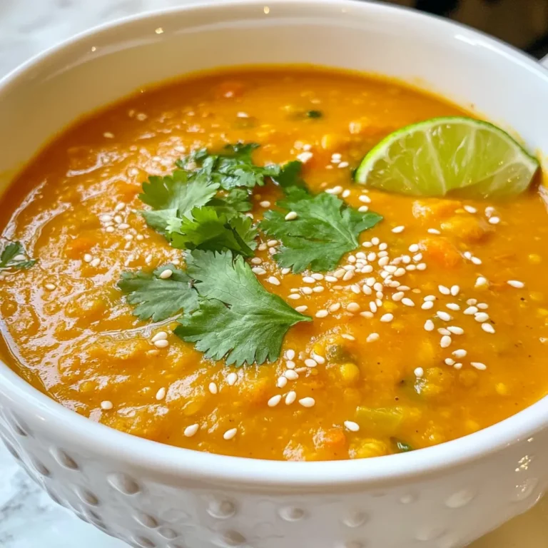 - 1 cup green or brown lentils, rinsed - 3 large carrots, diced - 1 onion, diced - 3 cloves garlic, minced - 1 inch fresh ginger, grated - 4 cups vegetable broth - 2 tablespoons soy sauce (or tamari for gluten-free) The core of this soup lies in the lentils, carrots, onion, garlic, and ginger. Lentils bring protein and fiber. Carrots add sweetness and color. The onion, garlic, and ginger create a strong, aromatic base. You’ll also need vegetable broth for depth and soy sauce for umami. - 1 tablespoon sesame oil - 1 tablespoon chili paste (adjust to taste) - 1 teaspoon ground cumin - 1 tablespoon sesame seeds (toasting recommended) - Fresh cilantro, for garnish - Lime wedges, for serving To spice things up, sesame oil adds a rich, nutty flavor. Chili paste gives it heat. Ground cumin adds warmth. Toasted sesame seeds provide crunch. Fresh cilantro brightens up the soup, while lime wedges add a zesty finish. - Tamari instead of soy sauce for gluten-free - Add more veggies like spinach or bell peppers - Include other spices like turmeric or coriander You can easily adapt this recipe. Swap soy sauce for tamari to keep it gluten-free. Add spinach or bell peppers for extra nutrients. Spice it up with turmeric for an earthy taste or coriander for a hint of citrus. {{ingredient_image_1}} First, grab a large pot and heat one tablespoon of sesame oil over medium heat. Once the oil is warm, add one diced onion and three diced carrots. Sauté these for about five to seven minutes. You want the onion to turn translucent. This step builds a strong base for our soup. Next, add three minced garlic cloves and one inch of grated ginger. Cook for one more minute. This will make your kitchen smell amazing. Now it's time to bring in the lentils. Add one cup of rinsed green or brown lentils to the pot. Pour in four cups of vegetable broth and two tablespoons of soy sauce. For extra heat, add one tablespoon of chili paste. If you like, you can adjust this later. Finally, mix in one teaspoon of ground cumin. Stir everything well. Bring the mixture to a boil. Once boiling, lower the heat and let it simmer for 25 to 30 minutes. This allows the lentils to cook until tender, and the soup will thicken nicely. After simmering, taste your soup. Add salt and pepper as needed. If you want a creamier soup, use an immersion blender. Blend just a bit to keep some chunks for texture. Toast one tablespoon of sesame seeds in a dry skillet over medium heat. This takes about two to three minutes. Watch them closely, as they can burn easily. Serve your soup hot. Garnish it with toasted sesame seeds, fresh cilantro, and a lime wedge for a zesty finish. Enjoy your flavorful comfort dish! To get the spice just right, use chili paste. Start with one tablespoon. Taste the soup, then add more if you like it hotter. Remember, spice builds up, so add a little at a time. For the right soup thickness, watch your liquid. If it feels too thick, add more broth. If it’s too thin, let it simmer longer. Using an immersion blender can help create a creamy texture. Blend part of the soup, but leave some chunks for texture. You can boost the flavor with other spices. Try adding smoked paprika for a smoky taste. A pinch of cayenne can also add heat. Fresh herbs like basil or parsley can brighten the soup. Just toss them in before serving for a fresh flavor. Pair this soup with crusty bread for a hearty meal. A simple green salad on the side adds freshness. You can also serve it with rice for a filling option. Lime wedges make a great garnish too. Squeeze some lime juice over the soup right before eating for extra zing. Pro Tips Use Fresh Ingredients: Fresh carrots and ginger will elevate the flavor of your soup, providing a vibrant taste and aroma. Adjust the Heat: The chili paste can be adjusted to your spice preference. Start with less and add more as needed to suit your taste. Texture Variation: For a more textured soup, blend only half of the mixture. This adds creaminess while keeping some hearty chunks. Store Leftovers Properly: Store any leftover soup in an airtight container in the fridge for up to 3 days, or freeze for longer storage. {{image_2}} You can easily make this soup gluten-free. Use tamari instead of soy sauce. Tamari tastes similar but has no wheat. This swap keeps the flavor intact while accommodating gluten-free diets. Feel free to mix it up with different vegetables. Try adding spinach, kale, or bell peppers. You can also use other legumes, like chickpeas or black beans. These changes can add new textures and flavors to your soup. Spice lovers can turn up the heat. Add more chili paste or fresh chopped chili. If you prefer a milder soup, reduce the chili paste. You can also add herbs like cilantro or basil. These herbs can brighten the soup and give it a fresh taste. To keep your Spicy Sesame Carrot Lentil Soup fresh, follow these steps: - Cool the Soup: Let it cool down to room temperature. - Use Airtight Containers: Store the soup in clean, airtight containers to avoid spills. - Refrigerate: Place the containers in the fridge. This keeps the soup fresh for later. - Freezing Option: You can freeze the soup too! Use freezer-safe bags or containers. Just leave some space for expansion. When you want to enjoy your soup again, follow these tips: - Stovetop Method: Pour the soup into a saucepan over medium heat. Stir it often. Heat until it’s hot throughout. - Microwave Method: Use a microwave-safe bowl. Heat in short bursts, 1-2 minutes at a time. Stir in between to heat evenly. - Don’t Overheat: Avoid boiling. High heat can change the flavor and texture. When stored properly, your soup can last: - In the Fridge: About 3 to 5 days. - In the Freezer: Up to 3 months. Label your containers with the date. This helps you keep track of freshness. Enjoy your soup at its best! You can use several options instead of lentils. Chickpeas or black beans work well. Quinoa or barley can also add great texture. Each substitute will change the flavor slightly, but they will still create a tasty soup. If you choose grains, reduce the cooking time since they cook faster. Yes, you can make this soup ahead of time. It stores well in the fridge for up to three days. To meal prep, let the soup cool completely. Then, transfer it to an airtight container. You can also freeze the soup for up to three months. Just thaw it in the fridge before reheating. To make the soup spicier, add more chili paste. Start with a teaspoon more, then taste. You can also add red pepper flakes for extra heat. If you want a different flavor, try adding sliced jalapeños or fresh hot peppers. Just be careful not to overpower the other flavors in the soup. This blog post covers a delicious soup made with lentils, veggies, and tasty spices. You learned how to sauté, simmer, and enhance flavors while keeping dietary needs in mind. From storing leftovers to making swaps, the tips make sure your soup shines. Remember, you can adjust the spice and add herbs to create your perfect bowl. Experiment and enjoy your cooking journey!