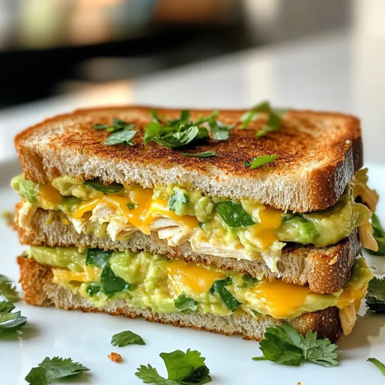 - 2 cups cooked chicken breast, shredded - 1 ripe avocado, mashed - 1 cup shredded cheddar cheese - 1/2 cup mayonnaise - 1 tablespoon lime juice - 1/4 teaspoon garlic powder - Salt and pepper to taste - 4 slices of whole grain or sourdough bread - 2 tablespoons olive oil - Fresh cilantro or parsley, for garnish For the chicken, you can use rotisserie or leftover chicken. This saves time and gives a nice flavor. If you want to cut calories, use Greek yogurt in place of mayonnaise. You can swap lime juice with lemon juice if needed. For cheese, feel free to try pepper jack for a spicy kick. This dish is rich in protein from the chicken and cheese. The avocado adds healthy fats and fiber. Each serving has about: - Calories: 550 - Protein: 36g - Carbohydrates: 40g - Fat: 30g - Fiber: 8g This meal is not only tasty but also balanced. It gives you energy and keeps you full. Enjoy creating your own Chicken Avocado Melt! {{ingredient_image_1}} 1. Start by shredding 2 cups of cooked chicken breast. I find rotisserie chicken works well. 2. In a medium bowl, mash 1 ripe avocado until smooth. 3. Combine the shredded chicken and mashed avocado in the bowl. Mix them well. 4. Add 1 cup of shredded cheddar cheese, 1/2 cup of mayonnaise, and 1 tablespoon of lime juice. 5. Sprinkle in 1/4 teaspoon of garlic powder, plus salt and pepper to your taste. 6. Stir the mixture until all ingredients are blended. 1. Heat a non-stick skillet over medium heat. Add 1 tablespoon of olive oil. 2. Place 2 slices of whole grain or sourdough bread in the skillet. 3. Spread half of the chicken-avocado mixture on each slice of bread. 4. Top the slices with the remaining two pieces of bread. Gently press down. 5. Cook for about 3-4 minutes on each side. Look for golden brown bread and melted cheese. 6. If needed, add the remaining olive oil to the skillet while cooking. 7. Once done, remove the melts from heat. Let them sit for a minute before slicing. 8. Garnish with fresh cilantro or parsley before you serve. - Use a non-stick skillet for even cooking. It helps prevent sticking. - Keep an eye on the heat; too high may burn the bread. - Press down gently on the bread for better browning. - Let the melts cool slightly to help the cheese set. - Adjust the lime juice to taste for a zestier flavor. To boost the flavor of your Chicken Avocado Melt, think about adding fresh herbs. Cilantro or parsley can add a bright touch. You can also mix in red pepper flakes for some heat. A dash of hot sauce can make it zesty too. Using fresh lime juice gives a nice tang. It wakes up the creamy avocado and rich cheese. You can make this meal healthier with a few easy swaps. Use Greek yogurt instead of mayonnaise for a lighter spread. You can also replace cheddar cheese with a lower-fat option. Whole grain bread adds more fiber than white bread. If you're low on calories, try cutting the portion size. This way, you can enjoy the melt but still stay on track. To make this melt, you need some handy tools. A non-stick skillet works best to get that crispy bread. Use a spatula to flip the sandwiches safely. A mixing bowl helps you combine all your ingredients well. A knife makes slicing easy when the melt is done. Don’t forget a cutting board too! These tools ensure a smooth cooking process. Pro Tips Choose the Right Bread: Opt for a hearty whole grain or sourdough bread that can hold up to the filling without getting soggy. Perfectly Mash the Avocado: Ensure your avocado is ripe and mash it until smooth for a creamier texture in the chicken mixture. Control the Heat: Cook on medium heat to allow the cheese to melt thoroughly without burning the bread. Add Some Spice: Consider adding diced jalapeños or a pinch of cayenne pepper to the mixture for a spicy kick. {{image_2}} You can switch up the protein in your Chicken Avocado Melt. Try using turkey for a leaner option. You can also use shredded pork for a richer flavor. If you like seafood, add cooked shrimp or crab meat. Each protein adds a unique taste and texture. For a vegetarian version, skip the chicken. Use black beans or chickpeas instead. Mash them with avocado for a creamy base. You can also add roasted vegetables like bell peppers or zucchini. These options make your melt filling and tasty without meat. Add spices for more flavor. A pinch of cayenne pepper gives a nice kick. Try smoked paprika for a smoky taste. Fresh herbs like basil or dill can brighten the dish. You can also mix in some hot sauce or salsa for extra zing. To keep your Chicken Avocado Melt fresh, store it in an airtight container. This helps prevent moisture loss. Place the sandwich in the fridge right after it cools down. It should stay good for about 2 to 3 days. If you notice any strange smell or color changes, it's best to toss it. You can freeze the chicken-avocado mixture, but not the bread. To freeze, place the mixture in a freezer-safe bag. Make sure to push out as much air as possible. This helps prevent freezer burn. The mixture can last up to 2 months in the freezer. When you're ready to eat, thaw it in the fridge overnight. When it's time to eat your leftovers, use a skillet for the best taste. Heat the skillet on medium-low. Add a little olive oil to keep it from sticking. Place the sandwich in the skillet and cover it with a lid. Heat for about 5 minutes on each side. This warms it through and makes the bread crispy again. Enjoy your tasty lunch! You can serve this tasty dish with a side salad. A simple green salad works well. You can also pair it with sweet potato fries for a crunchy bite. For a fresh taste, add sliced tomatoes or cucumbers. A light dip, like salsa, makes a great addition too. Yes, you can prep this meal ahead of time. Mix the chicken and avocado filling. Store it in the fridge until you are ready to cook. I suggest using it within 24 hours for the best taste. You can also slice the bread ahead of time. This makes cooking quick and easy. To make this recipe dairy-free, skip the cheddar cheese. You can use a dairy-free cheese alternative instead. Another option is to add more avocado for creaminess. You can also use hummus for a tasty twist. Always check the labels to ensure your substitutes are dairy-free. In this article, we explored the key ingredients and step-by-step instructions for making a Chicken Avocado Melt. We discussed measurements, nutritional information, and cooking tips to ensure perfect results every time. You now have ideas for variations and helpful storage info to keep leftovers fresh. Remember, small tweaks can enhance flavor and nutrition. With these tips, you can impress anyone with your culinary skills. Enjoy your cooking, and have fun experimenting with different flavors!