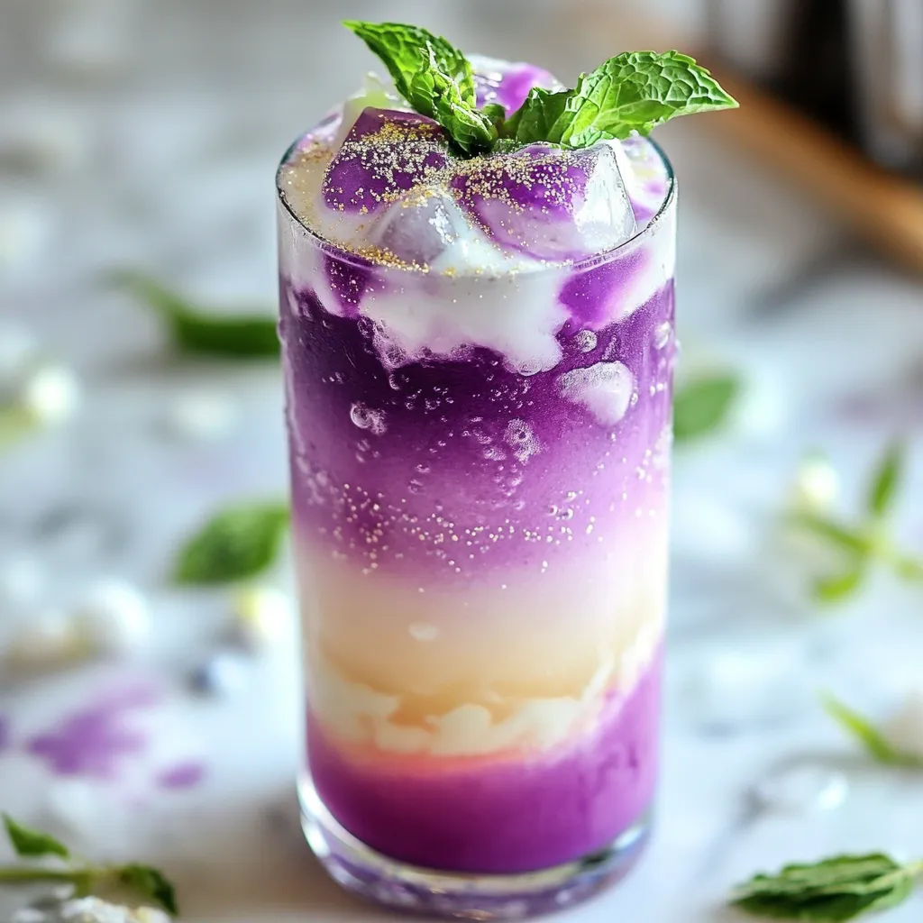 - 1 cup purple grape juice - 1 cup tonic water - 1/2 cup coconut milk - 1 tablespoon butterfly pea powder - 1 tablespoon honey or agave syrup - Edible glitter (optional) - Fresh mint leaves - Ice cubes The main ingredients create the base of the Purple Galaxy Mocktail. Purple grape juice gives a rich color and sweet flavor. Tonic water adds a bubbly touch and a hint of bitterness. Coconut milk brings creaminess and balances the sweetness. The additional ingredients add fun and flair. Butterfly pea powder is what gives this drink its stunning blue hue. Honey or agave syrup adds sweetness and helps blend the flavors. If you want, sprinkle edible glitter for a magical, sparkling effect. For the perfect garnish, fresh mint leaves add a touch of green and a fresh scent. Ice cubes keep the drink cool and refreshing. {{ingredient_image_1}} - In a cocktail shaker, combine: - 1 cup purple grape juice - 1 tablespoon honey (or agave syrup) - 1 tablespoon butterfly pea powder - Shake well until the powder dissolves. The juice will look vibrant and lively. - Fill your glass with ice cubes. - Pour in the grape juice mixture, filling it about halfway. - Next, gently pour in 1 cup of tonic water. This creates lovely layers. - Carefully add 1/2 cup of coconut milk. It will float on top, giving that galaxy look. - If you want a sparkly finish, sprinkle on a bit of edible glitter. - For a fresh aroma, garnish with mint leaves. To create the stunning layers in your Purple Galaxy Mocktail, you need to pour slowly. This helps each ingredient stay separate. Start with the juice, followed by the tonic water. Pour it gently down the side of the glass. Using butterfly pea powder is key for that vibrant color. It can change shades when mixed with lemon juice. So, if you want to try a twist, add a splash of lemon juice. Just remember to mix it well before you pour. Choose tall clear glasses for the best effect. The colors look amazing when you can see all the layers. You can also use mason jars for a fun vibe. For snacks, think light and fresh. Cheese platters with fruits or veggie sticks with dip work well. These snacks are easy to grab while enjoying the drink. You can switch up the colors or flavors easily. Try using different juices like blueberry or raspberry for a new look. Add sparkling water instead of tonic for a different taste. To make your drink unique, use fun garnishes. Try edible flowers or colorful straws. These small changes can make your mocktail stand out at any party. Pro Tips Use Chilled Ingredients: For a refreshing mocktail, ensure that your grape juice, tonic water, and coconut milk are all chilled before mixing. This helps maintain the drink’s temperature without diluting it with ice. Layering Technique: To achieve the stunning layered effect, pour the tonic water slowly over the back of a spoon after adding the grape juice mixture. This gentle pour prevents the liquids from mixing too quickly. Customize Sweetness: Adjust the sweetness of your mocktail by varying the amount of honey or agave syrup based on your personal preference. Start with less and add more to taste if needed. Creative Garnishes: Enhance the visual appeal by experimenting with different garnishes like edible flowers or citrus slices along with the mint leaves. This adds color and freshness to your drink. {{image_2}} You can switch up your Purple Galaxy Mocktail by using different juices. Try blueberry juice for a sweeter taste. Pomegranate juice adds a tart kick and deep color. You can also use sparkling water instead of tonic. This will make the drink lighter and more refreshing. The bubbles will still give you that fun effect! If you want a vegan version, it’s easy! Just swap honey for agave syrup. Agave syrup is a great sweetener that works well. You can also use dairy-free options for coconut milk. Almond milk or oat milk can be good choices. Both will still taste creamy and delicious! You can give this mocktail a seasonal spin. For summer, make a berry galaxy mocktail. Use mixed berries for a fruity flavor. In winter, try a cozy galaxy drink. Add spices like cinnamon or nutmeg for warmth. You can even create a peppermint twist by using peppermint extract. The possibilities are endless! To keep your Purple Galaxy Mocktail fresh, store leftover ingredients properly. - Grape juice: Seal in an airtight container. It stays fresh for about 5-7 days in the fridge. - Coconut milk: Store in its original can or a glass jar. It lasts about 4-7 days once opened. - Butterfly pea powder: Keep this in a cool, dry place. It can last for months if stored right. Refrigerate any fresh mint leaves in a damp paper towel. Place them in a bag to keep them fresh for a few days. Yes, you can make the base of the mocktail ahead of time. Mix the grape juice, honey, and butterfly pea powder. Store it in the fridge for up to 24 hours. When you are ready to serve, add the tonic water and coconut milk. This keeps the layers looking stunning. To serve cold, keep your glassware in the fridge or use chilled glasses. Grape juice lasts about 5-7 days in the fridge once opened. Coconut milk, once opened, lasts about 4-7 days. Check for spoilage by looking for changes in color or smell. If it smells off or has a strange texture, it’s best to throw it out. Butterfly pea powder comes from the flowers of the butterfly pea plant. It has a bright blue color and adds a stunning hue to drinks. This powder is also rich in antioxidants. It can help reduce stress and improve skin health. You can use butterfly pea powder in many recipes. Mix it into drinks, desserts, or even savory dishes for a pop of color. Yes, you can make this mocktail ahead. Prepare the grape juice mixture and store it in the fridge. Just leave out the tonic water and coconut milk until you're ready to serve. This keeps the drink fresh and fizzy. You can mix and layer everything right before your guests arrive for the best look and taste. If you want a different taste, try using sparkling water or ginger ale. These options keep the drink fizzy but change the flavor. You can also try flavored sparkling water for a twist. Just make sure to choose options that fit your dietary needs. To make your Purple Galaxy Mocktail festive, add seasonal fruits. Fresh berries or citrus slices can add color and taste. You can also change the edible glitter to match party themes. For holidays, consider adding themed garnishes. Think candy canes for winter or flower petals for spring. These small touches make your drink fun and special. This blog post covered all you need to create a stunning galaxy mocktail. We explored key ingredients like purple grape juice, tonic water, and coconut milk. You learned step-by-step instructions for perfect preparation and garnishing. Tips on achieving the galaxy effect, serving suggestions, and customization options added extra flair. Incorporating these ideas will surely impress your guests. Enjoy your journey with flavors and presentations. Get creative!