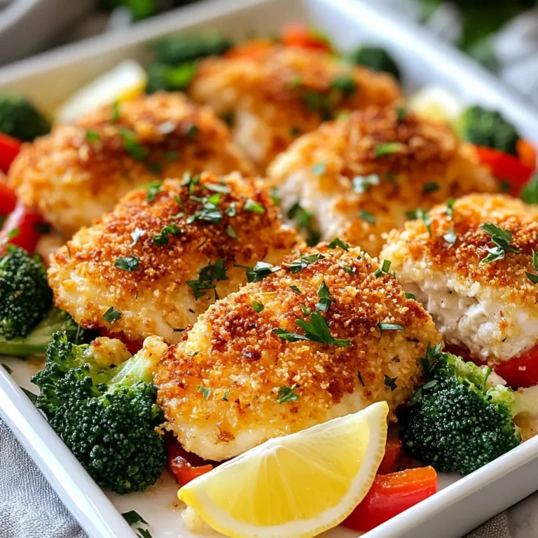 - 4 boneless, skinless chicken breasts - 1 cup grated Parmesan cheese - 1 cup panko breadcrumbs - 1/4 cup olive oil - 2 cloves garlic, minced - 1 teaspoon dried Italian herbs (oregano, basil, thyme) - 1 teaspoon paprika - Salt and pepper to taste - 2 cups broccoli florets - 1 red bell pepper, chopped - 1 lemon (zest and juice) In this recipe, the main ingredients create a tasty and crunchy dish. The chicken breasts are the star, providing a juicy base. Grated Parmesan cheese adds rich flavor. Panko breadcrumbs give a delightful crunch. Olive oil helps the coating stick and adds moisture. The seasonings enhance the flavor. Garlic adds a robust taste, while Italian herbs bring aroma. Paprika gives a hint of warmth, and salt and pepper balance the flavors. For the veggies, broccoli florets add a pop of green and nutrition. Chopped red bell pepper adds sweetness and color. Fresh lemon juice and zest brighten the dish. This combination makes every bite enjoyable and delicious. {{ingredient_image_1}} 1. Preheat your oven to 400°F (200°C). This heat helps the chicken get crispy. 2. Line a large baking sheet with parchment paper. It makes cleanup easy. 3. In a mixing bowl, combine: - 1 cup grated Parmesan cheese - 1 cup panko breadcrumbs - 2 cloves garlic, minced - 1 teaspoon dried Italian herbs - 1 teaspoon paprika - Salt and pepper to taste Mix until everything is well combined. 1. In a separate bowl, whisk together: - 1/4 cup olive oil - Zest of 1 lemon - Juice of 1 lemon This mixture adds great flavor to the chicken. 2. Dip each chicken breast in the olive oil mix. Let the excess oil drip off. 3. Coat the chicken in the Parmesan mixture. Press gently so it sticks well. 1. In the same bowl used for the breadcrumbs, toss: - 2 cups broccoli florets - 1 chopped red bell pepper Add a bit of olive oil, salt, and pepper. 2. Arrange the coated chicken on one side of the baking sheet. Spread the veggies on the other side. 3. Bake for 25-30 minutes. Check if the chicken is golden and cooked through. The internal temperature should reach 165°F (74°C). The veggies should be tender. - Achieving the perfect golden crust To get that nice golden crust, make sure to press the coating on the chicken. This helps the panko breadcrumbs and Parmesan stick well. A quick tip is to set your oven to the right temperature. I love 400°F (200°C) for a crispy finish. - Ensuring chicken remains tender To keep the chicken tender, don’t overcook it. Use a meat thermometer to check that it hits 165°F (74°C). Brining the chicken in a little saltwater for an hour before cooking works wonders too. It helps lock in moisture. - Garnishing suggestions A sprinkle of fresh parsley adds a lovely touch. You can also use lemon wedges. They not only look good but also add brightness to the dish. - Serving options for the dish Serve the chicken and veggies on a large platter. This makes it easy for everyone to help themselves. You can even add a side of rice or a fresh salad for a complete meal. - Overcooking the chicken Keep an eye on your chicken. If you let it cook too long, it can dry out. I recommend checking it a few minutes before the timer goes off. - Uneven vegetable cooking Cut your veggies evenly. Broccoli and bell peppers need to be about the same size. This way, they cook at the same rate. Toss them in oil and seasoning before spreading them out on the pan. Pro Tips Use Fresh Ingredients: Always opt for fresh chicken and vibrant vegetables to ensure maximum flavor and nutrition in your dish. Customize Your Coating: Feel free to add your favorite spices or herbs to the breadcrumb mixture for a personalized touch that enhances the flavor. Check for Doneness: Use a meat thermometer to ensure the chicken reaches an internal temperature of 165°F (74°C) for safe consumption. Let It Rest: Allow the chicken to rest for a few minutes after baking; this helps retain its juices, making it more tender and flavorful. {{image_2}} You can switch the cheese in this dish. Try using mozzarella or cheddar instead of Parmesan. Each cheese adds a unique flavor. You can also use regular breadcrumbs if panko is not available. They will still give a nice crunch but may not be as light and airy. If you want to change the veggies, use asparagus, green beans, or carrots. These also roast well in the oven. Seasonal veggies like zucchini or squash can add great taste too. They are fresh and vibrant during summer. To spice things up, add some cayenne pepper or garlic powder to the breadcrumb mix. This will give the chicken a nice kick. You can also use fresh herbs like rosemary or thyme for more flavor. These herbs work well with chicken and add a lovely aroma. To keep your Parmesan crusted chicken fresh, store leftovers in an airtight container. This helps maintain flavor and texture. You can safely refrigerate the dish for up to three days. If you want to enjoy it later, make sure to cool it down before sealing it. For longer storage, freezing is a great option. Wrap the chicken tightly in plastic wrap, then place it in a freezer bag. This prevents freezer burn. The dish can freeze well for up to three months. When you're ready to eat, thaw it overnight in the fridge. Reheat it in the oven at 350°F (175°C) for about 20 minutes, or until it's hot throughout. If you plan to use this dish for meal prep, portion the chicken and veggies into single servings. This makes it easy to grab a meal on busy days. You may store the chicken and veggies separately to keep the veggies crisp. You can mix and match with different sides throughout the week! Bake the Parmesan crusted chicken for 25 to 30 minutes at 400°F (200°C). Check for a golden crust and an internal temperature of 165°F (74°C). This ensures the chicken is safe to eat and juicy inside. Yes, you can use chicken thighs instead of breasts. Thighs have more fat, making them juicier. Adjust the baking time to about 30 to 35 minutes, as they may take a bit longer to cook. You can use regular breadcrumbs or crushed crackers. Both will still give a nice crunch. If you want a gluten-free option, try crushed cornflakes or ground nuts. To make this dish gluten-free, use gluten-free breadcrumbs instead of panko. Check your Parmesan cheese to ensure it’s gluten-free as well. This keeps the flavor while meeting dietary needs. Great side dishes include roasted vegetables, mashed potatoes, or a fresh salad. These sides balance the flavors and add color to your plate. Try a lemon vinaigrette for extra zing. This blog post covered a delicious Parmesan crusted chicken recipe. You learned about the key ingredients, including chicken, cheese, and veggies. I gave step-by-step instructions to follow for a tasty meal. You now have tips to create the perfect dish and avoid common errors. Try variations and storage tips to keep your meals fresh. Enjoy making this easy, flavorful recipe again and again. Happy cooking!