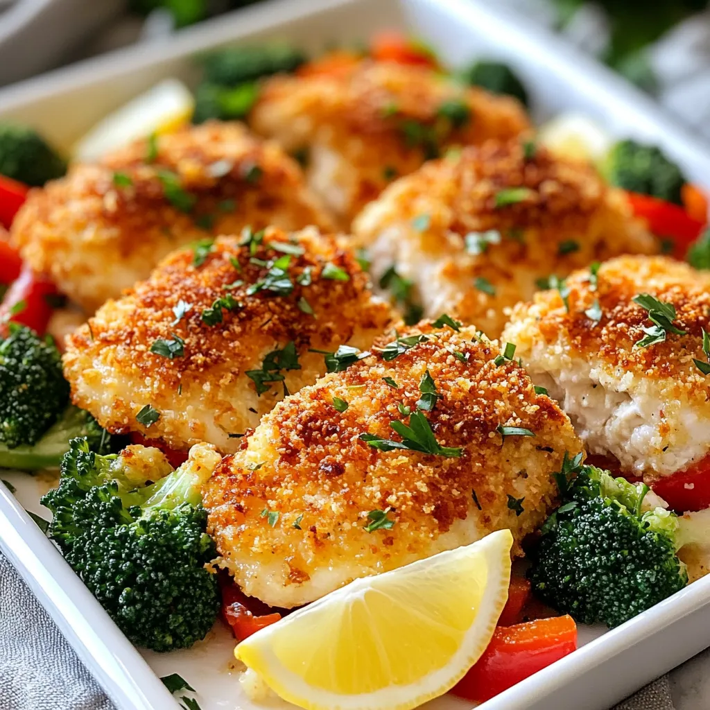 - 4 boneless, skinless chicken breasts - 1 cup grated Parmesan cheese - 1 cup panko breadcrumbs - 1/4 cup olive oil - 2 cloves garlic, minced - 1 teaspoon dried Italian herbs (oregano, basil, thyme) - 1 teaspoon paprika - Salt and pepper to taste - 2 cups broccoli florets - 1 red bell pepper, chopped - 1 lemon (zest and juice) In this recipe, the main ingredients create a tasty and crunchy dish. The chicken breasts are the star, providing a juicy base. Grated Parmesan cheese adds rich flavor. Panko breadcrumbs give a delightful crunch. Olive oil helps the coating stick and adds moisture. The seasonings enhance the flavor. Garlic adds a robust taste, while Italian herbs bring aroma. Paprika gives a hint of warmth, and salt and pepper balance the flavors. For the veggies, broccoli florets add a pop of green and nutrition. Chopped red bell pepper adds sweetness and color. Fresh lemon juice and zest brighten the dish. This combination makes every bite enjoyable and delicious. {{ingredient_image_1}} 1. Preheat your oven to 400°F (200°C). This heat helps the chicken get crispy. 2. Line a large baking sheet with parchment paper. It makes cleanup easy. 3. In a mixing bowl, combine: - 1 cup grated Parmesan cheese - 1 cup panko breadcrumbs - 2 cloves garlic, minced - 1 teaspoon dried Italian herbs - 1 teaspoon paprika - Salt and pepper to taste Mix until everything is well combined. 1. In a separate bowl, whisk together: - 1/4 cup olive oil - Zest of 1 lemon - Juice of 1 lemon This mixture adds great flavor to the chicken. 2. Dip each chicken breast in the olive oil mix. Let the excess oil drip off. 3. Coat the chicken in the Parmesan mixture. Press gently so it sticks well. 1. In the same bowl used for the breadcrumbs, toss: - 2 cups broccoli florets - 1 chopped red bell pepper Add a bit of olive oil, salt, and pepper. 2. Arrange the coated chicken on one side of the baking sheet. Spread the veggies on the other side. 3. Bake for 25-30 minutes. Check if the chicken is golden and cooked through. The internal temperature should reach 165°F (74°C). The veggies should be tender. - Achieving the perfect golden crust To get that nice golden crust, make sure to press the coating on the chicken. This helps the panko breadcrumbs and Parmesan stick well. A quick tip is to set your oven to the right temperature. I love 400°F (200°C) for a crispy finish. - Ensuring chicken remains tender To keep the chicken tender, don’t overcook it. Use a meat thermometer to check that it hits 165°F (74°C). Brining the chicken in a little saltwater for an hour before cooking works wonders too. It helps lock in moisture. - Garnishing suggestions A sprinkle of fresh parsley adds a lovely touch. You can also use lemon wedges. They not only look good but also add brightness to the dish. - Serving options for the dish Serve the chicken and veggies on a large platter. This makes it easy for everyone to help themselves. You can even add a side of rice or a fresh salad for a complete meal. - Overcooking the chicken Keep an eye on your chicken. If you let it cook too long, it can dry out. I recommend checking it a few minutes before the timer goes off. - Uneven vegetable cooking Cut your veggies evenly. Broccoli and bell peppers need to be about the same size. This way, they cook at the same rate. Toss them in oil and seasoning before spreading them out on the pan. Pro Tips Use Fresh Ingredients: Always opt for fresh chicken and vibrant vegetables to ensure maximum flavor and nutrition in your dish. Customize Your Coating: Feel free to add your favorite spices or herbs to the breadcrumb mixture for a personalized touch that enhances the flavor. Check for Doneness: Use a meat thermometer to ensure the chicken reaches an internal temperature of 165°F (74°C) for safe consumption. Let It Rest: Allow the chicken to rest for a few minutes after baking; this helps retain its juices, making it more tender and flavorful. {{image_2}} You can switch the cheese in this dish. Try using mozzarella or cheddar instead of Parmesan. Each cheese adds a unique flavor. You can also use regular breadcrumbs if panko is not available. They will still give a nice crunch but may not be as light and airy. If you want to change the veggies, use asparagus, green beans, or carrots. These also roast well in the oven. Seasonal veggies like zucchini or squash can add great taste too. They are fresh and vibrant during summer. To spice things up, add some cayenne pepper or garlic powder to the breadcrumb mix. This will give the chicken a nice kick. You can also use fresh herbs like rosemary or thyme for more flavor. These herbs work well with chicken and add a lovely aroma. To keep your Parmesan crusted chicken fresh, store leftovers in an airtight container. This helps maintain flavor and texture. You can safely refrigerate the dish for up to three days. If you want to enjoy it later, make sure to cool it down before sealing it. For longer storage, freezing is a great option. Wrap the chicken tightly in plastic wrap, then place it in a freezer bag. This prevents freezer burn. The dish can freeze well for up to three months. When you're ready to eat, thaw it overnight in the fridge. Reheat it in the oven at 350°F (175°C) for about 20 minutes, or until it's hot throughout. If you plan to use this dish for meal prep, portion the chicken and veggies into single servings. This makes it easy to grab a meal on busy days. You may store the chicken and veggies separately to keep the veggies crisp. You can mix and match with different sides throughout the week! Bake the Parmesan crusted chicken for 25 to 30 minutes at 400°F (200°C). Check for a golden crust and an internal temperature of 165°F (74°C). This ensures the chicken is safe to eat and juicy inside. Yes, you can use chicken thighs instead of breasts. Thighs have more fat, making them juicier. Adjust the baking time to about 30 to 35 minutes, as they may take a bit longer to cook. You can use regular breadcrumbs or crushed crackers. Both will still give a nice crunch. If you want a gluten-free option, try crushed cornflakes or ground nuts. To make this dish gluten-free, use gluten-free breadcrumbs instead of panko. Check your Parmesan cheese to ensure it’s gluten-free as well. This keeps the flavor while meeting dietary needs. Great side dishes include roasted vegetables, mashed potatoes, or a fresh salad. These sides balance the flavors and add color to your plate. Try a lemon vinaigrette for extra zing. This blog post covered a delicious Parmesan crusted chicken recipe. You learned about the key ingredients, including chicken, cheese, and veggies. I gave step-by-step instructions to follow for a tasty meal. You now have tips to create the perfect dish and avoid common errors. Try variations and storage tips to keep your meals fresh. Enjoy making this easy, flavorful recipe again and again. Happy cooking!