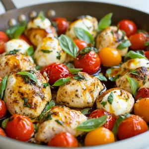 - 4 boneless, skinless chicken breasts - 2 cups cherry tomatoes, halved - 1 cup fresh mozzarella balls - 1 cup fresh basil leaves, torn - 1 tablespoon olive oil - 2 cloves garlic, minced - 1 teaspoon dried oregano - 1 teaspoon salt - &frac12; teaspoon black pepper - 2 tablespoons balsamic glaze - Extra basil for serving For this One-Pan Caprese Chicken Skillet, I use simple yet fresh ingredients. The chicken breasts form a tasty base. Cherry tomatoes add natural sweetness. Fresh mozzarella brings creaminess. Torn basil leaves give that vibrant flavor. In the seasoning part, I start with olive oil for cooking. Minced garlic adds depth. Dried oregano pairs well with the chicken. A sprinkle of salt and black pepper rounds it all out. If you want a special touch, drizzle balsamic glaze on top. Add a few extra basil leaves for a pop of green. These ingredients come together to create a dish that's not just easy to make but also delicious. {{ingredient_image_1}} To start, I heat olive oil in a large skillet over medium heat. I season the chicken breasts with dried oregano, salt, and black pepper. I make sure to coat both sides well. This adds great flavor to the chicken. Once the oil is hot, I place the chicken in the skillet. I cook each side for about 6-7 minutes. I know the chicken is ready when it turns golden brown and has an internal temperature of 165&deg;F (75&deg;C). After the chicken cooks, I add minced garlic to the skillet. I saut&eacute; it for about a minute. This step fills the kitchen with a lovely smell. Next, I toss in halved cherry tomatoes. I let them cook for about 3-4 minutes until they soften. The tomatoes add a sweet and juicy touch. Now comes the fun part! I sprinkle fresh mozzarella balls over the chicken and tomatoes. Then, I cover the skillet with a lid. I let it sit for 3-5 minutes. This helps the cheese melt perfectly. When I remove the lid, I see the gooey mozzarella ready to be enjoyed. Finally, I toss in torn basil leaves and drizzle balsamic glaze on top. This adds a fresh and tangy finish. To ensure your chicken is cooked just right, check its internal temperature. It should reach 165&deg;F (75&deg;C). Use a meat thermometer for accuracy. This step keeps your chicken juicy and safe to eat. For a golden brown color, pat the chicken dry before seasoning. This helps it sear better. Make sure your skillet is hot enough before adding the chicken. Let it cook without moving it for the first few minutes. This helps form a nice crust. Fresh herbs can boost the flavor of your dish. Try adding thyme or rosemary along with the basil. Each herb offers a unique taste. You can mix and match to find your favorite. Cheese can also change the dish's taste. If you want a sharper flavor, use aged cheddar instead of mozzarella. Goat cheese adds a creamy tang, while feta can bring a salty kick. Feel free to experiment! This dish pairs well with many sides. A fresh green salad adds crunch. You can also serve it with garlic bread for a fun twist. For a heartier meal, try it with pasta. Toss the pasta with olive oil and herbs for a nice touch. Don&rsquo;t forget to serve with crusty bread! It&rsquo;s perfect for soaking up the delicious sauce. Enjoy every bite! Pro Tips Use Fresh Ingredients: The fresher your ingredients, especially the basil and mozzarella, the more vibrant the flavors will be in your dish. Check Chicken Doneness: Always use a meat thermometer to ensure your chicken is cooked to an internal temperature of 165&deg;F (75&deg;C) for safe consumption. Customize the Veggies: Feel free to add other vegetables like bell peppers or zucchini for additional flavor and nutrients. Serve with Sides: Pair this dish with a side of pasta, rice, or a fresh salad to complete your meal. {{image_2}} If you want to make this dish fit your diet, there are easy swaps. For gluten-free options, this recipe is already safe! Just ensure your balsamic glaze is gluten-free. For low-carb variations, skip the tomatoes or use a smaller amount. You can also serve the chicken over a bed of leafy greens instead of rice or pasta. You can switch the chicken for shrimp or tofu. Shrimp cooks quickly and adds a nice taste. Tofu is great for a plant-based option. Feel free to use different vegetables too. Spinach adds color and nutrients, while zucchini adds a nice texture. Both options keep the dish fresh and exciting! Try using different balsamic glazes. Some glazes are sweeter, while others are tangy. Experiment until you find your favorite. You can also add spices for a kick. Red pepper flakes, paprika, or even cayenne pepper can spice things up. Test a little at a time to find the heat level you enjoy! To keep your One-Pan Caprese Chicken fresh, use an airtight container. Glass or plastic containers work well. Make sure the chicken cools down before sealing. Store it in the fridge for up to three days. This helps keep the flavors intact. For reheating, the stovetop is best. Heat it over low heat for about 5-7 minutes. This keeps the chicken juicy. If you use a microwave, warm it for 1-2 minutes. Check to make sure it heats evenly. You can freeze leftover Caprese Chicken for later. Use freezer-safe containers or bags. It will stay good for up to three months. To thaw, place it in the fridge overnight. Reheat it using the stovetop or microwave as mentioned above. Always check that it's heated through before eating. This dish takes about 30 minutes in total. You&rsquo;ll spend 10 minutes prepping the ingredients. Cooking the chicken and other items takes around 20 minutes. Yes, you can prep the chicken and chop the veggies ahead. Keep them in the fridge for up to two days. Cook the dish fresh when you're ready to eat. This way, you save time and enjoy the best flavors. If you need a different cheese, try these options: - Feta cheese for a tangy taste. - Goat cheese for creaminess. - Vegan cheese for plant-based diets. These choices keep the dish tasty while meeting your needs. This blog post covered a delicious One-Pan Caprese Chicken Skillet recipe. We explored the main ingredients, seasonings, and optional garnishes. I shared step-by-step cooking instructions, tips for perfect chicken, and ways to customize the dish. You can store leftovers easily and reheat them without losing flavor. Finally, I answered common questions about preparation and ingredient swaps. This meal is simple, flavorful, and fun to make. Enjoy creating your own version!