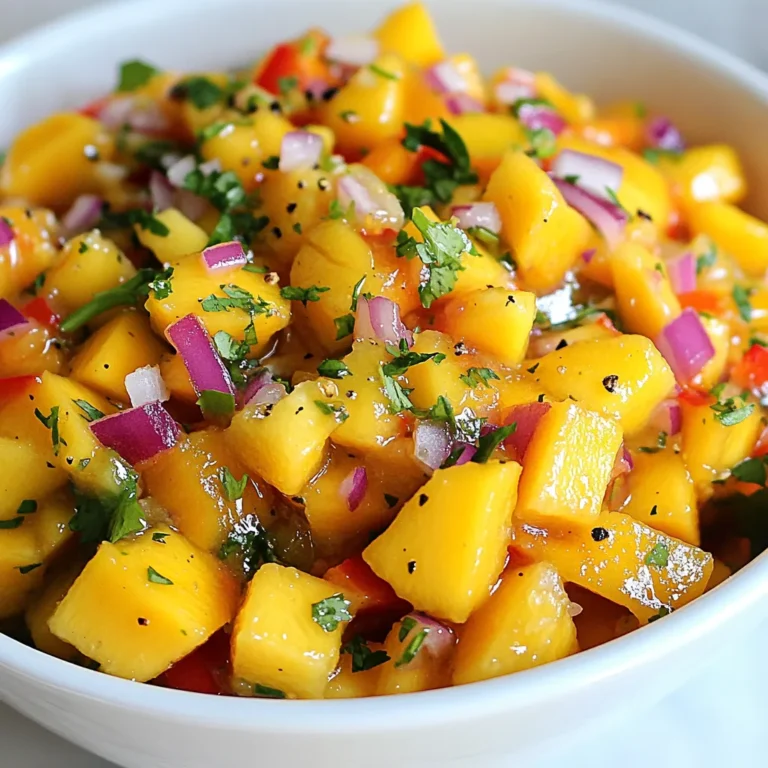 For a vibrant Mango Habanero Salsa, you need: - 2 ripe mangos, diced - 1-2 habanero peppers, finely minced - 1/2 small red onion, finely chopped - 1/4 cup fresh cilantro, chopped - 1/2 red bell pepper, diced - Juice of 1 lime - 1/2 teaspoon salt - 1/4 teaspoon black pepper These fresh ingredients give the salsa its bold and exciting flavors. The ripe mangos add sweetness and a bright color. Habanero peppers provide the heat, and red onion adds a nice crunch. Cilantro brings freshness, while lime juice gives a zesty kick. The red bell pepper adds more sweetness and color. - 1/2 teaspoon honey for sweetness If you want to balance the heat, consider adding honey. It enhances the flavor and makes the salsa even more delicious. Adjust this based on your taste. You can make this salsa your own by mixing and matching these ingredients. Get creative and enjoy exploring different flavors! {{ingredient_image_1}} First, peel the ripe mangos. Cut them around the pit. Dice the mango into small pieces and add them to a medium bowl. Next, take the habanero peppers. Use gloves to avoid the heat on your skin. Carefully mince the peppers into tiny bits and mix them with the mango. Now, let’s add more flavor. Finely chop the red onion. Toss it into the bowl with the mango and habanero. Dice the red bell pepper and add it, too. Don’t forget the fresh cilantro; chop it and mix it in. Squeeze the lime juice over everything. Add salt and black pepper to taste. If you want it sweeter, drizzle in some honey. Use a spatula to gently fold all the ingredients together. Taste your salsa and adjust the flavors. Add more lime juice, salt, or habanero if you like. Once it’s just right, cover the bowl. Chill the salsa in the fridge for at least 30 minutes. This helps all the flavors blend together nicely. To adjust the heat, you can change the amount of habanero used. Start with one pepper if you want less spice. If you love heat, use two. Always remember to wear gloves when handling habaneros. They can irritate your skin. Balancing spice with sweetness can enhance your salsa. Adding a bit of honey helps tone down the heat. Mix in honey gradually and taste as you go. You want a nice blend of spicy and sweet. You can add other herbs or spices for more flavor. Try adding a pinch of cumin or smoked paprika. These can give your salsa a unique twist. Fresh herbs like mint can also add freshness. Pairing with other ingredients can elevate your dish. Chopped avocado or diced pineapple work well. They add creaminess and sweetness, balancing the heat. Using the right tools makes prep easy. A sharp knife helps you cut mangos and peppers smoothly. A sturdy cutting board is also a must. Look for one that won’t slip while you chop. Mixing bowls are essential for combining your ingredients. Use one medium bowl for mixing and another for prep. This keeps your workspace organized and your salsa ready to enjoy. Pro Tips Choose Ripe Mangos: Look for mangos that are slightly soft to the touch and have a sweet aroma to ensure maximum flavor. Adjust Spice Level: Always taste the habanero before adding it to gauge its heat; you can always add more but can't take it out! Let it Chill: Allowing the salsa to sit for at least 30 minutes in the refrigerator enhances the flavors as they meld together. Use Fresh Ingredients: Fresh cilantro and lime juice elevate the salsa’s taste, so opt for fresh over dried or bottled versions. {{image_2}} You can switch up the fruit in your salsa. Pineapple adds a sweet twist, while peach brings a juicy taste. Both fruits pair well with the heat of habanero. You can also play with spices. If you want more heat, add jalapeño. For a savory kick, minced garlic works great too. Each change gives your salsa a new vibe. Mango Habanero Salsa shines with many dishes. It pairs well with grilled chicken or fish. You can also serve it with tacos or nachos for a fun meal. Want to create a salsa bar? Offer various salsas, chips, and fresh veggies. Guests will love mixing and matching flavors! This salsa is naturally vegan and gluten-free. If you want to keep it light, skip the honey. The mangos provide enough sweetness. You can serve this salsa at any gathering, knowing everyone can enjoy it. Just make sure to label it when you have guests with dietary needs! To keep your Mango Habanero Salsa fresh, store it in an airtight container. This helps to lock in flavor and prevent spills. Always place it in the refrigerator right after making it. The salsa will stay good for about 3 to 5 days. Check for any signs of spoilage before use. If it smells off or has a strange color, it’s best to toss it. If you want to keep your salsa longer, consider freezing it. Start by pouring the salsa into a freezer-safe bag or container. Leave some space at the top for expansion as it freezes. You can freeze it for up to 3 months. When you’re ready to use it, thaw the salsa in the fridge overnight. For a quicker option, place the bag in a bowl of cold water. Once thawed, stir it well before serving. You may want to add a splash of lime juice to refresh the flavors. Enjoy your delicious salsa with your favorite dishes! You can serve Mango Habanero Salsa with many dishes. Here are some great ideas: - Tacos: Add it to chicken, fish, or veggie tacos for a fresh kick. - Grilled meats: It pairs well with grilled chicken, pork, or shrimp. - Chips: Use it as a dip for tortilla chips or pita chips. - Burgers: Top your burgers with this salsa for an exciting flavor twist. - Salads: Mix it into green salads for a bright, zesty touch. The spiciness of this salsa depends on the habanero peppers. Habaneros can be quite hot, ranging from 100,000 to 350,000 Scoville heat units. For a milder salsa, use just one pepper or remove the seeds. If you love heat, add more habaneros. Remember, the heat can build over time, so taste as you go. Yes, you can make Mango Habanero Salsa ahead of time. I recommend preparing it at least 30 minutes before serving. This allows the flavors to meld together nicely. You can store it in the fridge for up to three days. Just be sure to cover it tightly to keep it fresh. Mango Habanero Salsa is easy and fun to make. You can use fresh ingredients like ripe mangos, habanero peppers, and lime juice. By following the steps and tips, you create a tasty salsa that fits your spice level. Consider trying different fruit and serving ideas. This salsa can add a vibrant touch to many meals. Remember to store it well for later use. Enjoy the fresh flavors, and don’t hesitate to experiment!