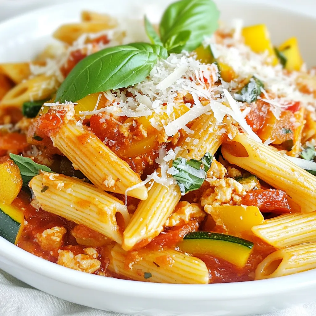 To make my Ground Turkey Pasta, gather these simple ingredients: - 1 pound ground turkey - 8 ounces whole wheat pasta (penne or fusilli) - 2 tablespoons olive oil - 1 small onion, diced - 3 cloves garlic, minced - 1 bell pepper (any color), diced - 1 zucchini, diced - 1 teaspoon Italian seasoning - 1/2 teaspoon red pepper flakes (optional) - 1 can (14.5 oz) crushed tomatoes - 1 cup low-sodium chicken broth - Salt and pepper to taste - 1/2 cup grated Parmesan cheese - Fresh basil leaves for garnish These ingredients come together to create a dish that is both tasty and filling. The ground turkey provides a lean protein option, while the whole wheat pasta adds fiber. Use fresh veggies like onions, garlic, bell peppers, and zucchini for color and flavor. The Italian seasoning and red pepper flakes give it a nice kick. The crushed tomatoes and chicken broth form a rich sauce that brings everything together. Don't forget the Parmesan cheese! It adds creaminess and depth. Finally, garnish with fresh basil for a pop of color and flavor. Now you're ready to cook! {{ingredient_image_1}} To start, bring a large pot of salted water to a boil. Add 8 ounces of whole wheat pasta. I like penne or fusilli. Cook it until it's al dente, which usually takes about 8-10 minutes. Once done, drain the pasta and set it aside. This step is simple but key for a great texture. Next, take a large skillet and heat 2 tablespoons of olive oil over medium heat. Add 1 pound of ground turkey to the pan. Use a spatula to break it apart. Cook the turkey until it turns brown, which takes about 5-7 minutes. This step adds a nice depth of flavor to your dish. Once the turkey is cooked, it’s time to add some color. Toss in 1 small diced onion, 3 minced garlic cloves, 1 diced bell pepper, and 1 diced zucchini. Sauté these veggies for about 5 minutes. You want them to be tender but still bright. After that, stir in 1 teaspoon of Italian seasoning and 1/2 teaspoon of red pepper flakes if you like a little heat. Cook for another minute until the smells fill your kitchen. Now, pour in 1 can of crushed tomatoes and 1 cup of low-sodium chicken broth. Stir everything together. Bring this mixture to a gentle simmer. Let it cook for about 10 minutes. This allows the flavors to blend beautifully. You can taste and add salt and pepper to your liking. After the sauce is ready, add the drained pasta to the skillet. Stir well to coat each piece in the sauce. This is where all the magic happens. Make sure the pasta is evenly mixed in. Taste one more time and adjust any seasonings if needed. When you’re ready to serve, remove the skillet from the heat. Sprinkle 1/2 cup of grated Parmesan cheese over the top. It adds a rich flavor. For a fresh touch, garnish with some basil leaves. Serve it hot and enjoy your flavorful meal! To cook ground turkey well, keep it simple. Start with medium heat. This helps the turkey brown nicely. Use a spatula to break it apart as it cooks. This helps it cook evenly. Ensure it reaches a safe temperature of 165°F. This makes sure it is safe to eat. Cooking whole wheat pasta is easy. Use a large pot with plenty of water. Add salt to the water for flavor. Cook the pasta until it is al dente. Check the package for timing. Drain it, but do not rinse. This keeps the starch to help sauce stick. To boost flavor, add herbs and spices. Italian seasoning is a great start. Red pepper flakes give it a kick. You can also add fresh herbs. Basil or parsley adds freshness. Another tip is to sauté your garlic until golden. This adds a rich taste to your dish. To make this dish kid-friendly, keep it mild. Skip the red pepper flakes if your kids don’t like spice. You can also add hidden veggies. Try pureeing cooked carrots or spinach into the sauce. Kids love pasta shapes like penne or fusilli. They are fun to eat and easy to hold. Pro Tips Use Lean Turkey: Opt for lean ground turkey to reduce the fat content while still keeping the dish flavorful. Customize Veggies: Feel free to add any seasonal vegetables you have on hand for a personalized touch and added nutrients. Perfect Pasta Texture: Make sure to cook the pasta al dente for the best texture and to prevent it from becoming mushy once mixed with the sauce. Enhance Flavor: Try adding a splash of balsamic vinegar or a pinch of sugar to the sauce for a deeper, more complex flavor profile. {{image_2}} You can change the sauce for ground turkey pasta to match your taste. Try a creamy Alfredo sauce for a rich twist. A simple basil pesto adds fresh flavor. You can even use a spicy marinara for a kick. Each sauce gives a new life to this dish. Not all pasta has to be the same. You can swap whole wheat pasta for gluten-free options like rice or quinoa pasta. You can try shapes like spaghetti, rotini, or even farfalle. Each type will change the texture and look of your meal. If you want a vegetarian meal, swap ground turkey for lentils or mushrooms. Use black beans for protein and added depth. Tofu also works well when crumbled. You can keep all the same veggies and sauce for a tasty dish. Seasonal ingredients can make your ground turkey pasta even better. In spring, add fresh asparagus or peas. Summer is great for ripe tomatoes and sweet corn. In fall, consider using butternut squash or kale. Winter can be brightened with fresh spinach or root veggies. These changes keep your meals fresh and exciting. To store leftovers, let the turkey pasta cool down first. Use an airtight container. Place the pasta in the container and seal it well. This helps keep it fresh. Store the container in the fridge for up to three days. When you want to eat it, just reheat! For reheating, you can use the stove or microwave. If using the stove, add a splash of water to a pan. Heat on low while stirring often until warm. If you prefer the microwave, place the pasta in a microwave-safe dish. Cover it and heat for about 1-2 minutes. Stir halfway through to heat evenly. You can freeze this dish too! First, let it cool completely. Then, place it in a freezer-safe container. Be sure to leave some space at the top, as the pasta expands. Seal the container tightly and freeze for up to three months. When you’re ready to eat it, thaw it overnight in the fridge before reheating. Yes, you can use ground turkey breast. It has less fat, making it leaner. This choice may lead to a drier dish, so add a bit more olive oil or broth. Keep an eye on cooking time, as it may brown faster. To make this dish gluten-free, use gluten-free pasta. They come in many shapes, just like regular pasta. Check the crushed tomatoes for gluten, as some brands add it. Most are safe, but always read labels. You can serve this dish with a fresh salad. A side of garlic bread works well too. For a light touch, add steamed veggies or roasted vegetables. This adds color and extra nutrients to your meal. You can cook the ground turkey and sauce ahead. Store them in the fridge for up to three days. Cook the pasta fresh when ready to eat. This keeps the pasta from getting mushy. Combine everything just before serving. You learned how to make a tasty ground turkey pasta dish. We covered the ingredients, cooking steps, and helpful tips. Try different sauces and pasta types for fun twists. Remember, storing and reheating easily keeps this dish fresh. I hope you feel confident to create and customize this meal. Enjoy your cooking adventure!