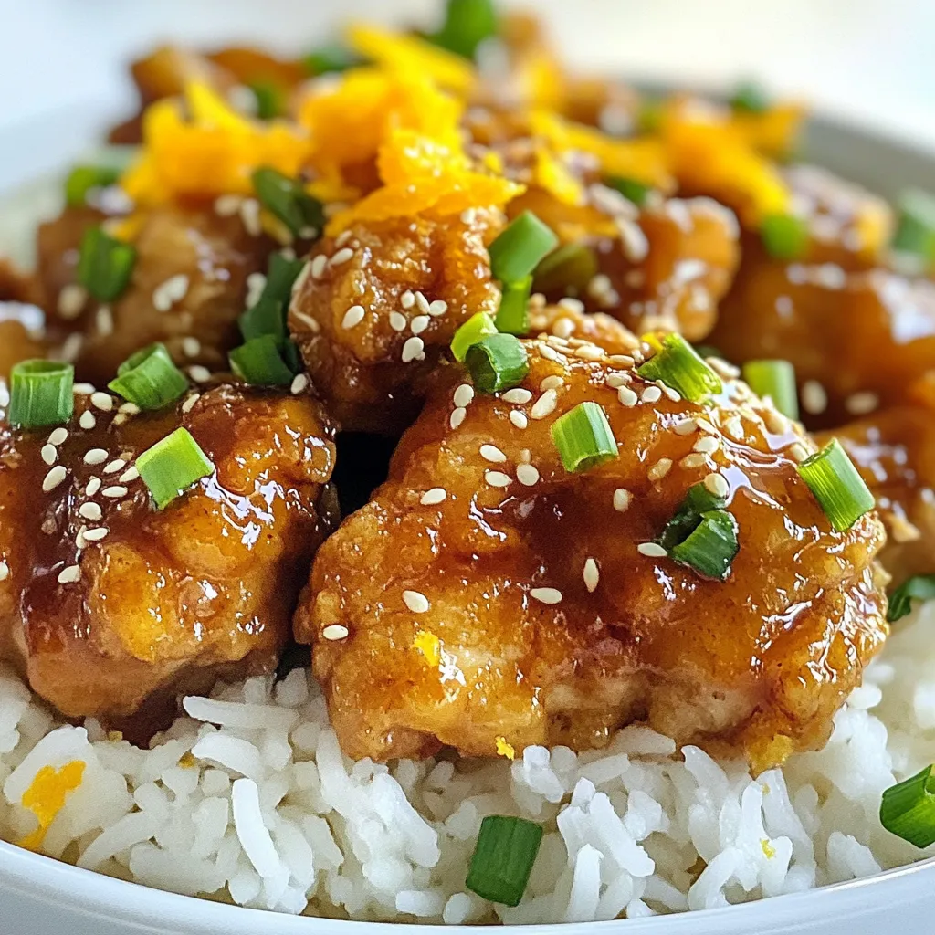 For our easy orange chicken, you need: - 1 lb boneless, skinless chicken thighs, cut into bite-sized pieces - 1/2 cup cornstarch - Salt and pepper to taste Start with the chicken thighs. They are juicy and tender. Cut them into small pieces for even cooking. Season them with salt and pepper. Toss the chicken in cornstarch. This gives a crispy texture when frying. Next, let’s gather the sauce ingredients. You will need: - 1/2 cup orange juice (freshly squeezed for best flavor) - Zest of 1 orange - 1/4 cup honey - 2 tablespoons soy sauce (low sodium preferred) - 1 tablespoon rice vinegar - 2 cloves garlic, minced - 1 teaspoon fresh ginger, minced This sauce brings bright flavors. Fresh orange juice makes it vibrant. The honey adds sweetness, while soy sauce gives depth. Garlic and ginger add warmth and spice. Finally, for garnishing, grab: - 1 tablespoon sesame seeds - 2 green onions, thinly sliced These toppings add crunch and color. Sesame seeds give a nutty flavor. Green onions add freshness and a pop of green. Together, they make your dish look and taste amazing! {{ingredient_image_1}} To start, use one pound of boneless, skinless chicken thighs. Cut them into bite-sized pieces. Place the chicken in a medium bowl and season it with salt and pepper. This adds flavor right from the start. Then, toss the chicken pieces in half a cup of cornstarch. Make sure they are all coated. This step gives the chicken a crispy texture when fried, which is key for a great dish. Now, let’s make the orange sauce. In a small bowl, combine half a cup of freshly squeezed orange juice with the zest of one orange. The zest adds a bright flavor. Add a quarter cup of honey to this mix, which gives a sweet touch. Next, include two tablespoons of low-sodium soy sauce and one tablespoon of rice vinegar. This balance of sweet and savory is important. Finally, add two cloves of minced garlic and one teaspoon of minced ginger. Whisk everything together until well combined. This sauce brings all the flavors together. Heat a quarter cup of vegetable oil in a large skillet or wok over medium-high heat. Carefully add the chicken pieces in a single layer. Fry them until they turn golden brown and are cooked through, about five to seven minutes. If your skillet is small, cook in batches. Once cooked, transfer the chicken to a plate lined with paper towels to drain any extra oil. Next, pour the orange sauce mixture into the skillet and bring it to a gentle simmer. Let it cook for about two to three minutes until it thickens slightly. Now, add the cooked chicken back into the skillet. Toss it well to coat the chicken in the sauce. Cook for an additional two minutes to heat through. Remove from heat, and you’re ready to serve. Garnish with sesame seeds and thinly sliced green onions for a fresh look. Enjoy your easy orange chicken with honey! To get that perfect crunch, start with cornstarch. Dust the chicken pieces well. This coating helps lock in moisture. When frying, use hot oil. Heat the oil to medium-high. If it’s too cold, the chicken will steam. Fry in batches to avoid crowding. Each piece needs space to crisp up. Drain the chicken on paper towels. This removes excess oil and keeps it crunchy. Balance is key in this dish. Use fresh orange juice for bright flavor. The zest adds depth, so don’t skip it. Honey brings sweetness, but adjust to taste. If it’s too sweet, add a splash of rice vinegar. Soy sauce adds saltiness. Taste the sauce before adding the chicken. Adjust flavors to your liking. A little garlic and ginger can elevate the taste, too. Serve your orange chicken over rice. Jasmine rice works great for this. You can drizzle extra sauce on top for added flavor. Garnish with sesame seeds and green onions. This adds a nice crunch and color. For a complete meal, include stir-fried vegetables. Broccoli, bell peppers, or snap peas add nutrition and vibrancy. Enjoy this dish with family or friends for a delightful meal! Pro Tips Use Fresh Ingredients: Freshly squeezed orange juice and zest will elevate the flavor of your dish. Avoid bottled juices for the best taste. Adjust Sweetness: Taste the sauce before adding the chicken. If you prefer a sweeter sauce, feel free to add more honey to suit your taste. Perfectly Crispy Chicken: Make sure the oil is hot enough before adding the chicken. This ensures a crispy coating and prevents the chicken from becoming soggy. Garnish for Flavor: Don’t skip the sesame seeds and green onions. They add a nice crunch and fresh flavor that complements the dish beautifully. {{image_2}} You can make this dish lighter. Instead of chicken thighs, use chicken breasts. They are leaner and still tasty. For frying, try using an air fryer. It cooks the chicken with less oil. You can also swap honey for agave syrup. It gives a similar sweetness with fewer calories. Want to mix things up? Try adding different juices. Pineapple juice gives a tropical twist. Lemon juice adds a nice zing. You can also switch soy sauce with tamari for a gluten-free option. Add a pinch of chili flakes for heat or fresh cilantro for a fresh taste. You can cook this dish in several ways. Besides frying, try baking the chicken at 400°F for a healthier option. Just coat the chicken in cornstarch and bake for about 20 minutes. Another method is to grill the chicken. It adds a smoky flavor and keeps it juicy. Each method changes the taste and texture, so feel free to experiment! You can store leftover orange chicken in the fridge. Place it in an airtight container. This keeps the chicken fresh for up to three days. When you are ready to eat, make sure to check for any off smells or changes in color. If it looks good, it should taste just as great! Freezing is a great option for longer storage. You can freeze the orange chicken for up to three months. Let the chicken cool completely before placing it in a freezer-safe bag. Remove as much air as you can to prevent freezer burn. Label the bag with the date. This helps you keep track of how long it’s been frozen. To reheat, you have a few options. You can use the microwave, but stovetop is best for keeping the chicken crispy. For the stovetop, heat a skillet over medium heat. Add a splash of water or broth to keep it moist. Then, add the chicken and cook until heated through. Stir often to avoid burning. If you use the microwave, heat in short bursts, checking often to prevent overcooking. Enjoy your delicious orange chicken again! Yes, you can use orange juice from concentrate. It saves time and effort. However, freshly squeezed orange juice gives a brighter taste. If you choose concentrate, make sure to mix it well. This way, you will still enjoy a tasty orange chicken. To add spice, you can mix in red pepper flakes. Start with a pinch and taste it. You can also add some sriracha or chili paste to the sauce. These will bring nice heat and flavor to your orange chicken. Just remember to balance the spice with sweetness. Orange chicken pairs well with many side dishes. Here are some great options: - Fluffy white rice - Steamed jasmine rice - Stir-fried vegetables - Fried rice - Noodles These sides will complement the sweet and tangy flavors of orange chicken. Choose your favorites for a complete meal! This blog post covered how to make orange chicken with tasty ingredients and easy steps. You learned about the right chicken and seasonings, how to make the sauce, and what garnishes to use. I shared tips for crispiness and flavor balance, along with serving ideas. Don't forget the variations and storage tips! Now, enjoy making this dish your own, and have fun experimenting. With a little practice, you'll impress everyone with your orange chicken skills.