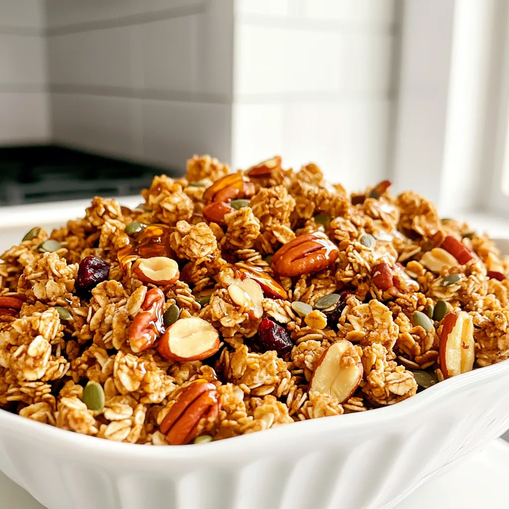 Here’s what you need for Maple Pecan Granola Clusters: - 2 cups rolled oats - 1 cup pecans, chopped - 1/2 cup almonds, chopped - 1/4 cup pumpkin seeds - 1/3 cup maple syrup - 1/4 cup coconut oil, melted - 1 tsp vanilla extract - 1/2 tsp salt - 1/2 tsp cinnamon - 1/2 cup dried cranberries or raisins (optional) You can swap some ingredients to fit your taste or needs. For instance: - Use walnuts instead of pecans for a different nut flavor. - Substitute sunflower seeds for pumpkin seeds if preferred. - Replace maple syrup with honey or agave syrup for a sweet touch. - Use olive oil instead of coconut oil if you want a lighter flavor. - Skip the dried fruits or add chocolate chips instead for a treat. Each ingredient in this recipe brings value: - Rolled oats are great for fiber. They help keep you full. - Pecans add healthy fats and antioxidants. They support heart health. - Almonds are rich in protein and vitamin E. They boost skin health. - Pumpkin seeds are high in magnesium. They help with muscle function. - Maple syrup offers natural sweetness and minerals like zinc. - Coconut oil provides healthy fats that can boost energy. - Cinnamon may help lower blood sugar and has anti-inflammatory effects. - Dried cranberries or raisins add sweetness and fiber. These ingredients work together to make a tasty and healthy snack. First, gather your ingredients. You need rolled oats, chopped pecans, chopped almonds, and pumpkin seeds. In a big bowl, mix these dry items together. Stir them well to ensure they blend nicely. In another bowl, whisk together maple syrup, melted coconut oil, vanilla extract, salt, and cinnamon. Make sure the mix is smooth and well combined. This blend adds flavor and sweetness. Now, preheat your oven to 325°F (160°C). Line a baking sheet with parchment paper to prevent sticking. Pour the wet mix over the dry ingredients in your big bowl. Stir until every oat and nut is coated. Spread this mixture on the baking sheet, pressing it down to create clusters. Bake for 20-25 minutes. Stir halfway through to ensure even baking. Watch closely, as you want it golden brown, not burnt. Once baked, take it out and let it cool completely on the baking sheet. This step is key because the granola hardens as it cools. After it's cool, break it into clusters. If you like, mix in dried cranberries or raisins at this point. Store your granola in an airtight container at room temperature. It will stay fresh for up to two weeks. Enjoy your crunchy and nutritious snack! To get those crunchy clusters, press the granola mixture down. When you spread it on the baking sheet, make sure to compact it. This helps form the clusters as it bakes. Use enough maple syrup and coconut oil to coat the oats and nuts well. This moisture helps them stick together. Bake until golden brown, but keep an eye on it. Stir halfway through to avoid burning, but don’t stir too much. You want to keep those clusters intact! One mistake is not using enough liquid. If you skip the maple syrup or oil, your granola won't stick. Another mistake is overbaking. Keep it in the oven until it looks golden, but not dark. If you stir too much, you'll break apart the clusters. Also, don’t skip cooling on the baking sheet. The granola hardens as it cools, making it crunchy. Want to boost the flavor? Add a pinch of nutmeg for warmth. You can also use different nuts like walnuts or pecans for variety. Try mixing in some chocolate chips after baking for a sweet treat. For extra sweetness, toss in dried fruit like cranberries or raisins. This adds a nice chewiness and balances the crunch. You can even sprinkle some sea salt for a sweet and salty combo! {{image_2}} You can swap out nuts and seeds in this recipe. Try using walnuts for a different flavor. Pistachios add a pop of color and taste. For seeds, sunflower seeds work great too. These options keep your granola interesting and tasty. Mix and match to find your favorite combo! While maple syrup gives a lovely flavor, you can try other sweeteners. Honey is a great choice if you want a floral note. Agave nectar is another sweet option, with a mild taste. If you prefer a low-calorie sweetener, consider using stevia. Each sweetener changes the flavor slightly, so choose what you like best! Add-ins can elevate your granola clusters. Try mixing in some dark chocolate chips for sweetness. Coconut flakes add a tropical twist. You can also add spices like nutmeg for warmth. For toppings, fresh fruit like bananas or berries pairs well. These additions make your granola even more delicious! To keep your maple pecan granola clusters fresh, store them in an airtight container. A glass jar or a plastic bin works well. Make sure the lid is tight to keep air out. This helps to keep the granola crunchy and tasty. These granola clusters stay fresh for up to two weeks at room temperature. If you want them to last longer, consider freezing them. Just remember, over time even stored granola will lose some crunch. To freeze your granola clusters, first let them cool completely. Once cooled, place them in a freezer-safe bag. Remove as much air as possible before sealing. Your clusters can last up to three months in the freezer. When you’re ready to eat, just thaw them at room temperature. To make granola clusters stick, you need to use enough liquid. In this recipe, maple syrup and melted coconut oil help bind the oats and nuts. When mixing, make sure to coat everything well. Press the mixture firmly on the baking sheet. This helps form clusters during baking. Maple pecan granola clusters are great on their own. You can also enjoy them with yogurt or milk. They add crunch to smoothie bowls or oatmeal. You could sprinkle them over ice cream for a sweet treat. Try adding fresh fruits like berries or banana slices for extra flavor. Yes, this recipe is gluten-free. The main ingredient, rolled oats, can be gluten-free. Always check the label to ensure they are certified gluten-free. Most brands now offer gluten-free oats. This way, you can enjoy your granola without any worries. This blog post covered how to make delicious granola clusters. We explored all the ingredients, tips for perfecting your batch, and smart variations. Remember to watch for common mistakes and use great storage methods to keep your clusters fresh. Granola clusters can be fun to make and easy to mix up. I hope you feel ready to try your own recipe. Enjoy every crunchy bite!