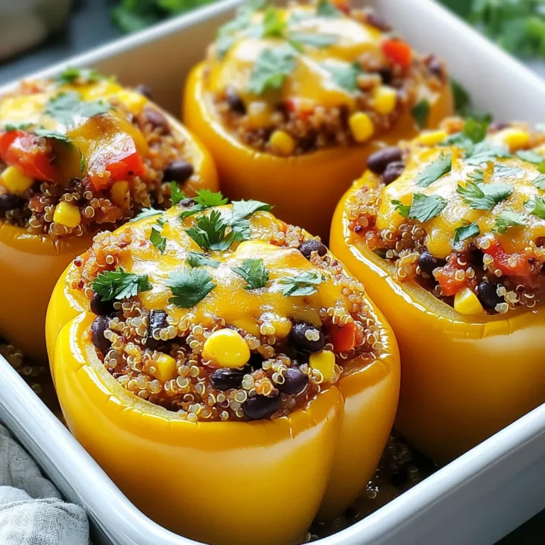 - 4 large bell peppers (any color) - 1 cup cooked quinoa (or rice) - 1 cup black beans, drained and rinsed - 1 cup corn kernels (fresh or frozen) - 1 small onion, finely chopped - 2 cloves garlic, minced - 1 tsp cumin - 1 tsp chili powder - 1 cup diced tomatoes (canned or fresh) - 1 cup shredded cheddar cheese (or vegan cheese alternative) - Salt and pepper to taste - Fresh cilantro, chopped for garnish Each stuffed pepper offers a hearty meal packed with nutrients. On average, one stuffed pepper contains: - Calories: 300 - Protein: 12g - Carbohydrates: 45g - Fiber: 10g - Fat: 10g This dish provides a good mix of protein and fiber. It keeps you full and satisfied while being colorful and fun to eat. If you want to switch things up, here are some easy swaps: - Grains: Use brown rice, farro, or couscous instead of quinoa. - Beans: Swap black beans for kidney beans or pinto beans. - Vegetables: Add chopped spinach, zucchini, or mushrooms for more flavor. - Cheese: Try feta or mozzarella cheese for a different taste. These changes can keep the recipe fresh and exciting! {{ingredient_image_1}} First, preheat your oven to 375°F (190°C). This heat helps cook the peppers well. Next, take your large bell peppers. Cut off the tops and remove the seeds and membranes. Stand them upright in a baking dish. This helps keep the filling inside. In a large skillet, add a drizzle of olive oil. Heat it over medium heat. Add the chopped onion and minced garlic. Cook for about 3 to 4 minutes until they soften. This makes the filling taste great. Now, add the cooked quinoa or rice, black beans, corn, and diced tomatoes. Sprinkle in the cumin, chili powder, salt, and pepper. Mix everything well. Let it cook for about 5 more minutes. This warms the mixture through. After that, remove the skillet from the heat. Stir in half of the shredded cheese until it melts. Now, it's time to fill the peppers. Spoon the filling into each pepper. Pack it down a little to fit it well. Once they are filled, sprinkle the rest of the cheese on top of each pepper. Cover the baking dish with aluminum foil. Bake for 25 minutes. After that, remove the foil. Bake for another 10 to 15 minutes. The peppers should be tender, and the cheese should be bubbly and golden. Let them cool for a few minutes before serving. Garnish with fresh cilantro for a nice touch! When cooking peppers, choose large and firm ones. They hold the filling better. Wash them well and cut off the tops. Remove seeds and membranes. This helps the flavor shine through. Always preheat your oven to 375°F (190°C). This ensures even cooking. Use a baking dish that fits the peppers snugly. This keeps them upright while baking. To get cheese that melts perfectly, use shredded cheese. It melts faster than blocks. Mix half of the cheese into the filling. This makes it creamy inside. Then, add the rest on top of the peppers. Covering the dish with foil helps steam the cheese, making it gooey. Remove the foil towards the end for a golden top. One common mistake is overcooking the peppers. Cook them just until tender. They should still hold their shape. Another mistake is using too much filling. Pack the filling gently inside. If you overstuff, it may spill out. Also, don’t skip the seasoning. A little salt and pepper go a long way. Lastly, remember to let the peppers cool before serving. This helps the flavors to settle. Pro Tips Choosing Peppers: Opt for peppers that are firm and have no blemishes for the best texture and flavor. Layering Flavors: Add spices or herbs like oregano or smoked paprika to enhance the flavor profile of the stuffing. Cheese Variations: Feel free to experiment with different cheeses like feta or mozzarella for a unique twist. Make-Ahead Tip: Prepare the stuffing and fill the peppers a day in advance; just bake them when ready to serve. {{image_2}} You can easily make vegetarian stuffed peppers. Just skip the black beans and add more veggies. Use mushrooms, zucchini, or spinach for a fresh taste. You can also add lentils for protein. Replace the cheese with a vegan option if you want. This keeps the dish hearty and colorful. If you are watching carbs, swap out the quinoa or rice. Use cauliflower rice instead. It has fewer carbs and still gives a filling texture. You can also skip the corn to lower the carbs further. This way, you keep the flavor without the extra carbs. Feel free to mix up the spices in this recipe. Try using smoked paprika for a deeper flavor. Add cayenne pepper if you like some heat. You can change the grains too. Instead of quinoa, try farro or barley for different textures. For the beans, kidney beans or chickpeas work well, too. Each change adds a unique twist to your stuffed peppers. After you enjoy your stuffed peppers, let them cool. Place them in a safe container. Make sure to cover the container well. You can store them in the fridge for up to three days. If you want to keep them longer, freezing is a great option. To freeze your stuffed peppers, first cool them completely. Wrap each pepper tightly in plastic wrap. Then, place wrapped peppers in a freezer bag. This helps prevent freezer burn. You can freeze them for up to three months. When you are ready to eat, just thaw them in the fridge overnight. To reheat your stuffed peppers, you have a few options. The oven works great. Preheat your oven to 350°F (175°C). Place the peppers in a baking dish. Cover them with foil to keep them moist. Bake for about 20 minutes until heated through. You can also use the microwave. Simply place a pepper on a plate and heat for 2-3 minutes. Check if it's hot enough before eating. Yes, you can prepare stuffed peppers in advance. Fill the peppers, then cover them tightly. Store them in the fridge for up to two days. When ready to cook, just bake them as normal. This saves time on busy days and makes meals easy. You can get creative with your fillings! Try using: - Ground meat like beef or turkey - Lentils for a plant-based option - Rice mixed with different vegetables - Cheese blends for extra flavor Feel free to experiment with spices and herbs to match your taste. Stuffed peppers are done when they are tender. You can check by gently poking them with a fork. The cheese should be bubbly and golden. If they need more time, just bake for another five minutes. Enjoy the delicious aroma while they cook! In this post, we explored how to make stuffed peppers. We went over the key ingredients, their nutrition, and tasty swaps. I shared step-by-step instructions to prepare and bake them. You got tips for cooking peppers perfectly and avoiding common mistakes. We also discussed tasty variations and how to store leftovers. Stuffed peppers are versatile and fun to make. Enjoy your cooking and find your favorite flavors!