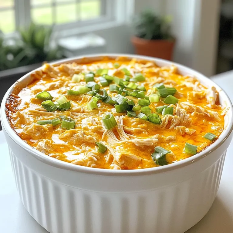 For the best Crockpot Buffalo Chicken Dip, you need simple and tasty items. Here’s what to gather: - 2 cups shredded rotisserie chicken - 8 oz cream cheese, softened - 1 cup buffalo sauce (adjust to taste) - 1 cup Greek yogurt - 1 cup shredded cheddar cheese - 1/2 cup ranch dressing - 2 green onions, finely sliced - 1 tablespoon garlic powder - Salt and pepper to taste These ingredients combine to create a creamy, spicy dip that everyone loves. You can change some ingredients for different flavors. Here are some ideas: - Chicken: Use grilled chicken or canned chicken for a quick option. - Cheese: Try using pepper jack cheese for extra spice or mozzarella for a milder taste. - Buffalo Sauce: Use a milder sauce if you want less heat or a hotter sauce for more kick. - Yogurt: Swap Greek yogurt with sour cream if you prefer a richer taste. These swaps keep the dip exciting and fresh! When picking ingredients, quality matters. Here are my tips: - Shredded Chicken: Use rotisserie chicken for flavor and ease. Look for fresh ones without preservatives. - Cream Cheese: Choose full-fat cream cheese for creaminess. It melts better than low-fat varieties. - Buffalo Sauce: Go for a brand you like. The flavor of the sauce will shine through in the dip. - Fresh Green Onions: Pick green onions that are firm with bright green tops. This adds freshness to your dish. By selecting great ingredients, you set your dish up for success! {{ingredient_image_1}} Start by gathering your ingredients. You need: - 2 cups shredded rotisserie chicken - 8 oz cream cheese, softened - 1 cup buffalo sauce (adjust to taste) - 1 cup Greek yogurt - 1 cup shredded cheddar cheese - 1/2 cup ranch dressing - 2 green onions, finely sliced - 1 tablespoon garlic powder - Salt and pepper to taste In a medium bowl, mix the softened cream cheese, Greek yogurt, and ranch dressing. Stir until it’s smooth. Then, add the buffalo sauce and garlic powder. Mix well to combine these flavors. Now, take your crockpot and layer the shredded rotisserie chicken at the bottom. Pour that creamy buffalo mixture over the chicken. Spread it evenly. Next, top with the shredded cheddar cheese and half of the sliced green onions. Cover the crockpot with its lid and cook on low for 2 hours. Stir occasionally to help it heat evenly. You’ll know it’s ready when it’s heated through and bubbly. Once cooking is done, taste the dip. Adjust the seasoning with salt and pepper if needed. Give it a good stir to mix everything together. Before serving, garnish with the remaining sliced green onions. This adds color and freshness. Enjoy your dip hot, served with chips or veggies! To make your Buffalo chicken dip even tastier, use fresh ingredients. Fresh green onions add a nice crunch. You can also mix in some smoked paprika for a deeper flavor. If you like heat, add more buffalo sauce. Try different brands for unique tastes. A squeeze of lemon juice can brighten up the dip, too. One common mistake is overcooking the dip. Keep an eye on the time and stir often. This helps keep the dip creamy. Also, don’t skip the salt and pepper. They balance the flavors well. Some people forget to taste before serving. Always check the flavor and adjust if needed. Serve this dip hot with crunchy tortilla chips. Veggies like celery and carrots also work well. You can use pita chips for a different twist. For a fun touch, serve it in a bread bowl. Garnish the dip with extra green onions for color. Enjoy it at parties, game days, or cozy nights in! Pro Tips Adjust the Heat: If you prefer a milder dip, start with less buffalo sauce and gradually add more until it reaches your desired level of spiciness. Use Fresh Ingredients: For the best flavor, opt for fresh green onions and quality buffalo sauce. The freshness can elevate the overall taste of your dip. Perfect Pairings: This dip pairs wonderfully with celery sticks, tortilla chips, or even toasted baguette slices for a delightful crunch. Make-Ahead Option: You can prepare the dip a day in advance. Just store it in the fridge and heat it up in the crockpot for a quick and easy appetizer. {{image_2}} You can easily adjust the heat in your dip. For a spicy kick, use extra buffalo sauce. You can also choose a hotter sauce, like a ghost pepper sauce. If you prefer mild, reduce the buffalo sauce to half a cup. Mix in a bit of extra Greek yogurt to tone down the heat. This way, you keep the creamy texture, but lower the spice level. Cheese is the star of any dip. While cheddar cheese works great, feel free to mix it up. Try using pepper jack for a spicy twist. You can also use mozzarella for a milder taste. Adding cream cheese helps create a rich and smooth base. Mixing different cheeses gives your dip a unique flavor and texture. Experiment to find your favorite blend. If you want a healthier version, swap some ingredients. Use low-fat cream cheese and Greek yogurt. These cuts keep the flavor but reduce fat. You can also use grilled chicken instead of rotisserie chicken. This option is leaner and adds a nice smoky flavor. Serve with fresh veggies like carrots and celery for dipping. It’s a tasty and guilt-free snack! To keep your buffalo chicken dip fresh, store it in an airtight container. Let it cool to room temperature first. This helps avoid condensation, which can make the dip watery. Label the container with the date so you know when to use it. Leftovers are best if eaten within three to five days. When you're ready to enjoy leftovers, reheat them gently. You can use a microwave or stovetop. If using a microwave, heat in short bursts of 30 seconds. Stir in between to heat evenly. For the stovetop, place the dip in a small pot over low heat. Stir often until it’s warm. If the dip seems dry, add a splash of ranch dressing or buffalo sauce. If you want to save some for later, freezing is a great option. Transfer the dip into a freezer-safe container. Make sure to leave some space at the top. The dip can expand while freezing. It’s best to use it within two to three months. To thaw, place it in the fridge overnight. Reheat it gently as mentioned before. Yes, you can make this dip in advance. Prepare the dip, but do not cook it. Store it in the fridge for up to three days. When you're ready, just pour it into the crockpot and cook on low for two hours. This makes it great for parties or game day. You can serve Buffalo Chicken Dip with many tasty options. Here are some of my favorites: - Tortilla chips - Celery sticks - Carrot sticks - Sliced bell peppers - Crackers - Pita bread These choices add a nice crunch and balance the dip's creaminess. To adjust the spice level, you can change the amount of buffalo sauce. Start with half a cup for a mild dip. If you like it spicy, add more sauce until it meets your taste. You can also try adding a bit of hot sauce for extra kick. Enjoy finding your perfect heat! This blog post covered how to make the perfect Buffalo Chicken Dip. We discussed the best ingredients, step-by-step instructions, and helpful tips. You learned how to enhance flavor and avoid common mistakes. We also shared variations and storage info for leftovers. In closing, this dip is a crowd-pleaser. With these tips, you can impress your guests every time you serve it. Happy cooking!