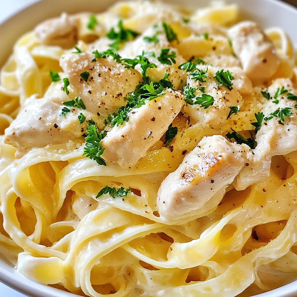 For this dish, you need two boneless, skinless chicken breasts. This cut cooks fast and stays juicy. Season them well with salt, pepper, and Italian seasoning for great flavor. You will need 8 ounces of fettuccine or penne pasta. Both types work nicely. They hold the sauce well and add a nice bite to your meal. The creamy sauce needs four tablespoons of unsalted butter. Garlic is key, so use four cloves, minced. You also need one cup of heavy cream and one cup of grated Parmesan cheese. These make the sauce rich and tasty. You will use one teaspoon of Italian seasoning. Adjust salt and pepper to your taste. For garnish, chop some fresh parsley. This adds color and a hint of freshness to your dish. {{ingredient_image_1}} Start by boiling water in a large pot. Add a pinch of salt. When the water bubbles, toss in 8 ounces of fettuccine or penne pasta. Cook it according to the package directions until it's al dente. This usually takes about 8-10 minutes. Drain the pasta and set it aside. Be sure to save 1 cup of pasta water for later. While the pasta cooks, grab 2 boneless, skinless chicken breasts. Season them with salt, pepper, and 1 teaspoon of Italian seasoning. In a skillet, heat 2 tablespoons of butter over medium-high heat. Add the chicken and cook for 5-7 minutes on each side. Look for the chicken to turn golden and no longer pink in the middle. Once done, take it out and let it rest. When it cools, slice it into strips. In the same skillet, lower the heat to medium. Add the remaining 2 tablespoons of butter. Once it melts, add 4 minced garlic cloves. Sauté for 1-2 minutes. You want it fragrant, but don’t let it brown. Next, slowly pour in 1 cup of heavy cream while stirring. Then, gradually mix in 1 cup of grated Parmesan cheese. If the sauce feels thick, use that reserved pasta water to thin it out a bit. Now, return the cooked pasta to the skillet. Toss it in the creamy sauce to coat it well. Add the sliced chicken on top and mix everything. Taste it and, if needed, add more salt and pepper. Plate the creamy garlic Parmesan chicken pasta. For a nice touch, garnish each dish with chopped fresh parsley. You can also sprinkle more Parmesan cheese on top for extra flavor. Enjoy this easy and tasty meal! For this recipe, I like using fettuccine or penne. Fettuccine’s flat shape holds sauce well. Penne’s tube shape captures the sauce inside. Either choice works great, so pick what you love! To make a creamy sauce, use heavy cream. Start by melting butter in the skillet. Add minced garlic and cook until it smells good. Slowly pour in the cream and stir. Add grated Parmesan cheese bit by bit. If the sauce is too thick, mix in a little pasta water. This will help keep it creamy and smooth. Start with boneless, skinless chicken breasts. Season them with salt, pepper, and Italian seasoning. Heat butter in a skillet and cook the chicken for 5-7 minutes on each side. Check that there is no pink in the center. Let the chicken rest before slicing it. This keeps it juicy and tender. To make your dish look great, use fresh parsley. Chop it finely and sprinkle it on top. You can add an extra sprinkle of Parmesan cheese too. This makes the dish colorful and adds flavor. Serve it on warm plates for a nice touch! Pro Tips Use Fresh Garlic: Freshly minced garlic adds a robust flavor to your sauce, enhancing the overall taste of the dish. Cook Pasta Al Dente: Cooking the pasta until just al dente ensures it maintains a firm texture and won't become mushy when mixed with the sauce. Reserve Pasta Water: The starchy pasta water can help adjust the consistency of your sauce, making it creamier and helping it adhere to the pasta better. Garnish Generously: Adding fresh parsley and extra Parmesan not only enhances the visual appeal but also boosts the flavor profile of the dish. {{image_2}} You can boost nutrition by adding vegetables to your pasta. Some great options include spinach, broccoli, or bell peppers. Simply sauté them in the same skillet before adding the garlic. This keeps the veggies tender yet crisp. Toss in a handful of fresh spinach at the end for a pop of color and flavor. It wilts quickly and adds a nice touch. If you like heat, add red pepper flakes to your sauce. Start with 1/4 teaspoon, and adjust to your taste. You can also use diced jalapeños for a fresher kick. For an extra spicy twist, try adding a splash of hot sauce when mixing in the chicken and pasta. This gives your dish a bold flavor that can excite your taste buds. You can swap chicken for other proteins to change things up. Shrimp works great in this dish. Cook the shrimp until pink and opaque, just like the chicken. For a lighter option, use cooked tofu or chickpeas. Both add texture and flavor while keeping it vegetarian. Each protein brings a new taste and makes the dish your own. Store your chicken garlic Parmesan pasta in an airtight container. Make sure it cools first. It lasts about 3 to 4 days in the fridge. When you are ready to eat, check for any signs of spoilage. If it looks or smells off, throw it away. If you want to keep it longer, freezing works well. Place the pasta in a freezer-safe container. Make sure to leave some space at the top for expansion. It stays good in the freezer for about 2 to 3 months. To prevent freezer burn, wrap it tightly with plastic wrap before sealing. To reheat, use the microwave or a skillet. If using the microwave, heat in short bursts. Stir in between to avoid hot spots. If using a skillet, add a splash of water or broth. This keeps the pasta moist. Heat on low until warmed through. Enjoy your delicious meal again! You can use whole milk mixed with butter. Combine 3/4 cup of milk with 1/4 cup of melted butter. This mix gives a similar texture. You can also try using half-and-half. It will still keep your dish creamy. To make Chicken Garlic Parmesan Pasta gluten-free, use gluten-free pasta. Many brands offer great options that taste good. You can find these in most stores. Just check the label to ensure it is gluten-free. Yes, you can prepare this dish ahead of time. Cook the pasta and chicken as directed. Then, store them separately in airtight containers. When you’re ready to eat, just reheat and combine. Leftovers can last up to three days in the fridge. Store them in an airtight container. To keep them fresh, eat them within this time. Reheat in the microwave or on the stove until heated through. This blog post covers everything you need for Chicken Garlic Parmesan Pasta. We discussed key ingredients like chicken, pasta, and sauce. You learned simple steps from cooking the chicken to perfecting the rich sauce. I shared helpful tips for choosing pasta and making it look great on the plate. We explored fun variations, storage methods, and answered common questions. Now, with all this info, you can make a delicious meal that will impress! Enjoy cooking and share your tasty dish with others.