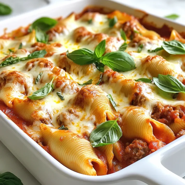To make hearty stuffed shells, you need the following ingredients: - 12 large pasta shells - 1 lb ground beef - 1 cup ricotta cheese - 1 cup shredded mozzarella cheese, divided - 1/2 cup grated Parmesan cheese - 1 large egg - 2 cloves garlic, minced - 1 teaspoon dried Italian herbs (oregano, basil, thyme) - 3 cups marinara sauce - Salt and pepper to taste - Fresh basil leaves for garnish For pasta, I recommend Barilla or Ronzoni. They cook well and hold their shape. For cheese, look for Galbani or BelGioioso for ricotta and mozzarella. Both brands offer great quality and taste. For Parmesan, Grana Padano works well too. If you have dietary needs, you can make swaps. For a gluten-free option, use gluten-free pasta shells. You can replace ground beef with turkey or chicken for a leaner dish. If you’re lactose intolerant, try dairy-free ricotta and cheese. These options keep your meal tasty and satisfying. {{ingredient_image_1}} Start by boiling the large pasta shells. Use salted water and follow the package instructions. Cook them until they are al dente. This means they should be firm but not hard. Once cooked, drain the shells and let them cool. This step helps prevent them from sticking together. Next, heat a skillet over medium heat. Add the ground beef and break it apart as it cooks. Brown the meat until it is fully cooked. Drain any excess fat. Now, add minced garlic and cook for one more minute. This adds a nice flavor to the meat. In a mixing bowl, combine the cooked ground beef with ricotta cheese, half of the mozzarella, Parmesan, egg, dried herbs, salt, and pepper. Mix everything well until it is smooth. Take a tablespoon of this mixture and carefully stuff each pasta shell. Place the stuffed shells seam side up in a baking dish. Spread one cup of marinara sauce on the bottom of a 9x13-inch baking dish. Arrange the stuffed shells over the sauce in a single layer. Pour the remaining marinara sauce over the shells, then sprinkle the rest of the mozzarella on top. Cover the baking dish with aluminum foil. Bake in the oven, preheated to 375°F (190°C), for 25 minutes. After 25 minutes, remove the foil. Bake for another 10 to 15 minutes until the cheese is bubbly and golden. Once done, let the dish cool for a few minutes before serving. Garnish with fresh basil leaves for an extra touch. To keep your pasta shells from sticking, follow these steps: - Cook them in boiling water with salt. - Stir them gently while they cook. - Drain and rinse the shells with cold water. - Toss them in a little olive oil. This will help each shell stay separate and easy to stuff. For a creamy filling, use these tips: - Mix ricotta cheese with an egg. - Add some grated Parmesan for richness. - Use fresh minced garlic for flavor. - Make sure to blend everything well. This results in a smooth and tasty filling that melts in your mouth. Adding spices can take your stuffed shells to the next level. - Use dried Italian herbs like oregano and basil. - Add a pinch of red pepper flakes for heat. - Try a dash of nutmeg for warmth. These flavors blend well with the meat and cheese, making each bite more exciting. Pro Tips Perfect Pasta: When boiling the shells, make sure to cook them al dente, as they will continue to cook in the oven. Flavor Boost: Add extra herbs or spices to the meat mixture for added flavor; a pinch of red pepper flakes can add a nice kick. Cheesy Goodness: For a more decadent dish, substitute some of the ricotta with mascarpone cheese for a creamier texture. Make Ahead: You can prepare the stuffed shells a day in advance and keep them in the fridge; just add a few extra minutes to the baking time. {{image_2}} You can easily make stuffed shells without meat. Try using spinach, mushrooms, or zucchini. Mix these veggies with ricotta cheese for a tasty filling. You can also add fresh herbs like basil or parsley. This gives the dish a fresh taste. Switching up the meat can change the flavor. Ground sausage works well for a spicy kick. Turkey is a leaner option if you want a healthier choice. You can even mix different meats for a unique taste. Just cook the meat fully before mixing it with the cheese. While marinara sauce is classic, you can try new sauces. Alfredo sauce adds creaminess and richness. Pesto gives a fresh, bright flavor. You can even blend sauces for a custom taste. Just pour your chosen sauce over the shells before baking. After you enjoy your stuffed shells, let them cool down first. Place the leftovers in an airtight container. This helps keep them fresh. Store them in the fridge. They will stay good for about 3 to 5 days. If you have more, consider freezing them for later. To freeze stuffed shells, first, cool them completely. Then, wrap them tightly in plastic wrap. You can also use aluminum foil. Place the wrapped shells in a freezer-safe container or bag. They can last for up to 3 months in the freezer. Label the container with the date, so you remember when you made them. To reheat stuffed shells, preheat your oven to 350°F (175°C). Place the shells in a baking dish. Add a bit of marinara sauce on top to keep them moist. Cover the dish with foil to prevent drying out. Bake for about 20 to 25 minutes, or until they are hot throughout. You can also use a microwave for quick reheating. Just make sure to cover them and heat in short bursts for best results. Yes, you can make stuffed shells ahead of time. Prepare the shells and filling, then stuff them. Place the shells in a baking dish, cover with sauce, and refrigerate. You can bake them the next day. Just add a few extra minutes to the baking time if they are cold. Stuffed shells pair well with many sides. Here are some great options: - Garlic bread - A fresh garden salad - Roasted vegetables - Steamed broccoli These sides add flavor and balance to your meal. Stuffed shells are done when the cheese is bubbly and golden. Remove the foil after the first 25 minutes. Check the shells after an additional 10 to 15 minutes. If the cheese is melted and slightly browned, they are ready to serve. Yes, you can substitute ricotta cheese. Here are some alternatives: - Cottage cheese for a lower-fat option - Cream cheese for a richer taste - Blended tofu for a dairy-free choice Each option will change the flavor and texture slightly, but they work well in the dish. We’ve explored how to make delicious stuffed pasta shells step-by-step. You learned about ingredients, including brands and alternatives for different diets. The cooking process helps ensure a perfect filling and assembly. I shared handy tips to prevent sticking and enhance flavor. Finally, we discussed storage and ways to enjoy your leftovers. Now, you have all the tools to create tasty stuffed shells your way. Get in the kitchen and make a dish that delights everyone!