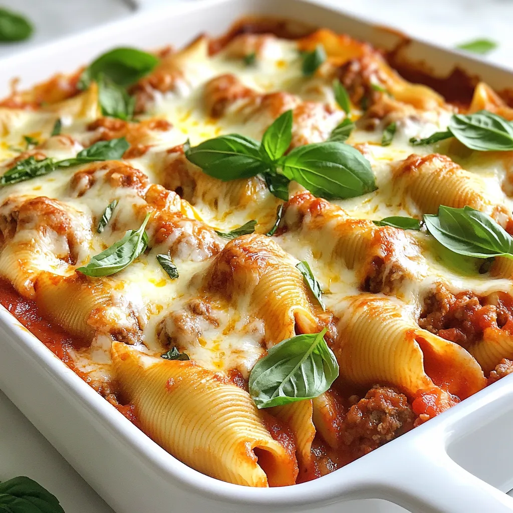 To make hearty stuffed shells, you need the following ingredients: - 12 large pasta shells - 1 lb ground beef - 1 cup ricotta cheese - 1 cup shredded mozzarella cheese, divided - 1/2 cup grated Parmesan cheese - 1 large egg - 2 cloves garlic, minced - 1 teaspoon dried Italian herbs (oregano, basil, thyme) - 3 cups marinara sauce - Salt and pepper to taste - Fresh basil leaves for garnish For pasta, I recommend Barilla or Ronzoni. They cook well and hold their shape. For cheese, look for Galbani or BelGioioso for ricotta and mozzarella. Both brands offer great quality and taste. For Parmesan, Grana Padano works well too. If you have dietary needs, you can make swaps. For a gluten-free option, use gluten-free pasta shells. You can replace ground beef with turkey or chicken for a leaner dish. If you’re lactose intolerant, try dairy-free ricotta and cheese. These options keep your meal tasty and satisfying. {{ingredient_image_1}} Start by boiling the large pasta shells. Use salted water and follow the package instructions. Cook them until they are al dente. This means they should be firm but not hard. Once cooked, drain the shells and let them cool. This step helps prevent them from sticking together. Next, heat a skillet over medium heat. Add the ground beef and break it apart as it cooks. Brown the meat until it is fully cooked. Drain any excess fat. Now, add minced garlic and cook for one more minute. This adds a nice flavor to the meat. In a mixing bowl, combine the cooked ground beef with ricotta cheese, half of the mozzarella, Parmesan, egg, dried herbs, salt, and pepper. Mix everything well until it is smooth. Take a tablespoon of this mixture and carefully stuff each pasta shell. Place the stuffed shells seam side up in a baking dish. Spread one cup of marinara sauce on the bottom of a 9x13-inch baking dish. Arrange the stuffed shells over the sauce in a single layer. Pour the remaining marinara sauce over the shells, then sprinkle the rest of the mozzarella on top. Cover the baking dish with aluminum foil. Bake in the oven, preheated to 375°F (190°C), for 25 minutes. After 25 minutes, remove the foil. Bake for another 10 to 15 minutes until the cheese is bubbly and golden. Once done, let the dish cool for a few minutes before serving. Garnish with fresh basil leaves for an extra touch. To keep your pasta shells from sticking, follow these steps: - Cook them in boiling water with salt. - Stir them gently while they cook. - Drain and rinse the shells with cold water. - Toss them in a little olive oil. This will help each shell stay separate and easy to stuff. For a creamy filling, use these tips: - Mix ricotta cheese with an egg. - Add some grated Parmesan for richness. - Use fresh minced garlic for flavor. - Make sure to blend everything well. This results in a smooth and tasty filling that melts in your mouth. Adding spices can take your stuffed shells to the next level. - Use dried Italian herbs like oregano and basil. - Add a pinch of red pepper flakes for heat. - Try a dash of nutmeg for warmth. These flavors blend well with the meat and cheese, making each bite more exciting. Pro Tips Perfect Pasta: When boiling the shells, make sure to cook them al dente, as they will continue to cook in the oven. Flavor Boost: Add extra herbs or spices to the meat mixture for added flavor; a pinch of red pepper flakes can add a nice kick. Cheesy Goodness: For a more decadent dish, substitute some of the ricotta with mascarpone cheese for a creamier texture. Make Ahead: You can prepare the stuffed shells a day in advance and keep them in the fridge; just add a few extra minutes to the baking time. {{image_2}} You can easily make stuffed shells without meat. Try using spinach, mushrooms, or zucchini. Mix these veggies with ricotta cheese for a tasty filling. You can also add fresh herbs like basil or parsley. This gives the dish a fresh taste. Switching up the meat can change the flavor. Ground sausage works well for a spicy kick. Turkey is a leaner option if you want a healthier choice. You can even mix different meats for a unique taste. Just cook the meat fully before mixing it with the cheese. While marinara sauce is classic, you can try new sauces. Alfredo sauce adds creaminess and richness. Pesto gives a fresh, bright flavor. You can even blend sauces for a custom taste. Just pour your chosen sauce over the shells before baking. After you enjoy your stuffed shells, let them cool down first. Place the leftovers in an airtight container. This helps keep them fresh. Store them in the fridge. They will stay good for about 3 to 5 days. If you have more, consider freezing them for later. To freeze stuffed shells, first, cool them completely. Then, wrap them tightly in plastic wrap. You can also use aluminum foil. Place the wrapped shells in a freezer-safe container or bag. They can last for up to 3 months in the freezer. Label the container with the date, so you remember when you made them. To reheat stuffed shells, preheat your oven to 350°F (175°C). Place the shells in a baking dish. Add a bit of marinara sauce on top to keep them moist. Cover the dish with foil to prevent drying out. Bake for about 20 to 25 minutes, or until they are hot throughout. You can also use a microwave for quick reheating. Just make sure to cover them and heat in short bursts for best results. Yes, you can make stuffed shells ahead of time. Prepare the shells and filling, then stuff them. Place the shells in a baking dish, cover with sauce, and refrigerate. You can bake them the next day. Just add a few extra minutes to the baking time if they are cold. Stuffed shells pair well with many sides. Here are some great options: - Garlic bread - A fresh garden salad - Roasted vegetables - Steamed broccoli These sides add flavor and balance to your meal. Stuffed shells are done when the cheese is bubbly and golden. Remove the foil after the first 25 minutes. Check the shells after an additional 10 to 15 minutes. If the cheese is melted and slightly browned, they are ready to serve. Yes, you can substitute ricotta cheese. Here are some alternatives: - Cottage cheese for a lower-fat option - Cream cheese for a richer taste - Blended tofu for a dairy-free choice Each option will change the flavor and texture slightly, but they work well in the dish. We’ve explored how to make delicious stuffed pasta shells step-by-step. You learned about ingredients, including brands and alternatives for different diets. The cooking process helps ensure a perfect filling and assembly. I shared handy tips to prevent sticking and enhance flavor. Finally, we discussed storage and ways to enjoy your leftovers. Now, you have all the tools to create tasty stuffed shells your way. Get in the kitchen and make a dish that delights everyone!