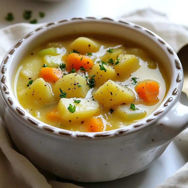 To make this cozy soup, gather the following ingredients: - 4 large russet potatoes, peeled and diced - 1 medium yellow onion, chopped - 3 cloves garlic, minced - 3 medium carrots, diced - 1 stalk celery, diced - 4 cups vegetable broth - 1 cup unsweetened plant-based milk (like almond or oat milk) - 2 tablespoons nutritional yeast - 1 teaspoon dried thyme - 1 teaspoon smoked paprika - Salt and pepper to taste - 2 tablespoons olive oil - Fresh parsley, chopped (for garnish) These ingredients come together to create a rich and hearty flavor. The potatoes give the soup body, while the veggies add sweetness and nutrition. Nutritional yeast brings a cheesy taste, making the soup feel indulgent without dairy. If you need alternatives, here are some options: - Use sweet potatoes instead of russet potatoes for a sweeter flavor. - Swap yellow onion for a red onion or shallots for a milder taste. - Try garlic powder if fresh garlic is not available. - You can use any non-dairy milk, like soy or coconut, if you prefer. - If you want a creamier texture, add cashew cream instead of plant-based milk. These substitutes can help you make the soup work with what you have on hand. They also let you adjust the flavor to your liking. When selecting your produce, keep these tips in mind: - Choose firm potatoes with smooth skin and no blemishes. - Look for onions that feel heavy and have dry, papery skin. - Pick carrots that are bright in color and firm to the touch. - Select celery with crisp stalks and bright green leaves. Fresh produce enhances the taste of your soup. By picking quality ingredients, you ensure a delicious and satisfying dish. {{ingredient_image_1}} To start, gather your ingredients. You will need potatoes, onion, garlic, carrots, and celery. These give the soup a nice, hearty flavor. 1. Heat 2 tablespoons of olive oil in a large pot over medium heat. 2. Add the chopped onion and cook for about 5 minutes. The onion should be soft and see-through. 3. Next, add 3 minced garlic cloves. Cook them for about a minute until they smell great. 4. Now, stir in 3 diced carrots and 1 stalk of diced celery. Cook for another 5 minutes. This step helps the veggies soften. Once your base is ready, it's time to add the main ingredients. 1. Add 4 large diced russet potatoes to the pot. 2. Pour in 4 cups of vegetable broth. This makes your soup rich and tasty. 3. Add 1 teaspoon of dried thyme and 1 teaspoon of smoked paprika for flavor. 4. Season with salt and pepper to taste. 5. Bring everything to a boil. Then, reduce the heat and let it simmer for 20-25 minutes. You want the potatoes to be tender. After cooking, it’s time to blend the soup. 1. Use an immersion blender to puree the soup. 2. Blend until you reach your desired smoothness. You can make it creamy or leave it a bit chunky. Now, let’s finish it up and make it delicious. 1. Stir in 1 cup of unsweetened plant-based milk and 2 tablespoons of nutritional yeast. This gives the soup a creamy texture and a nice nutty taste. 2. Heat the soup for another 5 minutes. Taste it and adjust the seasoning if needed. 3. Serve the soup hot. Garnish with chopped fresh parsley for a burst of color and flavor. Enjoy your warm and comforting vegan German potato soup! To get the best texture in your soup, blend it well. Using an immersion blender lets you control how smooth it gets. For a creamy soup, blend until it’s silky. If you prefer some chunks, blend just half. You can also mash some potato pieces with a fork for added texture. Adding herbs and spices makes the soup taste great. Thyme gives a nice earthy flavor. Smoked paprika adds warmth and depth. You can also try bay leaves or dill for new tastes. Always taste the soup as you go. Adjust salt and pepper based on your liking. Fresh parsley on top adds a pop of color and freshness. Store leftover soup in an airtight container in the fridge. It can last for about three days. To reheat, warm it on the stove over low heat. Stir often to avoid burning. If the soup gets too thick, add a splash of vegetable broth or plant-based milk. Always taste again and adjust seasoning before serving. Pro Tips Use a Variety of Potatoes: Mixing different types of potatoes can add depth of flavor and texture to your soup. Adjust Creaminess: For a creamier soup, add more plant-based milk or blend your soup longer until smooth. Flavor Boost: Consider adding a splash of lemon juice or apple cider vinegar before serving for a bright finish. Garnishing: Fresh herbs like dill or chives can elevate the presentation and flavor of the soup. {{image_2}} You can add protein to this soup for more nutrition. Lentils are a great choice. They cook quickly and blend well. You can also use chickpeas or white beans. Just rinse them and add them to the pot with the potatoes. This will give the soup a nice texture and flavor. If you love heat, try adding some spice! You can add red pepper flakes or chopped jalapeños. Just sauté them with the onions and garlic. For a smoky flavor, try adding chipotle powder. This will change the soup into a warm, spicy delight. This soup is naturally gluten-free, but check your broth. Use a gluten-free vegetable broth. If you want it nut-free, choose oat milk or rice milk. Both will keep the creamy taste without nuts. Enjoy a hearty bowl without worry! German potato soup has roots that go back many years. This dish is a staple in many German homes. Traditionally, it was made with simple, local ingredients. Potatoes were cheap and filled many bellies. The soup brought families together, especially during cold months. Each region in Germany has its own twist on the recipe. In a typical German potato soup, you will find: - Potatoes - Onions - Carrots - Celery - Broth These ingredients combine for a rich, hearty flavor. Some recipes even add sausage or bacon. However, for a vegan twist, we use plant-based milk and nutritional yeast. These give our soup a creamy texture without any animal products. Today, veganism plays a big role in German cooking. More people are choosing plant-based diets for health and environment. Vegan German potato soup fits into this trend perfectly. It offers the same comforting taste as traditional recipes. Plus, it respects animal rights and promotes sustainability. More chefs are exploring vegan options, making old dishes fresh and exciting. Yes, you can freeze this soup. It keeps well in the freezer. Let the soup cool first. Store it in a freezer-safe container. It will last for about three months. When you want to eat it, thaw it overnight in the fridge. Then, reheat on the stove until warm. This soup pairs well with many sides. You can serve it with crusty bread for dipping. A crisp green salad adds a nice touch. Try some roasted vegetables for extra flavor. You can also enjoy it with vegan sausage for a hearty meal. To make the soup creamier, add more plant-based milk. You can also use a full-fat coconut milk for richness. Blending the soup longer can help too. If you want, add a little cashew cream for a nutty taste. These tips will give your soup a smooth and creamy texture. This blog post covered how to make Vegan German Potato Soup. I shared important ingredients, step-by-step cooking tips, and variations to try. You learned about the cultural history and significance of the dish. In the end, enjoy experimenting with flavors and textures in your soup. With these tips and tricks, you can create a tasty and cozy meal that fits any diet. Embrace this recipe and make it your own!