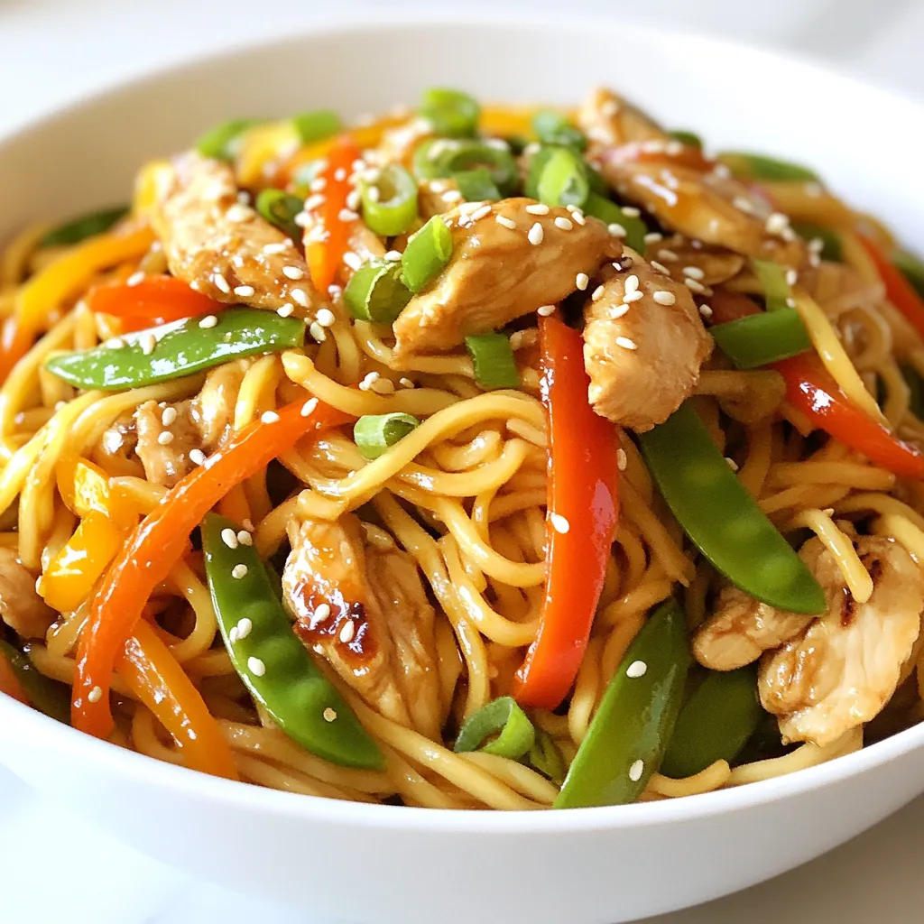 - 8 oz egg noodles - 1 lb boneless, skinless chicken breast - 1 bell pepper, sliced - 1 cup snap peas - 1 cup carrots, julienned - 3 green onions, sliced - 2 tablespoons soy sauce - 1 tablespoon oyster sauce - 1 tablespoon sesame oil - 1 tablespoon vegetable oil - 2 garlic cloves, minced - 1 inch ginger, grated - Salt and pepper to taste - Sesame seeds, for garnish (optional) To make Chicken Lo Mein, you need a few key ingredients. The egg noodles give it a nice chewy texture. Boneless chicken breast adds protein and flavor. For vegetables, I love adding bell pepper, snap peas, and carrots. These veggies not only add color but also crunch. The green onions add a fresh bite to the dish. The sauces are important for flavor. Soy sauce gives it a salty taste, while oyster sauce adds a hint of sweetness. Sesame oil brings a nutty aroma that makes it special. Aromatics like garlic and ginger create a lovely base. They make the dish fragrant and inviting. Finally, if you want, sprinkle sesame seeds on top for a nice finish. Gather all these ingredients, and you’re ready to cook a delicious Chicken Lo Mein! {{ingredient_image_1}} To start, cook the egg noodles. Follow the package instructions. Aim for al dente; they should be firm but not hard. Once cooked, drain the noodles in a colander. Set them aside to cool. For the chicken, you will need a few simple ingredients. Combine 2 tablespoons of soy sauce, 1 tablespoon of oyster sauce, and a pinch of salt in a bowl. Add 1 pound of thinly sliced chicken breast to the bowl. Mix well and let it marinate for 15 minutes. This step adds great flavor. Now, let’s get to the fun part. Heat 1 tablespoon of vegetable oil in a large skillet or wok over medium-high heat. Once hot, add the marinated chicken. Stir-fry for about 5 to 7 minutes until the chicken is fully cooked. Remove the chicken and set it aside. In the same skillet, add 2 minced garlic cloves and 1 inch of grated ginger. Toss in 1 sliced bell pepper and stir-fry for 2 to 3 minutes. These will make your kitchen smell amazing. Next, add 1 cup of snap peas and 1 cup of julienned carrots. Stir-fry for another 3 to 4 minutes until the veggies are tender-crisp. Now, it’s time to combine everything. Return the chicken to the skillet. Add the cooked noodles and 1 tablespoon of sesame oil. Toss everything together over medium heat for 2 to 3 minutes. Make sure all the flavors blend well. Adjust seasoning with salt and pepper as needed. Finish with sliced green onions and optional sesame seeds. Serve hot, and enjoy! To get crisp vegetables, heat your skillet well before adding them. Use high heat for a quick cook. This keeps veggies crunchy and bright. For optimal noodle texture, cook them until they are al dente. This means they should still have a slight bite. Drain them well and toss them with a bit of oil to prevent sticking. To boost the taste of your Chicken Lo Mein, try adding red pepper flakes or five-spice powder. These spices add warmth and depth. You can also use hoisin or chili sauce for a different flavor twist. Each sauce brings its own unique kick to the dish. Serve your Chicken Lo Mein in deep bowls for a nice presentation. Garnish with green onions and a sprinkle of sesame seeds for color. You can pair it with spring rolls or a light salad to round out the meal. These sides add crunch and freshness. Pro Tips Marinating Matters: Allow the chicken to marinate for at least 15 minutes to enhance its flavor and tenderness. Veggie Variations: Feel free to swap in your favorite vegetables like bok choy or mushrooms for a unique twist on this dish. Perfect Noodles: Make sure to cook the egg noodles just until al dente to ensure they hold their shape when stir-frying. Heat Control: Keep the skillet or wok at medium-high heat to achieve that perfect stir-fry sear without overcooking the ingredients. {{image_2}} You can switch up the protein in Chicken Lo Mein. Shrimp makes a great option. It cooks fast and adds a nice flavor. Tofu is perfect for a vegetarian choice. It soaks up all those tasty sauces. Beef is another alternative. Thinly sliced beef can give a hearty twist to this dish. Feel free to swap in different vegetables. Seasonal veggies can change the dish's flavor. Try using broccoli or bok choy in the spring. Zucchini or asparagus work well in summer. In fall, add butternut squash for sweetness. Winter calls for hearty greens like kale. Mixing your vegetables keeps the recipe fresh and exciting. If you need gluten-free options, use rice noodles. They taste great and keep the dish light. Low-sodium soy sauce is another smart choice. It helps cut down on salt without losing flavor. This way, you can enjoy Chicken Lo Mein while staying health-conscious! To keep Chicken Lo Mein fresh, cool it to room temperature first. Then, place it in an airtight container. Make sure to store it in the fridge. Properly stored, it lasts for about 3 to 4 days. This keeps the flavors intact and the chicken safe to eat. When you’re ready to eat your leftovers, reheat them on the stove. Add a splash of water or broth to help steam the noodles. Stir everything gently over medium heat. This helps keep the texture nice and the flavors bright. You can also use a microwave, but be careful not to overheat, as this can dry out the chicken. Yes, you can freeze Chicken Lo Mein! Just make sure it has cooled completely. Place it in a freezer-safe container, leaving some space for expansion. It stays good for about 2 to 3 months in the freezer. For best flavor, eat it sooner rather than later. When you're ready to eat, thaw it in the fridge overnight before reheating. Chicken Lo Mein lasts about 3 to 4 days in the fridge. Store it in an airtight container. This keeps it fresh longer. Check for any signs of spoilage before eating. Yes, you can make Chicken Lo Mein ahead of time. Prepare the dish, cool it, and store it in the fridge. This makes it easy for busy days. Just reheat it on the stove or in the microwave. To prevent noodles from sticking, rinse them under cold water after cooking. This cools them down and removes excess starch. You can also toss them with a bit of sesame oil to keep them separate. Absolutely! You can add more vegetables to Chicken Lo Mein. Consider adding broccoli, mushrooms, or baby corn. This not only boosts flavor but also adds color and nutrition. The main difference is in the noodle type and cooking method. Chow Mein uses crispy fried noodles, while Lo Mein uses soft, boiled noodles. Lo Mein is typically tossed in sauce after cooking, making it saucier. In this post, we explored how to make Chicken Lo Mein. We covered all the key ingredients and their roles, from egg noodles to the right sauces. I shared step-by-step cooking tips to help you stir-fry like a pro. Don't forget the options for protein and veggies to make it your own. Lastly, I provided storage advice to keep your leftovers fresh. Now, you can enjoy a delicious, homemade meal anytime. Enjoy your cooking adventure!