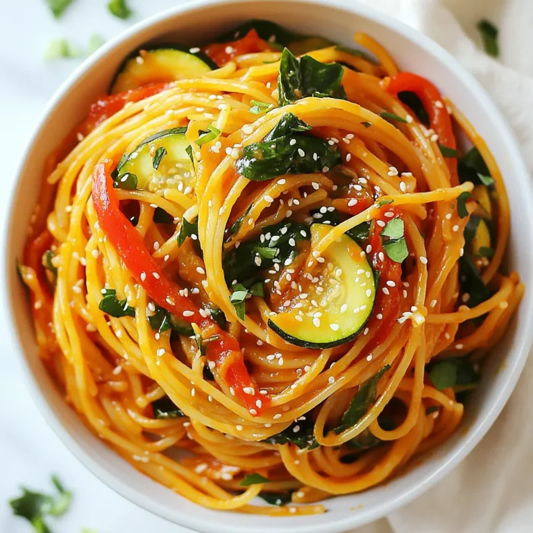 To make spicy gochujang pasta, you will need the following ingredients: - 8 oz spaghetti or your preferred pasta - 2 tablespoons gochujang (Korean chili paste) - 1 tablespoon sesame oil - 1 tablespoon soy sauce - 1 tablespoon honey or maple syrup - 2 cups baby spinach - 1 red bell pepper, sliced into thin strips - 1 small zucchini, spiralized or sliced - 3 cloves garlic, minced - 1 tablespoon ginger, grated - 2 green onions, chopped (for garnish) - Sesame seeds (for garnish) You might not have every ingredient on hand. Here are some easy swaps: - Pasta: Use any pasta you like, such as fettuccine or penne. - Gochujang: If you can't find gochujang, you can mix chili powder with a bit of soy sauce. - Sesame Oil: Olive oil can replace sesame oil for a different flavor. - Honey: Maple syrup or agave syrup works well too. - Spinach: Kale or Swiss chard makes a great substitute. - Bell Pepper: Any color of bell pepper will work, or you can use carrots for crunch. Gochujang is more than just a tasty paste. It offers some health perks, too: - Rich in Antioxidants: Gochujang contains ingredients like chili peppers, which help fight free radicals. - Boosts Metabolism: The heat from chili peppers may help speed up your metabolism. - Low in Calories: Gochujang adds flavor without a lot of calories, making it great for weight control. - Vitamins and Minerals: This paste can provide vitamins A and C from its ingredients, which are good for your skin and immune health. Gochujang pasta is a simple dish packed with flavor and health benefits. You can easily customize it to fit your taste. Enjoy making this easy weeknight meal! {{ingredient_image_1}} First, fill a large pot with water. Add a generous pinch of salt. Bring it to a boil. Once boiling, add your spaghetti or preferred pasta. Cook it according to the package instructions until it is al dente. This usually takes about 8 to 10 minutes. After cooking, drain the pasta. Be sure to save about 1/2 cup of the pasta water. This will help later. In a medium bowl, combine the gochujang, sesame oil, soy sauce, and honey (or maple syrup). Use a whisk or spoon to mix them well. You want a smooth sauce that has a nice balance of heat and sweetness. Set this mixture aside for later. Take a large skillet and heat a drizzle of sesame oil over medium heat. Once hot, add the minced garlic and grated ginger. Sauté them for about 1 minute. You want to smell the aroma! Next, add the sliced red bell pepper and zucchini. Cook these together for about 3 to 4 minutes until they start to soften. Then, toss in the baby spinach. Cook it until it wilts down, which will only take a minute or two. Now it’s time to bring everything together. Add the drained pasta to your skillet with the sautéed vegetables. Pour the gochujang sauce over the pasta. Toss everything together well. If the pasta looks dry, gradually add some of the reserved pasta water. This will help create a nice, creamy texture. Taste your dish and adjust the seasoning if needed. You can add more gochujang for heat or honey for sweetness if you like. Once you’re happy with the flavor, divide the gochujang pasta into bowls. Garnish with chopped green onions and a sprinkle of sesame seeds for extra flair. Enjoy your flavorful and easy weeknight meal! To make the sauce shine, mix the gochujang, sesame oil, soy sauce, and honey well. Use a whisk for a smooth blend. If you want a richer taste, add more sesame oil. This will enhance the flavor and give it a nice sheen. The sauce should coat the pasta nicely, so feel free to adjust the amounts to your liking. Gochujang brings heat, but you control it. If you prefer a milder dish, start with less gochujang. You can always add more later. Taste the sauce before mixing it with pasta. If it's too spicy, mix in some honey or maple syrup to balance the heat. This adds sweetness without losing flavor. Cooking pasta correctly is key. Always use plenty of salted water to boil your pasta. This adds flavor and helps the pasta cook evenly. Cook it until it’s al dente, which means firm to the bite. Save some pasta water before draining. You may need it to adjust the sauce later, keeping everything creamy and tasty. Pro Tips Use Fresh Ingredients: Fresh vegetables and high-quality gochujang will enhance the overall flavor of your pasta dish. Adjust Spice Level: If you prefer a milder dish, start with less gochujang and gradually add more to suit your taste. Experiment with Proteins: Consider adding grilled chicken, shrimp, or tofu for additional protein and texture. Make it a Meal Prep: This pasta keeps well, so consider making a larger batch for easy lunches throughout the week. {{image_2}} You can easily add protein to your gochujang pasta. Chicken, shrimp, or tofu works great. For chicken, grill or sauté bite-sized pieces until cooked. For shrimp, cook until they turn pink. If you choose tofu, press it to remove water, then cube and sauté until golden. Add your protein right before combining with the pasta. This step enhances the dish and makes it more filling. To keep this dish vegetarian, skip the meat and add more veggies. Try mushrooms, carrots, or snap peas for extra flavor and crunch. If you want it vegan, use maple syrup instead of honey. You can also substitute soy sauce with tamari to keep it gluten-free. These changes make the dish tasty while fitting your diet. If you need gluten-free options, use rice noodles or gluten-free pasta. Both choices work well with the gochujang sauce. Just follow the cooking instructions on the package. You can still enjoy the spicy flavor of gochujang pasta without gluten. This flexibility makes it easy to adapt for everyone at your table. Store leftover gochujang pasta in an airtight container. Keep it in the fridge. It will stay fresh for up to three days. Make sure the pasta is cool before sealing. This helps prevent moisture buildup. To reheat, use the microwave or a skillet. If using the microwave, place the pasta in a bowl. Add a splash of water to keep it moist. Heat for about 1-2 minutes. Stir halfway through to heat evenly. If using a skillet, add a little sesame oil over medium heat. Stir until warmed through. You can freeze gochujang pasta for longer storage. Place it in a freezer-safe container. Make sure to leave some space for expansion. It can last up to three months in the freezer. When ready to eat, thaw it overnight in the fridge. Reheat as described above. Gochujang is a Korean chili paste. It has a thick texture and a sweet, spicy taste. This paste comes from fermented soybeans, red chili powder, and salt. It adds deep flavor and heat to dishes. Many love it for its unique blend of sweet, spicy, and umami. You can find gochujang in Asian markets or online. It works great in marinades, soups, and sauces. Yes, you can make this dish ahead of time. Cook the pasta and the sauce separately. Store each in the fridge for up to three days. When you are ready to eat, reheat the pasta and sauce. You may need to add a splash of water to keep it moist. Freshen it up with green onions and sesame seeds before serving. You can use gochujang in many dishes. It adds flavor to stir-fries, stews, and marinades. Try mixing it into salad dressings for a kick. You can also use it in tacos, burgers, or roasted vegetables. Be creative and add it to your favorite recipes for extra depth and heat! You’ve learned about the key ingredients and their benefits, especially gochujang. I shared steps to cook pasta, make sauce, and sauté vegetables. The tips help to perfect flavors and adjust spice levels. Adding protein or choosing vegan options makes this dish flexible. Plus, I covered storage and reheating for leftovers. Gochujang adds a tasty kick. You can enjoy this dish anytime, fresh or stored. Enjoy cooking!