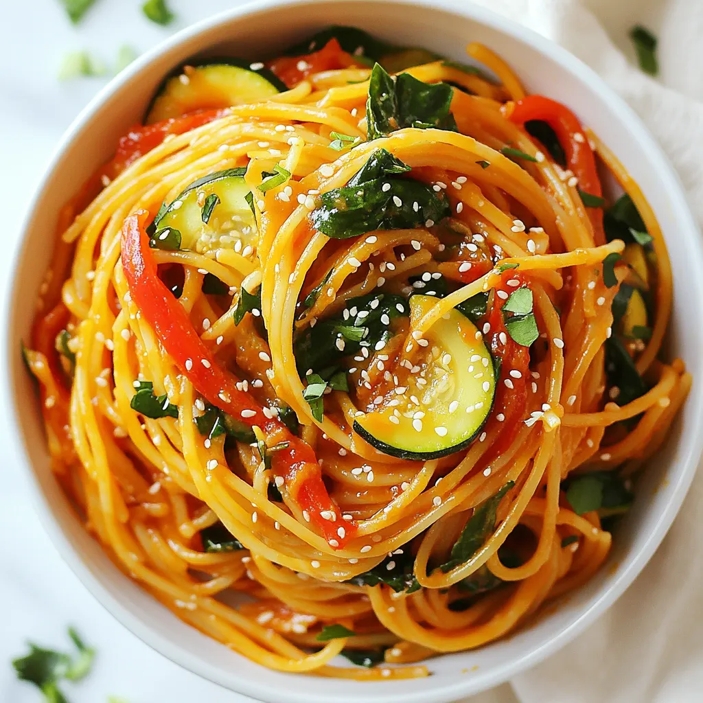 To make spicy gochujang pasta, you will need the following ingredients: - 8 oz spaghetti or your preferred pasta - 2 tablespoons gochujang (Korean chili paste) - 1 tablespoon sesame oil - 1 tablespoon soy sauce - 1 tablespoon honey or maple syrup - 2 cups baby spinach - 1 red bell pepper, sliced into thin strips - 1 small zucchini, spiralized or sliced - 3 cloves garlic, minced - 1 tablespoon ginger, grated - 2 green onions, chopped (for garnish) - Sesame seeds (for garnish) You might not have every ingredient on hand. Here are some easy swaps: - Pasta: Use any pasta you like, such as fettuccine or penne. - Gochujang: If you can't find gochujang, you can mix chili powder with a bit of soy sauce. - Sesame Oil: Olive oil can replace sesame oil for a different flavor. - Honey: Maple syrup or agave syrup works well too. - Spinach: Kale or Swiss chard makes a great substitute. - Bell Pepper: Any color of bell pepper will work, or you can use carrots for crunch. Gochujang is more than just a tasty paste. It offers some health perks, too: - Rich in Antioxidants: Gochujang contains ingredients like chili peppers, which help fight free radicals. - Boosts Metabolism: The heat from chili peppers may help speed up your metabolism. - Low in Calories: Gochujang adds flavor without a lot of calories, making it great for weight control. - Vitamins and Minerals: This paste can provide vitamins A and C from its ingredients, which are good for your skin and immune health. Gochujang pasta is a simple dish packed with flavor and health benefits. You can easily customize it to fit your taste. Enjoy making this easy weeknight meal! {{ingredient_image_1}} First, fill a large pot with water. Add a generous pinch of salt. Bring it to a boil. Once boiling, add your spaghetti or preferred pasta. Cook it according to the package instructions until it is al dente. This usually takes about 8 to 10 minutes. After cooking, drain the pasta. Be sure to save about 1/2 cup of the pasta water. This will help later. In a medium bowl, combine the gochujang, sesame oil, soy sauce, and honey (or maple syrup). Use a whisk or spoon to mix them well. You want a smooth sauce that has a nice balance of heat and sweetness. Set this mixture aside for later. Take a large skillet and heat a drizzle of sesame oil over medium heat. Once hot, add the minced garlic and grated ginger. Sauté them for about 1 minute. You want to smell the aroma! Next, add the sliced red bell pepper and zucchini. Cook these together for about 3 to 4 minutes until they start to soften. Then, toss in the baby spinach. Cook it until it wilts down, which will only take a minute or two. Now it’s time to bring everything together. Add the drained pasta to your skillet with the sautéed vegetables. Pour the gochujang sauce over the pasta. Toss everything together well. If the pasta looks dry, gradually add some of the reserved pasta water. This will help create a nice, creamy texture. Taste your dish and adjust the seasoning if needed. You can add more gochujang for heat or honey for sweetness if you like. Once you’re happy with the flavor, divide the gochujang pasta into bowls. Garnish with chopped green onions and a sprinkle of sesame seeds for extra flair. Enjoy your flavorful and easy weeknight meal! To make the sauce shine, mix the gochujang, sesame oil, soy sauce, and honey well. Use a whisk for a smooth blend. If you want a richer taste, add more sesame oil. This will enhance the flavor and give it a nice sheen. The sauce should coat the pasta nicely, so feel free to adjust the amounts to your liking. Gochujang brings heat, but you control it. If you prefer a milder dish, start with less gochujang. You can always add more later. Taste the sauce before mixing it with pasta. If it's too spicy, mix in some honey or maple syrup to balance the heat. This adds sweetness without losing flavor. Cooking pasta correctly is key. Always use plenty of salted water to boil your pasta. This adds flavor and helps the pasta cook evenly. Cook it until it’s al dente, which means firm to the bite. Save some pasta water before draining. You may need it to adjust the sauce later, keeping everything creamy and tasty. Pro Tips Use Fresh Ingredients: Fresh vegetables and high-quality gochujang will enhance the overall flavor of your pasta dish. Adjust Spice Level: If you prefer a milder dish, start with less gochujang and gradually add more to suit your taste. Experiment with Proteins: Consider adding grilled chicken, shrimp, or tofu for additional protein and texture. Make it a Meal Prep: This pasta keeps well, so consider making a larger batch for easy lunches throughout the week. {{image_2}} You can easily add protein to your gochujang pasta. Chicken, shrimp, or tofu works great. For chicken, grill or sauté bite-sized pieces until cooked. For shrimp, cook until they turn pink. If you choose tofu, press it to remove water, then cube and sauté until golden. Add your protein right before combining with the pasta. This step enhances the dish and makes it more filling. To keep this dish vegetarian, skip the meat and add more veggies. Try mushrooms, carrots, or snap peas for extra flavor and crunch. If you want it vegan, use maple syrup instead of honey. You can also substitute soy sauce with tamari to keep it gluten-free. These changes make the dish tasty while fitting your diet. If you need gluten-free options, use rice noodles or gluten-free pasta. Both choices work well with the gochujang sauce. Just follow the cooking instructions on the package. You can still enjoy the spicy flavor of gochujang pasta without gluten. This flexibility makes it easy to adapt for everyone at your table. Store leftover gochujang pasta in an airtight container. Keep it in the fridge. It will stay fresh for up to three days. Make sure the pasta is cool before sealing. This helps prevent moisture buildup. To reheat, use the microwave or a skillet. If using the microwave, place the pasta in a bowl. Add a splash of water to keep it moist. Heat for about 1-2 minutes. Stir halfway through to heat evenly. If using a skillet, add a little sesame oil over medium heat. Stir until warmed through. You can freeze gochujang pasta for longer storage. Place it in a freezer-safe container. Make sure to leave some space for expansion. It can last up to three months in the freezer. When ready to eat, thaw it overnight in the fridge. Reheat as described above. Gochujang is a Korean chili paste. It has a thick texture and a sweet, spicy taste. This paste comes from fermented soybeans, red chili powder, and salt. It adds deep flavor and heat to dishes. Many love it for its unique blend of sweet, spicy, and umami. You can find gochujang in Asian markets or online. It works great in marinades, soups, and sauces. Yes, you can make this dish ahead of time. Cook the pasta and the sauce separately. Store each in the fridge for up to three days. When you are ready to eat, reheat the pasta and sauce. You may need to add a splash of water to keep it moist. Freshen it up with green onions and sesame seeds before serving. You can use gochujang in many dishes. It adds flavor to stir-fries, stews, and marinades. Try mixing it into salad dressings for a kick. You can also use it in tacos, burgers, or roasted vegetables. Be creative and add it to your favorite recipes for extra depth and heat! You’ve learned about the key ingredients and their benefits, especially gochujang. I shared steps to cook pasta, make sauce, and sauté vegetables. The tips help to perfect flavors and adjust spice levels. Adding protein or choosing vegan options makes this dish flexible. Plus, I covered storage and reheating for leftovers. Gochujang adds a tasty kick. You can enjoy this dish anytime, fresh or stored. Enjoy cooking!