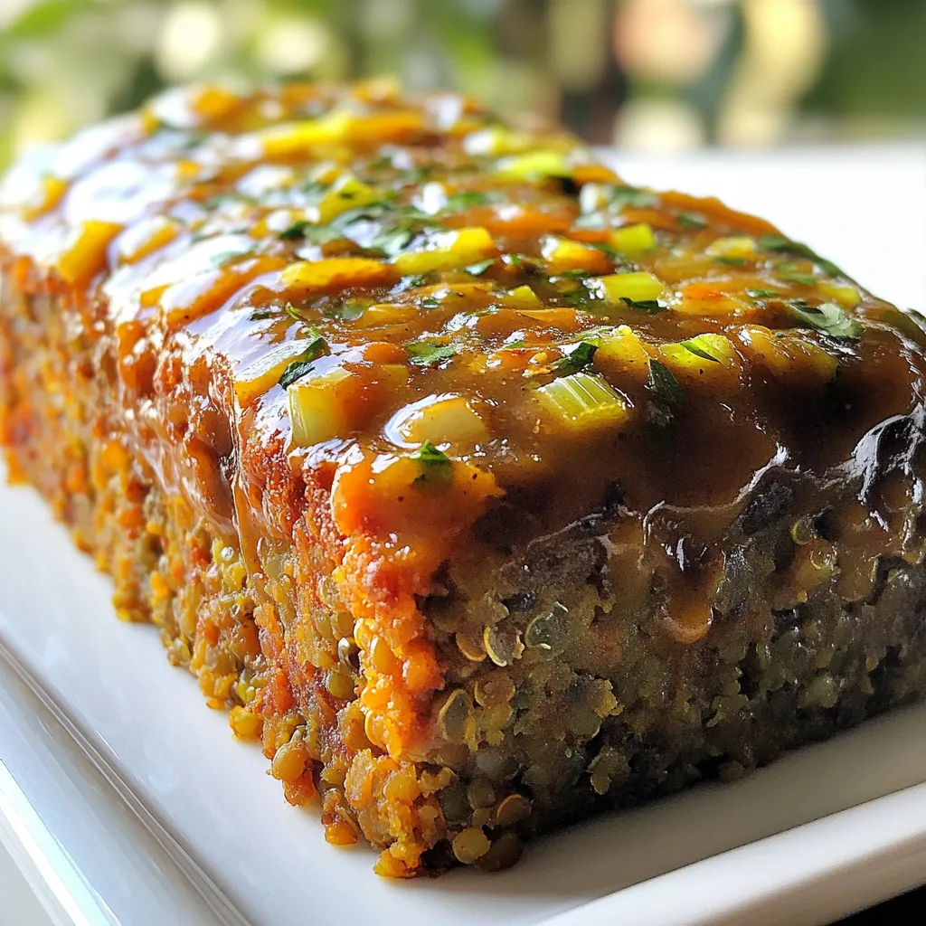 To make a tasty vegan meatloaf, you'll need the following main ingredients: - 1 cup cooked lentils (green or brown) - 1 cup quinoa, cooked - 1 medium onion, finely chopped - 2 cloves garlic, minced - 1 carrot, grated - 1 celery stalk, finely chopped - 1 cup breadcrumbs (or gluten-free alternative) - 1/4 cup ground flaxseed mixed with 1/2 cup water (flax egg) - 3 tablespoons soy sauce or tamari - 2 tablespoons nutritional yeast - 1 teaspoon dried thyme - 1 teaspoon smoked paprika - Salt and black pepper to taste - 2 tablespoons olive oil These ingredients mix together to create a hearty and satisfying dish. The lentils provide protein, while quinoa adds texture. The flax egg binds everything together, making it easy to slice. For the rich gravy, gather these ingredients: - 1 cup vegetable broth - 2 tablespoons soy sauce or tamari - 1 tablespoon cornstarch mixed with 2 tablespoons water (slurry) - 1 teaspoon onion powder - 1 teaspoon garlic powder - Black pepper to taste This gravy adds a savory finish that complements the meatloaf perfectly. The cornstarch helps thicken the gravy, giving it a smooth texture. You can easily swap some ingredients to fit different diets: - For gluten-free, use gluten-free breadcrumbs. - Instead of lentils, try mashed chickpeas for a different flavor. - If you want to avoid soy, use coconut aminos instead of soy sauce. - You can replace quinoa with brown rice if you prefer. These substitutions keep the recipe flexible while still tasting great. Adjusting ingredients allows everyone to enjoy this comfort food! {{ingredient_image_1}} Start by preheating your oven to 350°F (175°C). Grease a loaf pan or line it with parchment paper. In a large bowl, mix 1 cup of cooked lentils and 1 cup of cooked quinoa. Use a fork to mash the lentils a bit. This helps with texture. Next, heat 2 tablespoons of olive oil in a pan over medium heat. Add in 1 finely chopped onion, 2 minced garlic cloves, 1 grated carrot, and 1 finely chopped celery stalk. Sauté these veggies until soft, about 5 minutes. Once soft, add this mixture to the bowl with lentils and quinoa. Stir well. Now, it's time to add the dry ingredients. Mix in 1 cup of breadcrumbs, 1/4 cup of ground flaxseed mixed with 1/2 cup of water, 3 tablespoons of soy sauce, 2 tablespoons of nutritional yeast, 1 teaspoon of dried thyme, 1 teaspoon of smoked paprika, and salt and black pepper to taste. Make sure everything is combined well. Once your mixture is ready, transfer it to the prepared loaf pan. Pack it down firmly. Smooth the top with a spatula. Bake in the preheated oven for 45 minutes. The meatloaf should be firm and slightly crispy on the edges. After baking, let it sit for about 10 minutes before slicing. This makes it easier to cut and serve. While the meatloaf is baking, let’s make the gravy. In a saucepan over medium heat, combine 1 cup of vegetable broth, 2 tablespoons of soy sauce, 1 teaspoon of onion powder, 1 teaspoon of garlic powder, and black pepper to taste. Bring this mixture to a simmer. Now, in a small bowl, mix 1 tablespoon of cornstarch with 2 tablespoons of water. This is your slurry. Gradually add this slurry to the simmering broth. Stir constantly until the gravy thickens, which should take about 2 minutes. Once thickened, remove from heat and set aside. Serve the warm meatloaf with the rich gravy drizzled over the top. Enjoy this tasty comfort food! To get the best texture, mash your lentils lightly. This helps bind the mixture. Use cooked lentils that are firm, not mushy. Cooked quinoa adds a nice chew. Mix in breadcrumbs for a bit of crunch. If you want a softer loaf, add more veggies like mushrooms or bell peppers. Serve your meatloaf with creamy mashed potatoes or steamed green beans. A fresh salad adds a nice crunch. Try it with a tangy barbecue sauce for a twist. You can also pair it with roasted veggies for a hearty meal. For a quick side, warm up some bread or rolls. To keep your meatloaf moist, do not skip the flax egg. It helps hold moisture in. Baking at the right temperature is key too. If you notice it getting dry, cover it with foil for part of the baking time. Let it rest after baking; this helps the flavors meld and keeps it juicy. Pro Tips Choose Your Lentils Wisely: Green or brown lentils work best for this recipe as they hold their shape better and provide a hearty texture. Customize Your Vegetables: Feel free to add other vegetables like bell peppers or mushrooms to enhance flavor and nutrition according to your taste preferences. Let It Rest: Allow the meatloaf to rest for about 10 minutes after baking. This helps it firm up and makes it easier to slice without falling apart. Gravy Thickness Tip: If you prefer a thicker gravy, simply add a bit more cornstarch to the slurry. For a thinner consistency, add more vegetable broth. {{image_2}} You can boost the taste of your vegan meatloaf in many ways. Try adding chopped nuts for crunch and richness. Walnuts or pecans work well. Diced bell peppers add a nice sweetness. You might also like to mix in some spinach or mushrooms for extra nutrition. Fresh herbs like parsley or basil can brighten the flavor too. If you need a gluten-free meatloaf, swap regular breadcrumbs for gluten-free ones. You can also use oats or ground almond flour. These options help maintain texture while keeping the dish safe for those with gluten sensitivities. Always check labels to ensure there are no hidden gluten ingredients. While the rich gravy is a hit, you can try other sauces. A sweet and tangy barbecue sauce adds a fun twist. You might prefer a creamy cashew sauce for a nutty taste. A zesty tomato sauce can also be delicious. Experiment to find your favorite pairing! To keep your leftover vegan meatloaf fresh, let it cool completely. Once cooled, wrap it tightly in plastic wrap or foil. You can also place it in an airtight container. Store it in the fridge for up to four days. This way, you can enjoy it later without losing flavor. Freezing is a great option if you want to save your meatloaf for later. First, cool the meatloaf completely. Then, slice it into portions for easy use. Wrap each piece tightly in plastic wrap and place them in a freezer-safe bag. You can freeze it for up to three months. When you're ready to eat it, just thaw it in the fridge overnight. Reheating your vegan meatloaf is simple. For the best results, use the oven. Preheat it to 350°F (175°C). Place the meatloaf in a baking dish and cover it with foil. Heat for about 20 minutes or until warmed through. If you're in a hurry, you can use the microwave. Heat it for 1-2 minutes, checking to avoid overheating. Drizzle with gravy for extra flavor! Yes, you can make this vegan meatloaf ahead of time. Simply prepare the mixture and place it in the loaf pan. Cover it with plastic wrap and refrigerate for up to 24 hours. When you are ready to bake, remove the wrap and bake as directed. This saves time and makes meal prep easier. If you want a different base, you can use black beans or chickpeas. Both provide a great texture and flavor. Just mash them well before mixing with the other ingredients. You can also use cooked mushrooms for a more earthy taste. Absolutely! This vegan meatloaf is perfect for meal prep. You can slice it into portions and store them in airtight containers. It keeps well in the fridge for about a week. Reheat slices in the oven or microwave for a quick meal. To check if the meatloaf is done, look for a firm texture. It should be slightly crispy on the edges. You can insert a toothpick in the center. If it comes out clean, the meatloaf is ready. Let it cool for about 10 minutes before slicing for the best results. You learned how to make tasty Vegan Meatloaf and gravy. This dish is easy for dinner and healthier too. You can mix and match ingredients to fit your needs. Remember, keep the meatloaf moist with our tips and tricks. Use different flavors for fun variations. Store leftovers right to enjoy later. With these steps, you’ll have a meal that’s good for you and delicious. Enjoy your cooking!