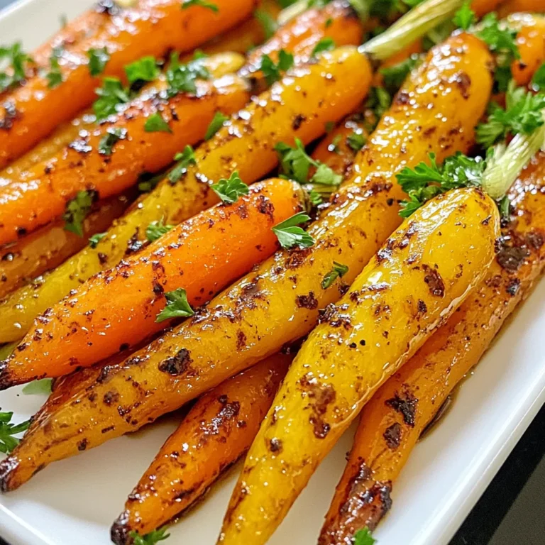 - 1 lb baby or regular carrots - 2 tablespoons honey - 2 tablespoons balsamic vinegar - 2 tablespoons olive oil - 1 teaspoon garlic powder - 1 teaspoon fresh thyme (or 1/2 teaspoon dried thyme) - Salt and pepper to taste - Fresh parsley for garnish I love using baby carrots for their sweetness and tender bite. Regular carrots work well too; just peel and cut them into sticks. The honey adds a rich sweetness, while balsamic vinegar gives a tangy kick. Olive oil helps the glaze stick and adds flavor. Garlic powder brings an earthy taste, and thyme adds a nice herbal note. Don’t forget to season with salt and pepper. Fresh parsley brightens the dish and makes it look pretty! If you need an alternative for honey, try maple syrup or agave nectar. These options keep the dish sweet. For a gluten-free choice, all the ingredients here are naturally gluten-free. If you want to switch herbs, consider rosemary or oregano for a different flavor. You can also add spices like cumin or chili flakes to spice things up! These simple swaps can keep your recipe fresh and exciting. {{ingredient_image_1}} 1. Preheat the oven: Set your oven to 425°F (220°C). This high heat helps caramelize the carrots and brings out their natural sweetness. 2. Mix the glaze: In a large mixing bowl, combine: - 2 tablespoons honey - 2 tablespoons balsamic vinegar - 2 tablespoons olive oil - 1 teaspoon garlic powder - 1 teaspoon fresh thyme (or 1/2 teaspoon dried thyme) - Salt and pepper to taste Whisk these ingredients together until they blend well. The glaze should look smooth and shiny. 3. Toss the carrots: Take 1 lb of baby carrots (or regular carrots, cut into sticks) and add them to the bowl with the glaze. Toss them gently until each carrot is coated in the mix. This step is key for flavor. 4. Arrange on the baking sheet: Line a baking sheet with parchment paper for easy cleanup. Spread the glazed carrots in a single layer on the sheet. Make sure they are not crowded, as this helps them roast evenly. 5. Cooking time and temperature: Place the baking sheet in your preheated oven. Roast the carrots for 20-25 minutes. Toss them halfway through to ensure even cooking. 6. How to check for doneness: The carrots are done when they are tender and slightly caramelized. You can poke them with a fork; if it goes in easily, they are ready. Remove them from the oven and let them cool for a few minutes before serving. Using fresh ingredients is key. Fresh carrots taste better and offer more nutrients. When you cook, it’s best to balance sweetness and acidity. The honey adds sweetness, while balsamic vinegar gives a nice tang. Together, they create a delightful flavor. To avoid sogginess, make sure to spread the carrots in a single layer on your baking sheet. This allows hot air to circulate and helps them roast evenly. For great caramelization, roast the carrots at a high temperature. Toss them halfway through cooking to ensure even browning and a crispy texture. Garnish your carrots with fresh parsley for a pop of color. It adds freshness and makes the dish look appealing. Serve them alongside grilled meats or as part of a colorful vegetable platter. A vibrant presentation makes your meal more inviting and enjoyable. Pro Tips Choose the Right Carrots: For the best flavor and texture, use fresh, vibrant baby carrots or young regular carrots. They tend to be sweeter and more tender. Don’t Skip the Toss: Tossing the carrots halfway through roasting ensures even caramelization and prevents them from sticking to the baking sheet. Experiment with Herbs: Feel free to experiment with different herbs like rosemary or dill for a unique twist on the flavor profile. Serve Immediately: Roasted carrots are best served warm right out of the oven for maximum flavor and texture. Enjoy them as a side dish or a healthy snack! {{image_2}} You can make your honey balsamic roasted carrots even better by adding spices. A pinch of chili flakes gives a nice kick. Cumin adds a warm, earthy taste. Both spices mix well with the sweet glaze. Citrus flavors also brighten the dish. Try adding orange or lemon juice to your glaze. This small change can lift the flavors and make the dish pop. Feel free to switch up the carrots with other root veggies. Beets, parsnips, or sweet potatoes can roast well. Each adds its own unique flavor and texture. You can also mix seasonal vegetables. Think about adding brussels sprouts or zucchini. Roasting different veggies together can create a colorful and tasty dish. Transform your roasted carrots into a fresh salad. Just let them cool and toss with greens. Add some nuts or cheese for extra crunch and taste. Pairing these carrots with proteins or grains makes a great meal. They go well with chicken, fish, or quinoa. This makes your dinner both tasty and filling. To keep your honey balsamic roasted carrots fresh, store them in the fridge. Use an airtight container to prevent moisture loss. Make sure the carrots cool completely before sealing the container. This helps keep their texture. When reheating, I suggest using the oven. This method keeps the carrots crispy. Preheat your oven to 350°F (175°C). Place the carrots on a baking sheet and heat for about 10 minutes. Check them to ensure they are warm throughout. You can freeze roasted carrots if you have leftovers. First, let them cool fully. Then, place them in a freezer-safe bag. Squeeze out as much air as possible before sealing. For thawing, move them to the fridge overnight. Reheat them in the oven at 350°F (175°C) for 10-15 minutes. This keeps them tasty and not mushy. Honey balsamic roasted carrots can last up to four days in the fridge. Store them in a sealed container to keep them fresh. If you freeze them, they will last for about three months. Just remember to cool them down before putting them in the freezer. Yes, you can use regular carrots. Just peel and cut them into sticks. Regular carrots may take a bit longer to cook. Baby carrots roast faster and stay tender, while regular carrots have a firmer texture. Keep an eye on them as they cook. These carrots pair well with many dishes! Try serving them with roasted chicken or grilled steak. They also go great with quinoa or rice. For a full meal, you can add a salad or some crusty bread. Enjoying these carrots with a tangy yogurt sauce is also delicious! Honey balsamic roasted carrots offer a simple yet flavorful dish. You need just a few ingredients, like carrots, honey, and balsamic vinegar. Remember to preheat your oven and mix your glaze well. Use fresh ingredients for the best taste and try different herbs or spices for more flavor. These carrots can change your meal and impress your guests. I found they pair well with many dishes. Whether you serve them right away or store leftovers, this recipe brings joy to each bite. Enjoy making and sharing this delightful side dish.