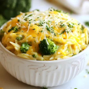 - 1 cup orzo pasta - 2 cups broccoli florets - 2 tablespoons olive oil - 1 small onion, finely chopped - 2 cloves garlic, minced - 3 cups vegetable broth - 1 cup sharp cheddar cheese, shredded - &frac12; cup grated Parmesan cheese - &frac12; cup heavy cream - Salt and pepper to taste - &frac14; teaspoon crushed red pepper flakes (optional) - Fresh parsley for garnish Orzo pasta is a small, rice-shaped pasta. It cooks quickly and soaks up flavors well. Broccoli florets add color and nutrients. They bring a nice crunch too. Olive oil helps to saut&eacute; the onion and garlic. It adds a rich flavor base. Onion and garlic create a fragrant mix. They form the heart of many dishes. Sharp cheddar cheese makes the dish creamy and tasty. Parmesan adds a salty kick, enhancing the overall cheese flavor. Heavy cream adds richness. It makes every bite smooth and indulgent. You can swap orzo with any small pasta, like ditalini. If you want a gluten-free option, use rice or quinoa. For a lighter dish, you can use less cheese or low-fat cream. If broccoli isn&rsquo;t your favorite, try spinach or kale. They both cook quickly and mix well. For a plant-based option, use vegan cheese and plant-based cream. You can also use water or vegetable stock instead of broth for a lighter flavor. {{ingredient_image_1}} Start by boiling salted water in a large pot. Once it boils, add 1 cup of orzo pasta. Cook according to the package instructions until the orzo is al dente. This usually takes about 8 to 10 minutes. When done, drain the orzo and set it aside for later. In the same pot, pour in 2 tablespoons of olive oil over medium heat. Add 1 small onion, finely chopped, and saut&eacute; it until it turns translucent, which takes about 3 to 4 minutes. Next, stir in 2 cloves of minced garlic and cook for 1 minute. The garlic should smell fragrant but not brown. Now, add 2 cups of broccoli florets. Saut&eacute; them for 2 to 3 minutes until they start to soften. Pour in 3 cups of vegetable broth and let it come to a gentle boil. Once it boils, reduce the heat to low. Simmer the mixture for about 5 minutes. This helps the broccoli get tender. After that, add &frac12; cup of heavy cream, 1 cup of sharp cheddar cheese, and &frac12; cup of grated Parmesan cheese. Stir the mixture until the cheeses melt and create a creamy sauce. Now, it's time to bring everything together! Add the cooked orzo back into the pot. Mix well to ensure the orzo is coated in the creamy sauce. Season it with salt and pepper to taste. If you like a little heat, add &frac14; teaspoon of crushed red pepper flakes. Stir everything until well combined and heated through. Let it sit for a couple of minutes, then serve warm. Don&rsquo;t forget to garnish with fresh parsley for a pop of color! To get that creamy texture in your broccoli cheddar orzo, use heavy cream. It adds richness. Mix in sharp cheddar and Parmesan cheese for a smooth finish. Stir the cheese in slowly. This helps it melt evenly. If you want it creamier, add more cheese or cream. Cook over low heat to keep the sauce from separating. Cooking broccoli perfectly makes a big difference. Start with fresh florets. Cut them into small, even pieces. This helps them cook evenly. Add the broccoli to the pot after the onion and garlic. Cook for just a few minutes. You want it tender but still bright green. If you overcook it, the color fades and the taste changes. Seasoning is key for flavor. Use salt and pepper for the base. Add crushed red pepper flakes for a bit of heat. Taste as you go to find the right balance. You can also try adding garlic powder or onion powder for extra flavor. Fresh herbs like parsley on top add freshness. Don't skip the seasoning; it makes your dish shine. Pro Tips Choose the Right Cheese: Opt for a high-quality sharp cheddar for a richer flavor profile. Aged cheddar will provide a deeper taste. Perfectly Cooked Broccoli: To retain a vibrant green color and crunch, avoid overcooking the broccoli. It should be tender but still firm. Texture Matters: If you prefer a creamier consistency, add more heavy cream or a splash of milk gradually until the desired creaminess is achieved. Garnish for Flavor: Don&rsquo;t skip the fresh parsley! It adds a pop of color and a fresh flavor that balances the richness of the cheese and cream. {{image_2}} You can easily add protein to your Broccoli Cheddar Orzo. Chicken and shrimp work great. For chicken, try using cooked, diced breast. Just mix it in when you combine the orzo and sauce. For shrimp, saut&eacute; them in the olive oil first. Then, add them after you cook the broccoli. This adds flavor and makes the dish more filling. To make a vegan version, swap the cheese and cream. Use plant-based cheese and coconut cream. For the broth, opt for vegetable broth. This keeps the rich taste without dairy. You can also add nuts, like cashews, for creaminess. Blend them with the broth for extra smoothness. This way, you still enjoy the creamy texture. Cheese lovers can have fun with this dish. Besides cheddar, try using gouda or mozzarella. Each type of cheese brings its own flavor. For a sharper taste, choose aged cheddar. If you like a mild taste, mozzarella is perfect. Feel free to mix cheeses too. Combining them can create a unique flavor that you&rsquo;ll love. To store leftover Broccoli Cheddar Orzo, let it cool first. Use an airtight container to keep it fresh. You can store it in the fridge for up to three days. Make sure to label the container with the date. When ready to eat, take out your orzo. Place it in a pot over low heat. Add a splash of vegetable broth or cream to help it warm up. Stir gently until heated through. You can also use the microwave. Heat it in short bursts, stirring in between. If you want to freeze Broccoli Cheddar Orzo, cool it completely first. Use a freezer-safe container or bag. It can last up to three months in the freezer. When you&rsquo;re ready to eat, thaw it overnight in the fridge. Reheat it as noted above. Yes, you can use other pasta types. Penne or fusilli work well. These shapes hold sauce nicely. Just adjust the cooking time based on the package instructions. You can store it for up to three days. Keep it in an airtight container. This keeps it fresh and tasty. If you want to enjoy it later, make sure it cools down before you store it. Broccoli Cheddar Orzo pairs well with many sides. Try serving it with a fresh salad or garlic bread. You could also add some grilled chicken or shrimp for extra protein. Yes, this recipe is great for meal prep. Make a big batch and divide it into portions. You can easily grab a serving for lunch or dinner during the week. Just reheat before serving, and enjoy! This blog post covered all the essential steps to make Broccoli Cheddar Orzo. We looked at the ingredients, detailed key components, and offered substitutions. I guided you through cooking, making the sauce, and combining everything. Tips helped you achieve a creamy texture and cook the broccoli right. We also explored protein options and storage methods. In summary, this dish is easy to make and adaptable. Enjoy your cooking journey and share it with others!
