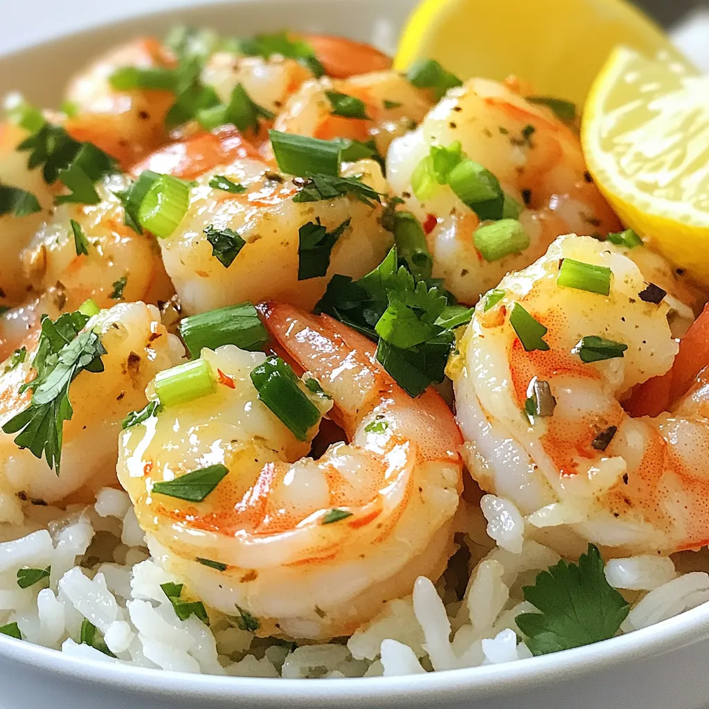 - Large shrimp (1 pound, peeled and deveined) - Jasmine rice (1 cup) - Vegetable broth or water (3 cups) - Unsalted butter (4 tablespoons) - Garlic (4 cloves, minced) - Lemon juice (1 tablespoon) - Smoked paprika (1 teaspoon) - Red pepper flakes (1/2 teaspoon, optional) - Salt and pepper to taste - Green onions (2 thinly sliced) - Fresh parsley (chopped) Garlic Butter Shrimp Rice Bowl is all about fresh flavors. The large shrimp give a sweet taste and a satisfying bite. Jasmine rice is my go-to because it cooks beautifully and adds a lovely aroma. Cooking it with vegetable broth makes it rich and tasty. The unsalted butter is key. It melts into the shrimp, making everything rich. I love using fresh garlic, too. It adds a strong, lovely flavor. A splash of lemon juice brightens the dish and adds a zing. Seasoning is where you can get creative. Smoked paprika adds warmth and depth. Red pepper flakes bring heat, but you can skip them if you like milder food. Always taste and adjust with salt and pepper to make it just right. Don’t forget the garnishes! Sliced green onions add crunch and color. Fresh parsley gives a nice pop of green and freshness. Together, they make this dish not just tasty but beautiful, too. {{ingredient_image_1}} - Rinse and drain jasmine rice until water runs clear. - In a medium saucepan, combine the rinsed rice with 3 cups of vegetable broth or water. Bring it to a boil over high heat. Then, reduce to a simmer. Cover and cook for about 15 minutes until the rice is tender and all the liquid is absorbed. Remove from heat and let it sit covered for another 5 minutes. Fluff with a fork. - While the rice cooks, melt 4 tablespoons of unsalted butter in a large skillet over medium heat. - Add 4 cloves of minced garlic to the skillet. Sauté for about 1 minute until fragrant. Be careful not to burn it. - Increase the heat to medium-high and add 1 pound of peeled and deveined shrimp. Season with 1 teaspoon of smoked paprika, salt, and pepper. If you like heat, add 1/2 teaspoon of red pepper flakes. Cook the shrimp for 2-3 minutes until they turn pink and opaque, stirring occasionally. - Drizzle 1 tablespoon of lemon juice over the shrimp and stir to combine. Remove from heat. - Divide the cooked jasmine rice into bowls. Top each bowl with the garlic butter shrimp. - Garnish with 2 thinly sliced green onions and chopped fresh parsley for a pop of color. Enjoy your delicious meal! Rinsing jasmine rice helps remove extra starch. This keeps the rice from being sticky. Rinse the rice under cold water until the water runs clear. It only takes a minute. After rinsing, drain the rice well. To cook the rice, use three cups of vegetable broth or water. Bring it to a boil in a medium pot. Once boiling, add the rinsed rice. Reduce the heat to a simmer. Cover the pot and cook for about 15 minutes. The rice should be tender and the liquid should be gone. Let the rice sit for five minutes after cooking. This helps it get fluffy. Fluff it with a fork before serving. To avoid overcooking shrimp, watch the color closely. Shrimp cook quickly. They turn pink and opaque as they cook. This usually takes about 2-3 minutes. Stir the shrimp often to help them cook evenly. I recommend using large shrimp for this dish. They have a great taste and texture. You can also use extra-large shrimp if you want. Just adjust the cooking time slightly. Fresh shrimp is best, but frozen shrimp works too. Just make sure to thaw them before cooking. To boost the flavor, consider adding extra spices. A pinch of cayenne pepper adds heat. You can also try adding some fresh herbs. Chopped basil or cilantro can bring a fresh taste. For accompaniments, serve the rice bowl with a lemon wedge. The juice adds brightness to the dish. You might also enjoy adding some sautéed veggies, like bell peppers or snap peas. They add color and crunch. Pro Tips Perfectly Cooked Rice: Rinse the jasmine rice thoroughly until the water runs clear to remove excess starch, ensuring each grain is fluffy and separate. Butter Flavor Boost: For an extra depth of flavor, consider using a mixture of unsalted butter and olive oil to sauté the garlic and shrimp. Freshness Matters: Use fresh shrimp whenever possible for the best taste and texture. If using frozen shrimp, ensure they are fully thawed before cooking. Garnish for Color: Don't skip the green onions and parsley! They not only add a pop of color but also enhance the dish's freshness and flavor profile. {{image_2}} You can switch the shrimp for chicken. Use one pound of boneless chicken breasts. Cut them into bite-sized pieces. Cook them the same way you cook shrimp. Tofu is another great option. Use firm or extra-firm tofu. Press it to remove excess water. Cut it into cubes, then sauté it until golden brown. For a veggie-based twist, you can try chickpeas. They add a nice texture and protein. Quinoa is a tasty and healthy swap. Cook it with the same amount of broth. You’ll get a nutty flavor and more protein. Cauliflower rice is a low-carb choice. Just pulse cauliflower florets in a food processor. Sauté it for a few minutes until tender. You can also use brown rice. It has more fiber and a nutty taste. Just increase the cooking time by about 10 minutes. Add vegetables to your bowl. Bell peppers, peas, or spinach work well. Sauté them with the shrimp for added color and nutrition. Don’t be afraid to mix herbs and spices. Try adding basil or cilantro for fresh flavor. A dash of curry powder can bring a new twist. Experiment to find your favorite combination! To keep your garlic butter shrimp rice bowl fresh, follow these best practices: - Cool before storing: Let the shrimp and rice cool to room temperature. - Use airtight containers: Choose containers that seal tightly to prevent air from entering. - Refrigerate: Store your leftovers in the fridge for up to three days. - Freeze for longer: If you want to save it longer, you can freeze it for up to three months. When it’s time to enjoy your leftovers, here are some methods to reheat your shrimp rice bowl: - Microwave: Place the bowl in the microwave. Heat on medium power for 1-2 minutes. Stir halfway through to ensure even heating. - Stovetop: Warm a skillet over medium heat. Add a splash of water or broth. Stir in the shrimp and rice until hot. - Oven: Preheat the oven to 350°F (175°C). Place the bowl in an oven-safe dish. Cover with foil and heat for about 15 minutes. To keep the flavor and texture intact: - Add moisture: A little broth or water helps prevent drying out during reheating. - Avoid high heat: Reheating on high can make the shrimp tough. Always go low and slow! It takes about 30 minutes to make this dish. You can prep the ingredients in 10 minutes. Cooking the rice and shrimp takes the remaining 20 minutes. This quick meal is perfect for busy nights. Yes, you can use frozen shrimp! Just thaw them before cooking. Place them in cold water for about 15-20 minutes. This way, you still get fresh shrimp taste in your bowl. If you don't have jasmine rice, you can use basmati rice or white rice. Both options will work well in this dish. Just adjust the cooking time as needed to ensure they cook properly. Yes, the Garlic Butter Shrimp Rice Bowl is gluten-free! All the ingredients are safe for gluten-free diets. Just make sure your vegetable broth is also gluten-free if you use it. To add heat, increase the red pepper flakes. You can also add chopped fresh chili or a dash of hot sauce. Adjust the spice level to match your taste buds. You can prepare some parts in advance. Cook the rice and shrimp separately, then store them in the fridge. Reheat them when you are ready to eat. This will save you time during busy days. This article covered a simple and tasty Garlic Butter Shrimp Rice Bowl. We looked at key ingredients like shrimp, jasmine rice, and flavorful seasonings. I shared step-by-step instructions for cooking the rice and shrimp, plus tips for perfect texture and flavor. You can try different protein or rice options for variety. Remember to store leftovers properly for the best taste. Enjoy making this dish, and feel free to personalize it to your liking!