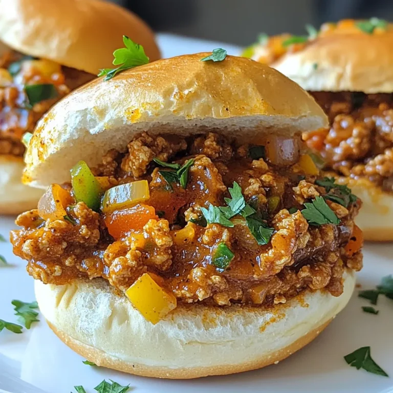 - 1 lb ground chicken - 1 tablespoon Cajun seasoning - 1 medium onion, diced - 1 green bell pepper, diced - 2 cloves garlic, minced - 1 cup crushed tomatoes - 1 tablespoon Worcestershire sauce - 1 tablespoon brown sugar - 1 tablespoon olive oil - Salt and pepper to taste - 4 hamburger buns - Fresh parsley, chopped To create the perfect Cajun Chicken Sloppy Joes, gather the ingredients. Start with one pound of ground chicken. This lean meat keeps the dish light but flavorful. Next, add one tablespoon of Cajun seasoning. This spice blend brings bold flavors to the mix. For the veggies, you will need one medium onion and one green bell pepper, both diced. These add texture and sweetness. You also need two cloves of minced garlic for a nice aroma. One cup of crushed tomatoes is key for a rich sauce. Then, add one tablespoon of Worcestershire sauce for depth. The brown sugar balances the spices; just one tablespoon will do. Use one tablespoon of olive oil to sauté the veggies. Don't forget salt and pepper for taste. Finally, four hamburger buns will hold your sloppy joes, and fresh parsley will make a lovely garnish. These ingredients come together to create an easy and tasty meal. Make sure to have everything ready before you start cooking. This way, you can enjoy every step of making these Cajun Chicken Sloppy Joes! {{ingredient_image_1}} 1. Heating the Skillet and Sautéing Vegetables Start by heating 1 tablespoon of olive oil in a large skillet over medium heat. Add 1 diced medium onion and 1 diced green bell pepper. Sauté these for about 5 minutes until they soften. Then, stir in 2 minced garlic cloves and cook for 1 more minute. 2. Adding Ground Chicken and Browning Next, add 1 pound of ground chicken to the skillet. Use a spatula to break it apart. Cook the chicken for 5 to 7 minutes until it turns brown. This step is key to getting good flavor. 3. Incorporating Cajun Seasoning and Tomatoes Now, sprinkle 1 tablespoon of Cajun seasoning over the browned chicken. Mix it well to coat the meat evenly. Pour in 1 cup of crushed tomatoes and 1 tablespoon of Worcestershire sauce. Add 1 tablespoon of brown sugar, then stir everything together to blend the flavors. 4. Reducing Heat and Allowing to Thicken Reduce the heat to low. Let the mixture simmer for 10 to 15 minutes. This cooking time allows the sauce to thicken. Be sure to season with salt and pepper to taste. 5. Toasting the Buns While the chicken mixture simmers, toast 4 hamburger buns lightly. This step adds a nice crunch and helps hold the filling. 6. Serving the Dish To serve, spoon the Cajun chicken mixture on the toasted buns. Garnish with chopped fresh parsley for a pop of color and flavor. Enjoy your delicious meal! - Ensuring Chicken is Fully Cooked Always cook the chicken until it reaches 165°F. Use a meat thermometer for accuracy. This ensures safety and great flavor. The chicken will change color when it’s done. You want it to be white, not pink. - Adjusting Spice Levels with Cajun Seasoning Cajun seasoning can be spicy. If you like less heat, start with less seasoning. Mix in a little at a time. Taste as you go. You can always add more later. If it gets too spicy, add sugar or more crushed tomatoes to cool it down. - Ways to Serve with Sides Cajun chicken sloppy joes pair well with many sides. Try serving them with coleslaw for crunch. Potato chips or fries are also great options. They add texture and balance the meal. A fresh salad can lighten the dish, too. - Recommended Garnishes Fresh parsley adds color and flavor. Sprinkle it on top for a nice touch. You can also add sliced jalapeños for extra heat. Cheese, like cheddar or pepper jack, melts well over the sloppy joes. Each garnish enhances the dish in its own way. Pro Tips Adjust the Spice Level: If you prefer a milder flavor, reduce the amount of Cajun seasoning or opt for a mild blend. You can always add more spice later if desired. Make it Ahead: This dish can be made ahead of time and stored in the refrigerator for up to 3 days. Reheat on the stove before serving for a quick meal. Serving Suggestions: Serve with coleslaw or potato chips for a complete meal. The crunch complements the softness of the sloppy joes beautifully. Garnish for Freshness: Fresh parsley adds a burst of color and flavor. Feel free to substitute with cilantro or green onions for a different twist. {{image_2}} You can easily switch the ground chicken for other proteins. Ground turkey works well. It has a similar taste and texture. Just cook it the same way as the chicken. Ground beef is another option. Choose lean beef to keep it light. Both options will give you a tasty meal. For a vegetarian twist, try using plant-based protein. Crumbled tofu or tempeh can work great. You can also use lentils. They add a nice texture and flavor. Just season them well with Cajun spices to keep that bold flavor. Want to make your Cajun Chicken Sloppy Joes even better? Try adding extra vegetables. Chopped celery or diced carrots can add crunch. You can also toss in some spinach or kale for a boost of color and nutrients. Experimenting with different seasonings can also elevate your dish. Try adding smoked paprika for a deeper flavor. A dash of hot sauce could bring some heat. If you love sweet and spicy, mix in some diced jalapeños with the onions. The options are endless! To keep your Cajun Chicken Sloppy Joes fresh, store them correctly. First, let the mixture cool down. Then, place it in an airtight container. You can store it in the fridge for up to three days. If you want to keep it longer, freeze it. Use a freezer-safe container or bag. The dish can last up to three months in the freezer. Just make sure to label it with the date. When you're ready to enjoy your leftovers, reheating is easy. For the best taste, use the stovetop. Put the chicken mixture in a skillet over medium heat. Stir it often to heat evenly. If it seems dry, add a splash of water or broth. Heat until it's hot all the way through. You can also use the microwave. Place the mixture in a microwave-safe bowl. Cover it loosely and heat for one minute. Stir, then heat for another 30 seconds if needed. Enjoy your flavorful meal! You can use ground turkey or ground beef as a substitute for ground chicken. These meats work well in this recipe, too. If you want a vegetarian option, try a plant-based ground meat. It will give you a similar texture. The spice level depends on the Cajun seasoning you use. Most store-bought blends are mild to medium. If you want a kick, add more seasoning or a dash of hot sauce. Adjust it to fit your taste! Yes, you can prepare this dish ahead of time. Just cook the chicken mixture and store it in the fridge. When you are ready to eat, reheat it on the stove. Then, toast your buns fresh for the best meal. This blog covered a simple, delicious recipe for Cajun Chicken Sloppy Joes. We discussed the ingredients needed, including ground chicken, Cajun seasoning, and fresh vegetables. You learned the preparation steps for cooking and serving your dish. I shared tips for customizing flavors and ensuring safety in cooking. Lastly, I provided storage and reheating tips. Now you can enjoy this tasty meal anytime. Try different proteins or spices for variety. Happy cooking!