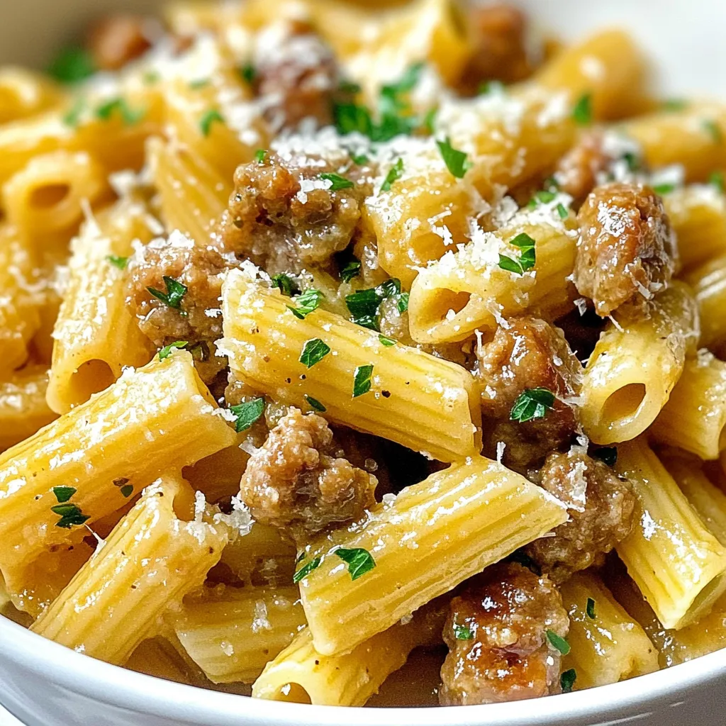 - 300g penne pasta - 200g Italian sausage (casings removed) - 3 tablespoons honey - 4 cloves garlic, minced - 2 tablespoons soy sauce - 1 tablespoon olive oil - 1/2 teaspoon red pepper flakes (optional) - Salt and pepper to taste - 1/4 cup chopped fresh parsley - Grated Parmesan cheese for serving In this recipe, we use penne pasta as the base. It holds sauce well and adds great texture. I love using Italian sausage for its rich flavor. It adds depth to the dish. The honey gives a sweet touch that balances the savory sausage. Garlic brings a nice aroma and taste, making every bite special. For the sauce, soy sauce adds a savory element. It enhances the overall flavor profile. Olive oil helps cook the sausage, keeping it juicy. Optional red pepper flakes can add a kick, perfect for spice lovers. Don’t forget salt and pepper to enhance all the flavors. Fresh parsley adds brightness and color. Finally, grated Parmesan cheese makes it all come together. It adds a creamy finish that you’ll love. Each ingredient plays a key role in making this dish a flavorful delight. Enjoy the process of cooking and taste the magic as you put it all together! {{ingredient_image_1}} - Bring a large pot of salted water to a boil. - Add 300g of penne pasta and cook until al dente. Cooking pasta is simple but key to this dish. I recommend checking the package for timing. Drain the pasta and save 1/2 cup of the cooking water. This water helps adjust the sauce later. - Heat 1 tablespoon of olive oil in a skillet. - Add 200g of Italian sausage (without casings) and brown it thoroughly. I like to break the sausage apart with a spatula while it cooks. This way, it gets a nice, even color. It usually takes about 5 to 7 minutes to cook. - Sauté 4 minced cloves of garlic with the sausage. - Add 3 tablespoons of honey and 2 tablespoons of soy sauce. Push the sausage to one side of the skillet. Add the garlic and cook until it smells amazing, about 1 minute. Then mix it all together. The honey and soy sauce create a sweet and savory sauce. - Toss the cooked pasta with the sausage and sauce. - Adjust consistency with reserved pasta water. Add the drained pasta to the skillet. Mix everything well. If the dish seems dry, pour in a bit of the reserved pasta water. This helps make it creamy and smooth. - Stir in 1/4 cup of chopped fresh parsley. - Serve with grated Parmesan cheese on top. Once everything is combined, remove it from the heat. The parsley adds freshness and color. I love to sprinkle a good amount of Parmesan cheese on top before serving. It gives a rich flavor that pairs perfectly with the dish. Pick a sausage that fits your taste. You can choose mild for a gentle flavor or spicy for a kick. Italian sausage works well in this dish. It adds great taste and keeps the dish fun. You can change the sweetness by adding more or less honey. If you love heat, add more red pepper flakes. Start small and taste as you go. This way, you control the flavors to match your liking. Serve this pasta with a side of crusty bread. It soaks up the tasty sauce perfectly. You can also add a fresh salad. The crunch and freshness balance the sticky pasta well. Enjoy your meal with family or friends! Pro Tips Use Fresh Garlic: Freshly minced garlic provides a much stronger flavor than pre-minced or jarred garlic, enhancing the overall taste of the dish. Adjust Sweetness: If you prefer a less sweet sauce, reduce the amount of honey or substitute with a low-sugar alternative, ensuring the balance of flavors remains intact. Don’t Overcook the Pasta: Cooking the pasta al dente ensures it maintains its texture and holds up well when mixed with the sauce. Garnish Generously: Chopped parsley not only adds color but also a fresh flavor that brightens up the dish, so don’t skimp on the garnish! {{image_2}} You can easily make a vegetarian version of this dish. Just swap the Italian sausage for a vegan alternative. Many brands offer tasty plant-based sausage that works well. Look for options made from soy or pea protein. They provide a similar texture and flavor. You can even add some smoked paprika for a smoky taste. This change keeps the dish hearty while being meat-free. Adding vegetables boosts the dish's nutrition and flavor. Spinach is a great choice; it wilts nicely into the pasta. Bell peppers add a sweet crunch, while zucchini brings a mild taste. Chop these veggies and sauté them with the sausage. They will soak up the honey garlic sauce. You can mix and match based on your favorite vegetables or what you have on hand. For a gluten-free meal, switch the penne pasta for gluten-free pasta. There are many brands that offer good alternatives made from rice or corn. Just cook them according to the package directions. The key is to ensure they stay al dente. This way, they hold up well in the dish. You can enjoy all the tasty flavors without worrying about gluten. To keep your Sticky Honey Garlic Sausage Pasta fresh, store it in an airtight container. Make sure to let it cool first. This helps keep moisture locked in and prevents sogginess. Refrigerate the pasta within two hours of cooking. It will stay good for up to three days. When reheating, I always suggest using the stove or microwave. For the stove, warm it in a pan over low heat. Add a splash of water or broth to keep it moist. Stir often until heated through. In the microwave, use a microwave-safe dish. Cover it loosely to allow steam to escape. Heat in short bursts, stirring between, until hot. This way, you avoid drying it out. Yes, you can freeze this pasta! To freeze, let it cool completely. Place it in a freezer-safe container or bag. Remove as much air as possible to prevent freezer burn. It can last for up to three months. To thaw, move it to the fridge overnight. Reheat it slowly on the stove or in the microwave. If it seems dry, add a splash of water or broth as you reheat. This dish is quick to prepare. You need about 10 minutes to prep. The cooking time takes around 15 minutes. Altogether, it takes just 25 minutes from start to finish. Yes, you can use various pasta types. If you don’t have penne, try fusilli or rigatoni. These shapes hold the sauce well. You can also use spaghetti for a twist. Just adjust the cooking time based on the pasta you choose. The recipe has a mild heat. It includes red pepper flakes, but they are optional. If you like it spicy, add more flakes. If you prefer no heat, leave them out. The honey and garlic keep it sweet and flavorful, balancing the taste. This blog post shared how to make Sticky Honey Garlic Sausage Pasta. We covered key ingredients, step-by-step cooking instructions, and tips for a great meal. You learned how to adjust flavors and explore variations, like vegetarian options. Remember, you can enjoy this dish in many ways. Experiment with ingredients to suit your taste. Don't forget about storage tips for leftovers. Cooking should be fun and flexible. Now it's time to gather your ingredients and start cooking! Enjoy the delicious results!