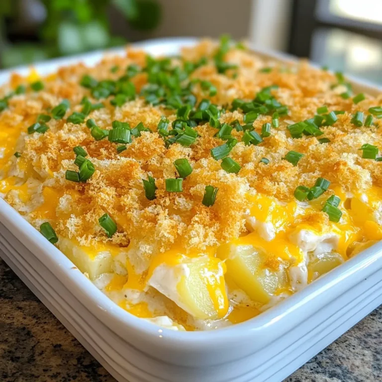 To make this tasty dish, you need key ingredients: - 2 cups cooked chicken, shredded - 4 large russet potatoes, peeled and cubed - 1 cup ranch dressing - 1 cup sour cream - 2 cups shredded cheddar cheese - 1 cup green onions, chopped (divided) - 1 teaspoon garlic powder - 1 teaspoon onion powder - Salt and pepper to taste - 1 cup panko breadcrumbs - 2 tablespoons olive oil These main ingredients bring rich flavors and textures to the casserole. The chicken and potatoes create a hearty base. The ranch dressing and sour cream add a creamy touch. The cheddar cheese gives it a melty, cheesy goodness. You can customize this casserole with fun extras: - 1 cup cooked bacon bits (optional, can be omitted) - Extra spices like paprika or chili powder for heat - Different cheeses like mozzarella or pepper jack - Veggies such as broccoli or bell peppers Feel free to mix and match. This is a great way to use what you have at home. Adding bacon bits gives a smoky crunch. Extra spices can elevate the flavor profile. To prepare your Loaded Potato Ranch Chicken Casserole, gather these tools: - Large pot for boiling potatoes - Mixing bowl for combining ingredients - 9x13 inch baking dish for baking the casserole - Small bowl for mixing breadcrumbs - Potato peeler and knife for prepping potatoes Having the right tools makes cooking easier. A good baking dish ensures even cooking. Use a mixing bowl that is big enough to hold all ingredients. {{ingredient_image_1}} First, preheat your oven to 375°F (190°C). Next, fill a large pot with water and add salt. Bring the water to a boil. Once boiling, add the peeled and cubed russet potatoes. Cook them for about 15 minutes. You want them to be fork-tender. After that, drain the potatoes in a colander and set them aside to cool. This step gives your casserole a creamy base. In a large mixing bowl, combine the shredded chicken, ranch dressing, and sour cream. Add 1 cup of shredded cheddar cheese. Then, toss in ½ cup of chopped green onions, garlic powder, onion powder, salt, and pepper. Mix everything well until it is fully blended. Now, gently fold in the cooked potatoes. Be careful not to mash them. You want nice chunks of potato in your casserole for texture. Transfer the chicken and potato mixture into a greased 9x13 inch baking dish. Spread it out evenly across the dish. In a small bowl, mix the panko breadcrumbs, the remaining cheddar cheese, and cooked bacon bits if you choose to use them. Drizzle in the olive oil and mix until the breadcrumbs are coated. Spread this breadcrumb mixture over the top of the casserole. Bake it in your preheated oven for about 25-30 minutes. Keep an eye on it until the top is golden and crispy. Once it's done, let it cool for a few minutes. Garnish with the remaining green onions before serving. To make the best Loaded Potato Ranch Chicken Casserole, use freshly cooked chicken for great flavor. Shred the chicken into small pieces for even mixing. Choose russet potatoes for their creamy texture. When boiling the potatoes, don’t overcook them; they should be fork-tender but not mushy. This step helps the potatoes hold their shape in the casserole. Mix the ranch dressing and sour cream well. This creates a creamy base that binds everything together. Use your favorite brand of ranch dressing for a flavor boost. Add garlic and onion powder for a nice kick. These spices enhance the overall taste and aroma. When mixing, fold in the potatoes gently. You want to keep them intact. A few chunks of potato add great texture. Top with panko breadcrumbs mixed with olive oil for crunch. Bake until the top is golden brown, about 25-30 minutes. Let it cool a bit before serving; this helps the layers set. You can make swaps to fit your diet. For a lighter option, use Greek yogurt instead of sour cream. This keeps the creaminess while lowering fat. If you need a dairy-free dish, try cashew cream in place of ranch and sour cream. For gluten-free needs, choose gluten-free breadcrumbs or skip the topping. You can add more veggies, like spinach or bell peppers, for extra nutrition. If you don't eat chicken, use shredded turkey or cooked lentils for protein. Avoid overcooking the potatoes; they should be tender but firm. If they are too soft, they will break apart when mixed. Don’t skip the step of mixing the ranch with the sour cream. This step ensures each bite is flavorful. Make sure to grease your baking dish well. A non-stick spray works best to prevent sticking. Also, let the casserole cool for a few minutes before serving. This helps the layers stay together when you scoop it out. Lastly, remember to taste and adjust seasoning before baking; a little salt can make a big difference! Pro Tips Choose the Right Potatoes: Russet potatoes are ideal for a creamy texture, but Yukon gold can also add a buttery flavor. Mix Ingredients Gently: When folding in the potatoes, be careful not to mash them to keep a nice chunky texture in the casserole. Breadcrumb Variations: For added flavor, try mixing in some grated Parmesan cheese with the panko breadcrumbs. Let it Rest: Allow the casserole to cool for a few minutes after baking; this helps it set up and makes serving easier. {{image_2}} You can easily make this dish vegetarian. Replace the chicken with 2 cups of cooked lentils or chickpeas. These options add protein and texture. You can also add more veggies, like broccoli or bell peppers. This will keep the dish colorful and tasty. Want to kick up the flavor? Try adding spices like paprika, cayenne, or chili powder. These spices add warmth and depth. You can also mix in fresh herbs, like thyme or parsley, for a fresh taste. For added crunch, consider mixing in some diced bell peppers or mushrooms. They will bring a nice texture to the casserole. Cheddar cheese is great, but you can switch it up. Use mozzarella for a milder taste or pepper jack for some heat. A blend of cheeses gives a richer flavor. Feel free to experiment with different cheese types. This way, you can find your perfect cheese mix for this dish. To keep your Loaded Potato Ranch Chicken Casserole fresh, cool it down first. Place it in an airtight container. Store it in the fridge for up to three days. If you want to enjoy it later, freezing is a great option. To freeze, let the casserole cool completely. Use a freezer-safe container or wrap it tightly in plastic wrap. You can store it for up to three months. Just remember to label it with the date. This way, you know when you made it. When you're ready to eat, you can reheat it from frozen or refrigerated. If frozen, thaw it overnight in the fridge. Preheat your oven to 350°F (175°C). Cover the casserole with foil to keep it moist. Bake it for about 25-30 minutes until heated through. If it’s in the fridge, it may only need 15-20 minutes. For a crispy top, uncover it for the last 5 minutes. Enjoy your tasty comfort meal! Yes, you can use rotisserie chicken. It saves time and adds flavor. Just shred the meat and mix it into the casserole. This option is great for busy days. Rotisserie chicken has a nice taste that blends well with ranch and potatoes. To make this casserole lighter, try these tips: - Use low-fat ranch dressing and sour cream. - Cut back on cheese, or use a lighter cheese. - Leave out the bacon bits. - You can add more veggies, like broccoli or spinach. These changes keep the taste but lower the calories. This casserole pairs well with many sides. Here are some ideas: - A fresh green salad adds crunch. - Steamed vegetables, like green beans, work great. - Garlic bread makes a nice addition. - You can also serve it with a light soup. These sides balance out the meal and add variety. You learned how to make a tasty Loaded Potato Ranch Chicken Casserole. We covered the main and optional ingredients, plus tools needed. I shared step-by-step instructions to guide you. Tips helped avoid common mistakes. You also found fun variations and storage tips. Keep this recipe in mind for busy days or family meals. With simple swaps, you can fit your needs. Enjoy cooking and sharing this dish!