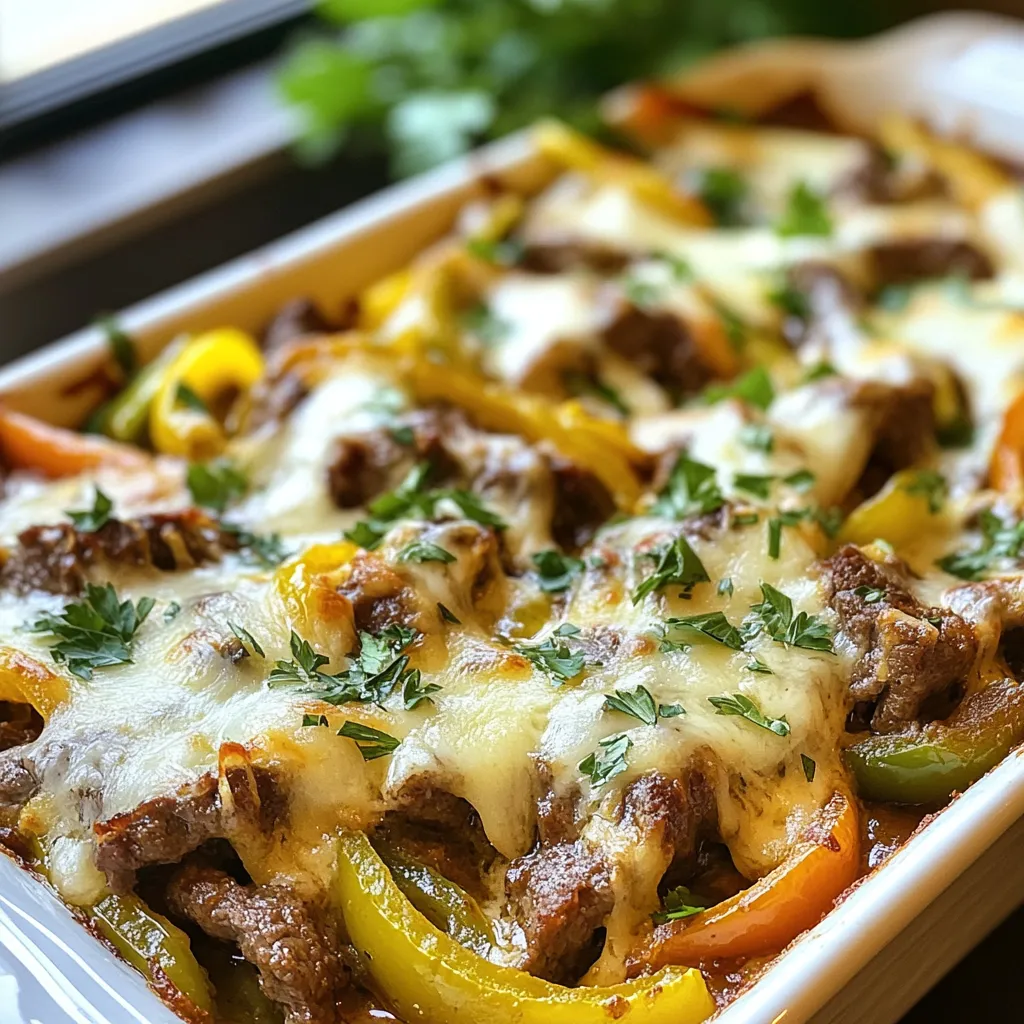 - 1 lb thinly sliced beef - 1 cup bell peppers - 1 cup onion - 2 cloves garlic The main ingredients in this casserole create a rich and tasty base. I prefer using thinly sliced beef like sirloin or flank steak. It cooks quickly and keeps the dish tender. Bell peppers add color and sweetness. You can use any color you like, from green to red. Onions bring a nice depth of flavor, while garlic adds a warm aroma. Together, they create a hearty mix that fits perfectly in this dish. - 1 cup cream cheese - 1 cup shredded mozzarella cheese - 1 cup shredded provolone cheese The cheese blends in to give the casserole a creamy texture. I like to use cream cheese as it adds richness. Mozzarella melts beautifully and gives that gooey goodness we all love. Provolone adds a sharp flavor that balances the creaminess. This combination creates the ultimate cheesy layer on top that makes every bite delightful. - 1 tablespoon olive oil - 1 teaspoon Worcestershire sauce (optional) - Salt and pepper to taste Using olive oil helps cook the beef and vegetables without sticking. Worcestershire sauce adds a savory kick, but it’s up to you if you want to use it. Salt and pepper are key to enhancing all the flavors. Just remember to taste as you go. It helps ensure your casserole is seasoned just right. {{ingredient_image_1}} - Preheat the oven to 350°F (175°C). - In a large skillet, cook the beef until browned. This takes about 5-7 minutes. Use medium-high heat. - Next, sauté the onions and bell peppers in the same skillet. Cook them for about 4-5 minutes until they are tender. - Add the minced garlic for flavor. This will make your kitchen smell great! - In a large bowl, mix the cooked beef, sautéed veggies, and softened cream cheese. Stir until it’s creamy and well blended. - Spread this mixture into a greased 9x13 inch baking dish. - Top it off with shredded mozzarella and provolone cheese. - Now, place the dish in your preheated oven. Bake for 25-30 minutes. - Keep an eye on it until the cheese is melted and bubbly with a slight golden color. - After baking, let the casserole cool for about 5 minutes. - Garnish with freshly chopped parsley before serving. This adds a nice touch! To make a great casserole, you want the beef cooked just right. Use thin slices of beef like sirloin or flank steak. Cook it over medium-high heat for about 5-7 minutes. You want it nicely browned but not overcooked. If you let it rest, it stays juicy. For the veggies, choose colorful bell peppers and onions. Sauté them in olive oil for 4-5 minutes. This softens them and brings out their natural sweetness. Add garlic last to keep its strong flavor bright. Pair your casserole with a fresh salad or sliced cucumbers. The cool crunch of veggies balances the rich cheese. For an appealing dish, serve in individual bowls. A sprig of fresh parsley on top adds color and a touch of class. You can lower carbs by swapping cream cheese for a lower-carb option. Try using ricotta cheese or Greek yogurt for creaminess. Use more veggies like zucchini or mushrooms to bulk it up without adding carbs. To boost flavor without extra carbs, use spices like paprika or Italian seasoning. A sprinkle of red pepper flakes adds heat. You can also add Worcestershire sauce for a touch of umami. Pro Tips Choose the Right Cut: Opt for tender cuts like sirloin or flank steak to ensure your casserole is both flavorful and easy to chew. Perfectly Creamy: Make sure your cream cheese is at room temperature before mixing to achieve a smooth and creamy consistency throughout the casserole. Add Extra Flavor: Enhance the taste by incorporating additional spices or herbs such as Italian seasoning or smoked paprika for a unique twist. Customize Your Veggies: Feel free to add or substitute other vegetables such as mushrooms, zucchini, or spinach based on your preferences for added nutrition and flavor. {{image_2}} You can swap the beef for other meats. Try chicken, turkey, or pork. These options bring different tastes and textures. If you want a vegetarian dish, use mushrooms or tempeh. They soak up flavors well and add nice texture. To change the flavor profile, add spices. Paprika, cumin, or Italian herbs work great. They can kick up the taste. You can also top your casserole with jalapeños for heat. Black olives add a nice briny touch too. Just sprinkle them on before baking. If you want a slow cooker version, layer the beef and veggies in the pot. Cook on low for 6-8 hours. This method makes it very tender. For quicker cooking, try an Instant Pot. Use the sauté function for your beef and veggies. Then, cook on high pressure for about 10 minutes. This saves time while keeping the flavor. To store leftovers, place the casserole in an airtight container. You can also cover it tightly with plastic wrap. This will help keep it fresh. You can keep it in the fridge for about 3 to 4 days. Make sure it cools down before sealing. You can freeze the casserole before or after baking. If you freeze it before baking, assemble it in your dish. Wrap it tightly in plastic wrap and then aluminum foil. For freezing after baking, let it cool first. Then, store it in an airtight container. To thaw, move it to the fridge for a night. For reheating, bake it at 350°F (175°C) until hot. To reheat, the oven works best. It keeps the texture just right. Preheat the oven to 350°F (175°C). Place the casserole in a baking dish and cover it with foil. Bake for 20-25 minutes. If using a microwave, heat in short bursts. Stir in between to avoid hot spots. Be careful not to overcook. Enjoy your meal! To make this dish dairy-free, you can swap cream cheese for a dairy-free cream cheese. Use a plant-based cheese blend in place of mozzarella and provolone. Nutritional yeast can add a cheesy flavor without dairy. You can also try coconut cream for a creamy texture. This casserole is low in carbs, making it great for low-carb diets. It has protein from the beef, which helps build muscle. The bell peppers and onions provide vitamins like C and A. The dish is also rich in healthy fats from the cheese and olive oil. Yes, you can prepare this casserole ahead of time. Cook the beef and veggies, then mix with the cream cheese. Store it in the fridge for up to 24 hours. Just bake it when you're ready to eat. To serve leftovers, reheat in the oven for a crispy top. You can also microwave individual portions for a quick meal. Pair with a fresh salad or veggies for a balanced meal. If your casserole is frozen, bake it at 350°F (175°C) for about 50-60 minutes. Cover it with foil to prevent burning. Check that the center is hot before serving. Enjoy your meal! The Low Carb Philly Cheesesteak Casserole combines tasty ingredients like beef, peppers, and cheese. You can easily prepare it with simple steps that make cooking fun. Remember to mix and bake it well for a delicious meal. Try out variations for different flavors and use tips to enjoy each bite. Storing and reheating leftovers is easy, so you’ll always have a tasty dish ready. Enjoy making this meal, and share any new twists you add!
