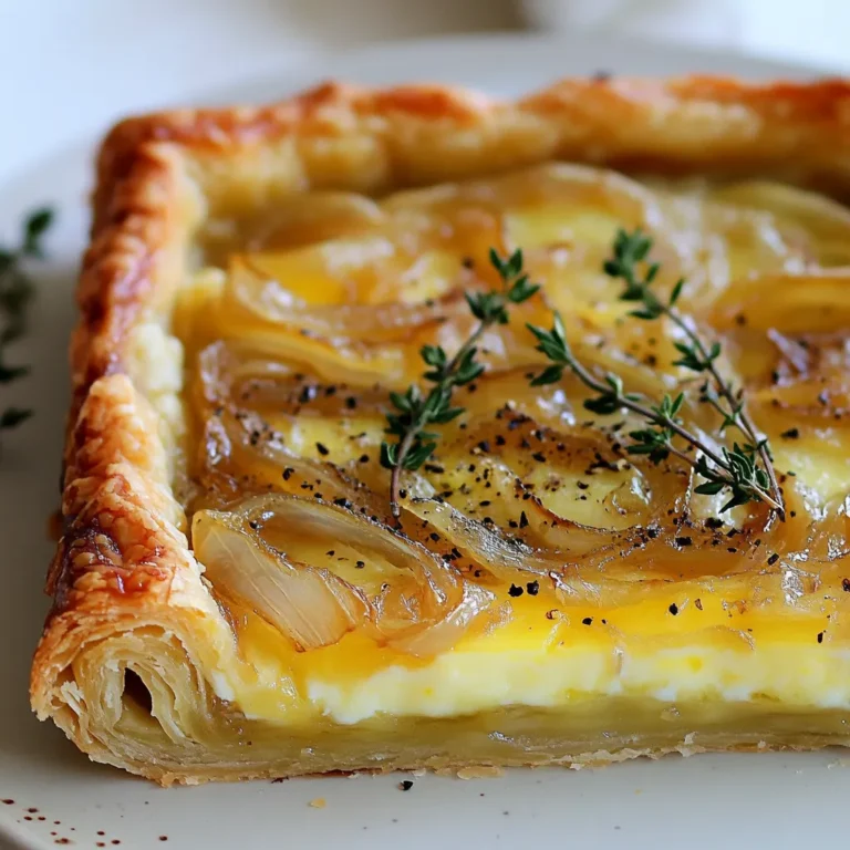 - 1 sheet of puff pastry, thawed - 2 large onions, thinly sliced - 1 cup Gruyère cheese, grated - 2 tablespoons olive oil - 1 tablespoon balsamic vinegar - ½ teaspoon sugar - Salt and pepper to taste - 2 large eggs - 1 cup heavy cream - Fresh thyme leaves for garnish The main ingredients for this tart are simple yet rich in flavor. Puff pastry forms a light and flaky base. The onions, when caramelized, bring a deep, sweet taste. Gruyère cheese melts beautifully and adds a nutty richness. The aromatics and seasoning elevate the dish. Olive oil helps soften the onions. Balsamic vinegar adds a hint of tang. A bit of sugar helps with the caramelization process. Salt and pepper balance the flavors. The liquid ingredients bind everything together. Eggs provide structure, while heavy cream adds creaminess. Fresh thyme leaves give a touch of green and earthiness, enhancing the dish's overall taste. {{ingredient_image_1}} To caramelize onions, start by slicing two large onions thinly. Heat two tablespoons of olive oil in a large skillet over medium heat. Add the onions along with a pinch of salt. Cook the onions for about 15 to 20 minutes, stirring occasionally. You want them to turn soft and golden brown. After they reach that lovely color, stir in one tablespoon of balsamic vinegar and half a teaspoon of sugar. Cook for an additional five minutes, which will enhance the sweetness. Remove them from the heat and let them cool. Now, let’s get to the puff pastry! Thaw one sheet of puff pastry if it’s frozen. On a lightly floured surface, roll it out to fit your tart pan, about 10 inches wide. Place the pastry in the pan and remember to poke holes in the bottom with a fork. This step helps to prevent bubbling while it cooks. Next, spread the caramelized onions evenly over the puff pastry. Now, sprinkle one cup of grated Gruyère cheese on top of those sweet onions. In a mixing bowl, whisk together two large eggs and one cup of heavy cream. Season this mixture with salt and pepper. Pour it over the cheese and onions in the tart shell. Preheat your oven to 400°F (200°C). Place the tart in the oven and bake for about 25 to 30 minutes. You’ll know it’s done when the filling is set and the pastry turns golden brown. Once baked, let it cool slightly before slicing. Enjoy the rich, savory flavors! To get the best flavor from your onions, slice them thinly. Thin slices cook evenly and caramelize well. Use medium heat to cook the onions slowly. This helps them turn golden brown and sweet. Stir them often, but not too much. Let them relax in the pan for a while. A common mistake is cooking at high heat. This can burn the onions and ruin the flavor. Another mistake is not using enough oil. Oil helps the onions cook evenly and adds taste. To make your tart look fancy, serve it on individual plates. Cut the tart into nice slices and place on each plate. Add a small sprig of thyme on top for color. For sides, a light salad works well. A salad with a simple vinaigrette complements the tart's rich flavors. You can also serve it with a light soup for a complete meal. Want to add more flavor? Try adding fresh herbs like rosemary or basil to the onions. These herbs bring a new twist. You can also mix different cheeses. Cheddar or feta can give a nice taste. For something different, try adding sautéed mushrooms or spinach. These add more texture and flavor to the tart. Pro Tips Choose the Right Onions: For the best flavor, use sweet onions such as Vidalia or Walla Walla, as they will caramelize beautifully and enhance the tart's taste. Perfect Puff Pastry: Ensure your puff pastry is chilled before rolling it out; this helps achieve a flaky and crispy texture when baked. Custom Cheese Blend: While Gruyère is delicious, consider mixing it with other cheeses like Fontina or a sharp cheddar for added depth of flavor. Garnishing Tips: Fresh herbs like chives or parsley can also make a beautiful garnish, adding a pop of color and fresh flavor to your tart. {{image_2}} You can try other cheeses instead of Gruyère. Cheddar gives a sharp taste. Fontina offers a creamy texture. Goat cheese adds tanginess. Mixing cheeses creates a unique flavor. For example, blend Gruyère with goat cheese for a rich taste. Adding more vegetables makes the tart even better. Spinach adds freshness, while mushrooms offer earthiness. Try roasted red peppers for sweetness. Seasonal variations keep the dish exciting. In fall, squash can be a great choice. In spring, asparagus brightens the flavor profile. You can make mini tarts or tartlets for fun servings. Use a muffin tin for smaller sizes. This way, each guest enjoys their own tart. Adjust cooking time to about 15-20 minutes. Watch for a golden color to know they’re done. To keep your Caramelized Onion Gruyère Tart fresh, store it in the fridge. Let it cool first. Then, place it in an airtight container. If you don’t have one, cover it tightly with plastic wrap. This will help keep the tart moist and tasty. When you’re ready to enjoy leftovers, use the oven for the best crispness. Preheat your oven to 350°F (175°C). Place the tart on a baking sheet. Heat for about 15-20 minutes or until it’s warm. Check the center with a knife to ensure it’s hot throughout. You can freeze the tart if you have extra. Wrap it tightly in plastic wrap and then in foil. This helps prevent freezer burn. For thawing, move it to the fridge overnight. After thawing, reheat it in the oven as mentioned above to bring back the crispness. Yes, you can use homemade puff pastry. It may taste fresher than store-bought. Making your own can be fun and rewarding. To make puff pastry at home, follow these tips: - Use cold butter for flakiness. - Roll and fold the dough multiple times. - Chill the dough between folds for better results. This tart pairs well with light side salads. A simple green salad with vinaigrette works great. You can also serve it with dips like tzatziki or hummus. For drinks, consider serving: - A crisp white wine like Sauvignon Blanc. - Sparkling water with lemon for a refreshing option. The tart lasts about 3-4 days in the fridge. Store it in an airtight container for best quality. Signs of spoilage include: - Unpleasant smell. - Mold on the surface. - Changes in texture, such as sogginess. This blog post covered the steps to make a delicious Caramelized Onion Gruyère Tart. We discussed main ingredients like puff pastry and Gruyère cheese, along with tips for perfect caramelized onions. I shared how to assemble and bake the tart, as well as ways to enhance its flavors. In closing, enjoy experimenting with variations, serving ideas, and storage tips. The result is a tasty dish you can share and savor. Happy cooking!