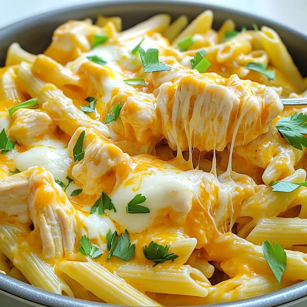 To make One Pot Buffalo Chicken Pasta, you will need: - 1 lb (450g) boneless, skinless chicken breasts, cubed - 12 oz (340g) penne pasta - 1 tablespoon olive oil - 1 medium onion, diced - 3 cloves garlic, minced - 2 cups chicken broth - 1 cup buffalo sauce (mild or spicy, based on preference) - 1 cup heavy cream - 1 cup shredded cheddar cheese - 1 cup shredded mozzarella cheese - Salt and pepper to taste These ingredients work together to create a rich and creamy dish. The chicken adds protein, while the pasta helps to soak up all the tasty flavors. The buffalo sauce gives this meal a kick, and the cream makes it smooth. For an extra touch, consider these garnishes: - 2 green onions, sliced - Fresh parsley, chopped These garnishes add color and freshness to your dish. Green onions provide a mild crunch. Parsley brightens the overall look and taste. While cheddar and mozzarella are classic, you can mix it up. Try these cheese options: - Pepper jack for extra heat - Gouda for a smoky flavor - Parmesan for a nutty twist Each cheese brings its own unique flavor. Feel free to experiment and find your favorite combination. Start by heating olive oil in a large pot over medium heat. Add the diced onion and sauté it for about 2-3 minutes. You want the onion to soften. Next, stir in minced garlic and cubed chicken. Cook this mixture for 5-7 minutes. Keep stirring until the chicken turns brown and is fully cooked. Now, pour in the chicken broth and buffalo sauce. Bring this mixture to a boil. Then, stir in the penne pasta. Reduce the heat to a simmer and cover the pot. Cook for about 12-15 minutes. Stir occasionally to stop the pasta from sticking. The pasta should be al dente and soak up most of the liquid when done. Once the pasta is cooked, carefully stir in the heavy cream along with the shredded cheddar and mozzarella cheeses. Cook for an additional 2-3 minutes. This will let the cheese melt and make the pasta creamy. Finally, season it with salt and pepper to taste. Serve it in bowls and garnish with sliced green onions and chopped parsley. Enjoy this creamy and flavorful dish! To boost the flavor, choose a good buffalo sauce. A brand you love can make a big difference. You can also mix in a little garlic powder or onion powder. This adds more layers to the taste. If you have time, let the chicken marinate in the sauce for 30 minutes before cooking. This step helps the chicken soak up all the tasty flavors. If your pasta is too dry, add a splash of chicken broth while cooking. This will help keep it creamy. For pasta that sticks together, stir it more often. If you find it too salty, add a bit more cream to balance it out. Always taste as you go! This way, you can adjust the seasoning to your liking. To make it spicier, use extra buffalo sauce or add a pinch of cayenne pepper. If you want it milder, use a mild buffalo sauce or add more cream. You can also mix in some cooked veggies like bell peppers to offset the heat. Adjusting spice levels is easy, so make it just how you like! {{image_2}} You can change the type of pasta if you want. Use rotini, farfalle, or even gluten-free pasta. Each type offers a new twist on texture and taste. Just remember to adjust the cooking time based on the pasta you choose. If you pick a larger shape, it may need a bit more time. If you want to switch up the protein, you have options. Turkey works great; just cube the meat like chicken. You can also use shredded rotisserie chicken for a faster meal. If you like seafood, shrimp adds a nice flavor. Cook shrimp until it turns pink before adding the broth. To make this dish vegan, swap the chicken for chickpeas or tofu. Use vegetable broth instead of chicken broth. Replace heavy cream with coconut cream or cashew cream for richness. You can also use vegan cheese to keep it creamy and flavorful. The taste will still shine through, even without meat! To store your One Pot Buffalo Chicken Pasta, let it cool first. Place it in an airtight container. Make sure to seal it well. You can keep it in the fridge for up to three days. Label the container with the date. This helps you remember when you made it. When you're ready to eat the leftovers, take them out of the fridge. You can reheat the pasta in the microwave or on the stove. If using the microwave, heat it in short bursts. Stir in between to make sure it warms evenly. If reheating on the stove, add a splash of chicken broth. This keeps the pasta creamy and tasty. If you want to save some for later, freezing is a great option. Portion the pasta into freezer-safe containers. Leave some space at the top, as the pasta will expand when frozen. You can freeze it for up to two months. When you're ready to eat, let it thaw in the fridge overnight. Then, reheat it as mentioned before. This way, you can enjoy a quick meal anytime! Yes, you can make One Pot Buffalo Chicken Pasta ahead of time. After cooking, let it cool and place it in an airtight container. Store it in the fridge for up to three days. When you are ready to eat, reheat it on the stove over low heat. Add a splash of chicken broth to help revive the creaminess. This dish tastes great even after a day or two. One Pot Buffalo Chicken Pasta is filling, but you might want some sides. Here are a few ideas: - Simple green salad: A fresh salad can balance the richness. - Garlic bread: This adds a nice crunch and flavor. - Veggies: Serve some steamed broccoli or carrots for extra nutrition. - Fruit salad: A sweet fruit salad can cleanse the palate. Yes, you can make this dish in a slow cooker. Start by cooking the chicken and onion in a pan. Then, place them in the slow cooker with the broth, buffalo sauce, and pasta. Cook on low for about 4 hours. Finally, stir in the cream and cheeses until melted. This method makes it easy to enjoy a warm meal without much work. One-Pot Buffalo Chicken Pasta is easy to make and full of flavor. We covered the key ingredients, cooking steps, and some tasty tips. Experiment with different cheeses and pasta to find your favorite twist. The dish is great for meal prep, plus it stores well for later. You can even adapt it for vegetarians or other diets. Enjoy this fun, spicy meal with friends or family. You’ll love how quick and tasty it is!