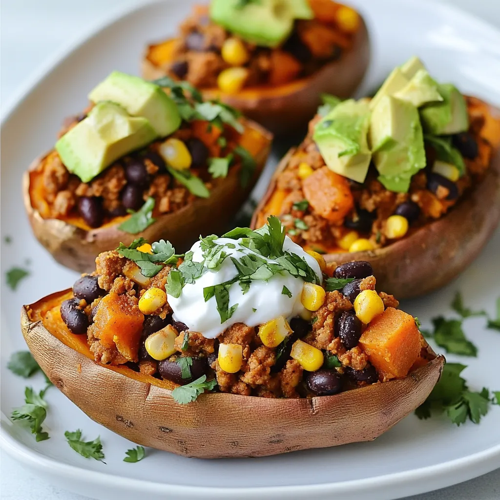- 4 medium sweet potatoes - 1 pound ground turkey - 1 teaspoon garlic powder - 1 teaspoon onion powder - 1 teaspoon smoked paprika - 1/2 teaspoon cumin - 1/2 teaspoon chili powder - Salt and pepper to taste - 1 cup black beans, drained and rinsed - 1 cup corn (canned or frozen) - 1 cup diced tomatoes (fresh or canned) - 1/4 cup chopped fresh cilantro - 1 avocado, diced (for topping) - Greek yogurt or sour cream (for serving) The sweet potatoes should be medium-sized, about 6-7 ounces each. Ground turkey comes in one-pound packs. For spices, one teaspoon is standard for most seasonings. Use half a teaspoon for stronger flavors like cumin and chili powder. The black beans and corn are measured in cups, which makes it easy. Fresh cilantro should be chopped finely, and the avocado is best when diced just before serving. Greek yogurt or sour cream adds creaminess and tang. If you want a vegetarian option, swap turkey for lentils or mushrooms. You can also use quinoa for added protein. For gluten-free folks, all ingredients are safe. If you're dairy-free, skip the Greek yogurt or use a plant-based alternative. If you dislike black beans, try kidney beans or chickpeas. {{ingredient_image_1}} First, set your oven to 400°F (200°C). Take four medium sweet potatoes and wrap each one in aluminum foil. This helps them cook evenly. Place the wrapped potatoes on a baking sheet. Roast them for about 45 to 60 minutes. Check if they are fork-tender. When done, remove them from the oven and let them cool for a few minutes. While the sweet potatoes cook, heat a large skillet on medium heat. Add one pound of ground turkey to the skillet. Cook it until it turns brown. Use a spatula to break it up into smaller pieces. This should take about 5 to 7 minutes. Then, mix in one teaspoon of garlic powder, one teaspoon of onion powder, one teaspoon of smoked paprika, half a teaspoon of cumin, half a teaspoon of chili powder, and salt and pepper to taste. Stir well to combine all the flavors. Next, add one cup of drained and rinsed black beans, one cup of corn, and one cup of diced tomatoes. Stir everything together and let it simmer for about 5 to 7 minutes until it’s heated through. Once the sweet potatoes are cool, take one and cut it in half lengthwise. Gently scoop out a bit of the flesh to make room for the turkey filling. Be careful not to break the skin. Fill each half with the turkey mixture. Top it with diced avocado and chopped fresh cilantro for a fresh taste. Serve your stuffed sweet potatoes warm, adding a dollop of Greek yogurt or sour cream on top. Enjoy this easy and tasty meal! Roasting sweet potatoes is easy and fun. First, choose medium-sized sweet potatoes for even cooking. Wrap each sweet potato in aluminum foil. This keeps them moist. Place them on a baking sheet to catch any drips. Roast them at 400°F for 45-60 minutes. Check if they are fork-tender. If not, give them more time. Let them cool slightly before cutting. This makes them easier to handle. To make the turkey filling pop, use spices wisely. Garlic powder and onion powder add depth. Smoked paprika gives a nice smoky flavor. Cumin and chili powder bring warmth and a hint of heat. Don’t forget salt and pepper to taste. Adding black beans and corn boosts the filling's texture. Diced tomatoes add freshness and moisture. Simmer everything together for 5-7 minutes. This helps meld the flavors well. Serve the stuffed sweet potatoes warm for the best taste. Cut them in half and scoop out a bit of the flesh. This creates space for the turkey filling. Top each half with diced avocado for creaminess. Fresh cilantro adds a bright touch. For extra creaminess, add Greek yogurt or sour cream. Arrange them on a wooden platter for a beautiful display. Enjoy this meal with family and friends. Pro Tips Perfectly Roasted Sweet Potatoes: To achieve a creamy texture, ensure that your sweet potatoes are fork-tender by roasting them until they are completely soft. Flavor Boost: For an added depth of flavor, consider adding a splash of lime juice to the turkey mixture before serving. Customizable Fillings: Feel free to mix in other vegetables or spices to the turkey filling based on your preferences; bell peppers or zucchini work well! Make Ahead: Prepare the turkey filling in advance and store it in the refrigerator. Then, simply reheat it before stuffing the sweet potatoes for a quick meal. {{image_2}} You can easily switch the ground turkey for a plant-based protein. Try lentils or chickpeas. They add great texture and protein. Make sure to season them well with garlic powder and smoked paprika. This keeps the flavor rich and satisfying. Toppings can take your stuffed sweet potatoes to the next level. I love adding diced avocado for creaminess. You can also sprinkle fresh cilantro for a burst of flavor. Try adding sliced jalapeños for heat or a squeeze of lime for brightness. Don’t forget Greek yogurt or sour cream for a cool finish! Seasoning can change the whole dish. Try using taco seasoning for a fun twist. You could also go for an Italian blend with oregano and basil. These spices can mix well with the turkey or any protein you choose. Experimenting with flavors makes cooking fun and creative! To store your turkey stuffed sweet potatoes, let them cool first. Place them in an airtight container. You can keep them in the fridge for up to three days. Label the container with the date. This helps you know how fresh they are. When you're ready to enjoy leftovers, preheat your oven to 350°F (175°C). Place the sweet potatoes on a baking sheet. Cover them with foil to keep them moist. Heat for about 20 minutes. You can also use a microwave for quicker reheating. Just place them on a microwave-safe plate and heat for 1-2 minutes. If you want to freeze your turkey stuffed sweet potatoes, wrap each one tightly in plastic wrap. Then place them in a freezer bag. Remove as much air as possible to prevent freezer burn. They can be frozen for up to three months. When you’re ready to eat, thaw them overnight in the fridge before reheating. Stuffed sweet potatoes can last about 3 to 5 days in the fridge. Make sure to store them in an airtight container. This helps keep them fresh and tasty. When you’re ready to eat, just reheat them in the oven or microwave. Yes, you can use chicken instead of turkey. Ground chicken works well in this recipe. Just cook it the same way as the turkey. The flavors will still be delicious and satisfying. You can serve many tasty sides with turkey stuffed sweet potatoes. Here are some ideas: - A fresh green salad with a light dressing - Simple steamed broccoli or green beans - Quinoa or brown rice for extra fiber - A dollop of salsa for extra flavor These sides add color and balance to your meal. Enjoy exploring different combinations! This article covered how to make delicious turkey stuffed sweet potatoes. We discussed the needed ingredients, their measurements, and easy swaps for dietary needs. I shared how to prep sweet potatoes, cook the turkey mix, and assemble your dish. You learned tips for roasting and enhancing flavors. We explored vegetarian options, toppings, and storage methods. In conclusion, stuffed sweet potatoes are tasty, healthy, and flexible. Customize them to fit your tastes. Enjoy your cooking journey and create meals you love!