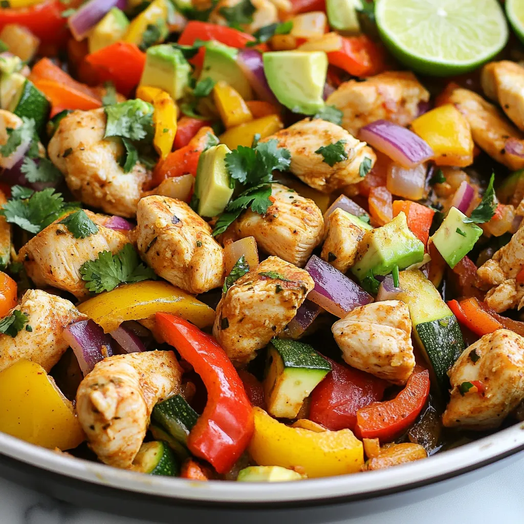 You need fresh, colorful ingredients to make this dish shine. Here’s what you’ll need: - 2 boneless, skinless chicken breasts, cut into bite-sized pieces - 1 cup bell peppers (red, yellow, and green), sliced - 1 medium zucchini, sliced - 1 medium red onion, sliced - 2 cloves garlic, minced - 1 can (15 oz) black beans, rinsed and drained - 1 tablespoon olive oil These main ingredients bring great flavor and nutrition to your skillet. The right spices can turn a simple dish into something special. Here’s what I use: - 1 teaspoon smoked paprika - 1 teaspoon cumin - 1 teaspoon chili powder - Salt and pepper to taste These spices add depth and warmth to the chicken and veggies. They blend perfectly with the ingredients. Garnishes can elevate your meal. Here are some tasty options: - Fresh cilantro, chopped (for garnish) - 1 avocado, diced (for serving) - Lime wedges (for serving) These add freshness and a burst of flavor. Serve the dish directly from the skillet or on plates for a nice touch. Enjoy the vibrant colors and flavors! {{ingredient_image_1}} Start by cutting the chicken breasts into small, bite-sized pieces. This helps them cook evenly. Heat one tablespoon of olive oil in a large skillet over medium heat. Once the oil is hot, add the chicken pieces to the skillet. Season them with smoked paprika, cumin, chili powder, salt, and pepper. Make sure to mix well so each piece is coated. Cook the chicken for about 7 to 8 minutes. It should be browned and cooked all the way through. Next, it's time to add flavor with the vegetables. Mince two cloves of garlic and add them to the skillet. Cook the garlic for 1 to 2 minutes until it smells nice. Then, add your sliced bell peppers, zucchini, and red onion to the skillet. Stir-fry the veggies with the chicken for 5 to 6 minutes. You want them to be tender but still a bit crisp. Now, mix in one can of rinsed and drained black beans. Cook everything for an additional 2 to 3 minutes until it is all hot. Taste the dish and adjust any seasonings if needed. Once everything is cooked, remove the skillet from the heat. Serve hot, and don't forget to top it with diced avocado and fresh cilantro. Add lime wedges on the side for a zesty touch. Enjoy your colorful and tasty meal! To cook chicken perfectly, cut it into small pieces. This helps it cook evenly. Heat your skillet on medium heat and add olive oil. Once hot, add the chicken. Season it well with smoked paprika, cumin, chili powder, salt, and pepper. Cook the chicken for about 7-8 minutes. You want it to turn golden brown and reach an internal temperature of 165°F. Use a meat thermometer to check. If you don't have one, cut a piece to see if it's no longer pink inside. Feel free to swap in any veggies you like. Broccoli, carrots, or even corn work great. You can also use kale or spinach for a green boost. Just remember to adjust the cooking time based on the veggie type. For example, carrots may need a few more minutes to soften. Mixing different colors adds a nice touch and makes the dish pop visually. Seasoning is key to a great dish. If you love heat, add more chili powder or a pinch of cayenne pepper. For a zestier flavor, squeeze fresh lime juice over the finished dish. You can also play with herbs. Adding dried oregano or thyme can give a new twist. Taste as you go, and adjust the salt and pepper to suit your liking. This dish should reflect your tastes, so make it your own! Pro Tips Tip Title: Use Fresh Ingredients: Fresh vegetables and high-quality chicken will enhance the flavor and texture of your dish. Tip Title: Adjust Spice Levels: Feel free to adjust the amount of chili powder based on your heat preference. You can also add a pinch of cayenne for extra kick! Tip Title: Meal Prep Friendly: This dish is perfect for meal prep. Cook a double batch and portion it out for easy lunches throughout the week. Tip Title: Serve with Sides: Consider pairing with rice, quinoa, or tortillas to make a more filling meal. {{image_2}} You can add heat to your Chicken and Vegetables Skillet. Start by mixing in some sliced jalapeños or a dash of red pepper flakes. This will give your dish a spicy kick. You might also want to add hot sauce when you serve it. The spicy flavors blend well with the smoky paprika. For a fresh twist, try adding feta cheese and olives. Feta adds creaminess and a salty bite. Olives bring a briny flavor that pairs well with the chicken. Just sprinkle the feta on top before serving. Toss in a handful of pitted olives while cooking. This makes your dish feel like a sunny Mediterranean meal. You can easily swap chicken for other proteins. Shrimp cooks fast and adds a sweet taste. Just sauté it for a few minutes until pink. Tofu is a great option for a plant-based meal. Press and cube the tofu, then brown it in the skillet. Both options keep the dish tasty and fun, allowing you to customize based on what you have. Store any leftovers in an airtight container. Make sure the dish cools down first. Place the container in the fridge. Use within three to four days for best taste. Label the container with the date. This helps you keep track of freshness. To reheat, use a skillet over medium heat. Add a splash of water or oil to keep it moist. Stir occasionally until hot. You can also use a microwave. Heat in short bursts to avoid overcooking. Cover it to keep moisture in. You can freeze leftovers, too. Use freezer-safe bags or containers. Make sure to remove as much air as possible. This helps prevent freezer burn. Freeze for up to three months. When ready to eat, thaw overnight in the fridge. Reheat as mentioned above for best flavor. Yes, you can use frozen vegetables. They save time and are easy to find. Just add them to the skillet directly. Cook them a bit longer until they are hot and tender. Frozen veggies can taste great in this dish! This dish takes about 25 minutes total. You’ll spend about 10 minutes prepping the ingredients. Cooking the chicken and veggies takes about 15 minutes. It’s a quick meal for busy days! You can serve this dish with rice, quinoa, or a fresh salad. Tortillas also work well for a fun twist. You could even add some chips for crunch. Don’t forget the lime wedges and diced avocado for extra flavor! Yes, you can make it ahead. Just cook and cool the dish, then store it in the fridge. It keeps well for 3 to 4 days. Reheat it on the stove or in the microwave. Absolutely! This dish has lean protein, colorful veggies, and healthy spices. It is low in carbs if you skip the grains. Plus, it’s full of fiber from the beans and veggies. Enjoy a tasty and nutritious meal! Yes! Feel free to adjust the spices to your taste. You can add more chili powder for heat or try herbs like oregano. Experimenting with spices makes the dish more exciting! This blog post covered making a tasty Chicken and Vegetables Skillet. We looked at essential ingredients, spices, and tasty garnishes. Then, I laid out step-by-step cooking tips to ensure your chicken is perfect and your veggies are flavorful. I also shared fun variations, storage tips, and common questions. Try these tips to make this dish yours. Enjoy the process and explore flavors you love! Happy cooking!