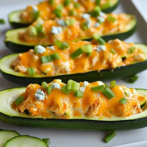 - Zucchini: 4 medium zucchinis - Chicken: 2 cups cooked chicken breast, shredded - Buffalo Sauce: &frac12; cup (adjust to taste) - Cream Cheese: 1 cup, softened - Cheddar Cheese: 1 cup, shredded - Green Onions: &frac12; cup, sliced - Seasonings: Salt and pepper, to taste - Olive Oil: For brushing Using the right ingredients is key to making tasty Buffalo Chicken Stuffed Zucchini. First, choose 4 medium zucchinis. They are the perfect size for stuffing. You will need 2 cups of shredded chicken. This can be from a rotisserie chicken or any cooked chicken breast you have. The buffalo sauce brings the heat and flavor. Start with &frac12; cup, but you can add more if you like it spicy. Next, cream cheese adds a creamy texture. You need 1 cup, and it should be softened for easy mixing. For a cheesy finish, use 1 cup of shredded cheddar cheese. It melts nicely on top. You will also need &frac12; cup of sliced green onions for a fresh taste. Don&rsquo;t forget the basics! Add salt and pepper to enhance the flavors. Lastly, brush the zucchinis with olive oil. This helps them cook well and adds a nice flavor. {{ingredient_image_1}} To start, slice the zucchinis in half lengthwise. Use a spoon to scoop out the seeds and create boats. Aim for about half an inch of flesh left to hold the filling. Brush the insides of the zucchinis lightly with olive oil. This adds flavor and helps them cook better. Season with salt and pepper to taste. This simple step enhances the overall taste of your dish and balances the flavors. In a mixing bowl, combine the shredded chicken, buffalo sauce, cream cheese, half of the cheddar cheese, and half of the green onions. Mix well until everything is combined. The cream cheese gives a creamy texture, while the chicken adds protein. The buffalo sauce brings heat and flavor. Be sure to adjust the buffalo sauce to your liking. This ratio helps each bite stay juicy and flavorful. Preheat your oven to 375&deg;F (190&deg;C). This temperature allows the zucchinis to cook without burning. After preheating, place the zucchinis on a baking sheet, cut side up, and bake for 10 minutes. This softens them just right. After 10 minutes, remove them from the oven. Fill each zucchini boat with the buffalo chicken mixture, packing it gently. Sprinkle the remaining cheddar cheese on top. If you like blue cheese, add that too. Return the baking sheet to the oven and bake for another 15-20 minutes. Your goal is to melt the cheese and make it bubbly. Enjoy the aroma as they bake! You can change the flavor by adjusting the buffalo sauce. If you love heat, add more sauce. If you prefer mild, use less. You can also mix in spices like garlic powder or paprika. These add depth and twist to the dish. Watch the baking time. Overbaking can make the zucchini soggy. Bake them just until tender. You can also grill or air fry the stuffed zucchinis. Grilling adds a smoky flavor, while air frying makes them crispy. Both options are quick and fun! Pair your stuffed zucchinis with a fresh salad or some crunchy veggies. They balance the heat well. For a nice touch, garnish with extra green onions or a drizzle of ranch dressing. This makes your dish look great and taste even better! Pro Tips Adjust the Spice Level: If you prefer a milder flavor, reduce the amount of buffalo sauce or mix in some ranch dressing for creaminess. Use Leftover Chicken: This recipe is a great way to use up leftover rotisserie chicken or any cooked chicken you have on hand. Experiment with Toppings: Feel free to add other toppings like diced tomatoes, jalape&ntilde;os, or avocado for added flavor and texture. Make it Ahead: You can prepare the stuffed zucchinis in advance and store them in the refrigerator. Just bake before serving! {{image_2}} You can change the meat if you want. Ground turkey works well. For a vegetarian option, try tofu. It soaks up the sauce nicely and gives a great texture. You can also use tempeh for a heartier bite. Sauces can add a twist to your dish. Instead of buffalo sauce, use barbecue sauce for a sweet flavor. Ranch dressing or hot sauce can also be fun alternatives. Mix and match to find your favorite taste! If you want low-carb or keto meals, skip the cream cheese and use a cream cheese alternative. You can replace the chicken with shredded cauliflower. This keeps the dish light and tasty. For vegetarians or vegans, swap the chicken with chickpeas or lentils. Cream cheese can be replaced with cashew cream. It adds a rich flavor and texture that everyone will love. Adjusting the recipe is easy. If you need more servings, double the ingredients. Use eight zucchinis instead of four. This is great for parties or family meals. For meal prep, make a big batch and store them in the fridge. They taste great reheated. Each stuffed zucchini makes a perfect portion. You can store leftovers in an airtight container. Make sure to cool the zucchinis first. They last up to three days in the fridge. When you want to reheat, place them in an oven at 350&deg;F (175&deg;C). Heat for about 10 to 15 minutes, or until warm. This keeps the cheese nice and gooey. You can also use a microwave, but the oven gives a better texture. If you want to freeze stuffed zucchinis, wrap them well in plastic wrap. Place them in a freezer-safe bag or container. They stay fresh for up to three months. When you're ready to eat, take them out and thaw overnight in the fridge. For best taste, bake them in the oven after thawing. Reheat at 350&deg;F (175&deg;C) for about 20-25 minutes. This way, they stay flavorful and delicious. You can enjoy this dish with several sides and drinks. Here are some great options: - Salad: A fresh green salad pairs well and adds crunch. - Rice: Try serving with white or brown rice for a filling meal. - Veggies: Roasted or steamed vegetables complement the flavors nicely. - Bread: Garlic bread or rolls can round out the meal. - Drinks: Pair with iced tea, lemonade, or a light beer. To spice up your stuffed zucchini, consider these tips: - Increase Buffalo Sauce: Add more buffalo sauce to the filling. - Hot Sauce: Mix in your favorite hot sauce for an extra kick. - Spicy Cheese: Use pepper jack cheese instead of cheddar. - Chili Flakes: Sprinkle red chili flakes on top before baking. Yes, you can use raw chicken, but it requires more care. Here&rsquo;s what to do: - Cook the Chicken First: Saut&eacute; or boil the chicken until fully cooked. - Shred After Cooking: Let it cool, then shred it for the filling. - Timing: Cook zucchini for about 10 minutes. Then, add the filling and bake until chicken reaches 165&deg;F (74&deg;C). This blog post covered how to make Buffalo Chicken Stuffed Zucchini. You learned about the ingredients needed, the step-by-step process, and key cooking tips. We also explored variations for different diets and ways to store leftovers. Buffalo chicken stuffed zucchini is fun to make and delicious to eat. I hope you enjoy making your own version. Happy cooking!
