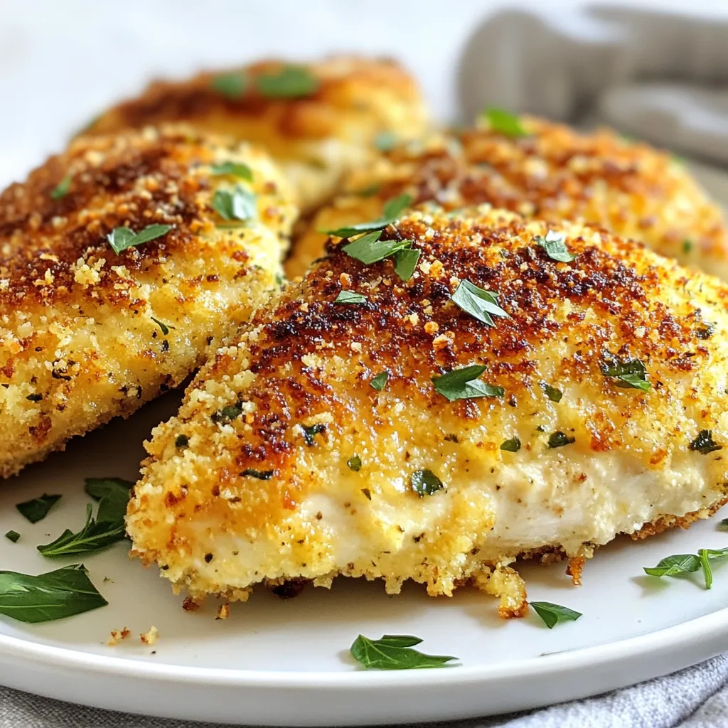 When making Juicy Parmesan Crusted Chicken, you need simple and fresh ingredients. Here’s what you will need: - 4 boneless, skinless chicken breasts - 1 cup grated Parmesan cheese - 1 cup breadcrumbs (preferably panko) - 2 tablespoons Italian seasoning - 1 teaspoon garlic powder - 1 teaspoon onion powder - Salt and pepper to taste - 2 large eggs - 1 tablespoon Dijon mustard - ½ cup all-purpose flour - Olive oil for drizzling These ingredients work together to create a golden, crunchy crust and juicy chicken. Use fresh chicken for the best flavor. I always opt for panko breadcrumbs. They give that extra crunch we all love. The blend of Italian seasoning, garlic, and onion powder adds great taste. Don't skip the Dijon mustard; it helps the coating stick and adds a nice zing. Make sure to have all these ingredients ready before you start cooking. It makes the process smooth and fun! {{ingredient_image_1}} 1. Preheat your oven to 400°F (200°C). This hot oven helps the chicken cook and crisp up well. 2. Line a baking sheet with parchment paper. Lightly grease it with olive oil to prevent sticking. 3. In a shallow bowl, combine the dry ingredients. Mix together the grated Parmesan cheese, breadcrumbs, Italian seasoning, garlic powder, onion powder, salt, and pepper until well combined. 1. Take the chicken breasts and season them with a pinch of salt and pepper. This adds flavor to the meat. 2. Place the flour in a shallow dish. Dredge one chicken breast in the flour. Shake off any excess flour to keep it from being too thick. 3. In another bowl, whisk together the eggs and Dijon mustard until it is smooth. This mixture helps the coating stick. 4. Dip the floured chicken into the egg mixture. Be sure it is well coated. 5. Roll the chicken in the Parmesan and breadcrumb mixture. Press down lightly to make sure the coating sticks. 6. Repeat these steps for all chicken breasts until they are all coated well. 1. Arrange the coated chicken breasts on the prepared baking sheet. Make sure they have space between them. 2. Drizzle a little olive oil over each piece. This helps them crisp up nicely in the oven. 3. Bake in the preheated oven for 25-30 minutes. Check that the chicken is cooked through and the coating is golden brown and crispy. The internal temperature should reach 165°F (74°C). 4. Let the chicken rest for 5 minutes before serving. This helps keep it juicy inside. To get that perfect crunch, I always use panko breadcrumbs. Panko gives a lighter, airier texture that regular breadcrumbs can't match. It helps the chicken become crispier in the oven. Another key is olive oil. A light drizzle of olive oil helps the coating brown nicely. It also enhances the flavor. Don't skip this step! For added flavor, I recommend seasoning the chicken well. A pinch of salt and pepper goes a long way. You can also play with spices. Try adding smoked paprika or cayenne for a kick. Marinating the chicken can boost the taste even more. A quick soak in buttermilk or a mix of yogurt and herbs helps the chicken absorb flavors. Even 30 minutes makes a big difference. Always check the internal temperature of the chicken. It should reach 165°F (74°C) to be safe. Use a meat thermometer for best results. After baking, let the chicken rest for five minutes. This helps keep the juices inside. It makes every bite tender and juicy. Pro Tips Use Fresh Ingredients: Always opt for fresh, high-quality chicken and cheese to enhance the flavor and juiciness of the dish. Double Dip for Extra Crunch: For a thicker, crunchier coating, consider double dipping the chicken in the egg mixture and the breadcrumb mixture. Let It Rest: Allowing the chicken to rest for a few minutes after baking helps retain its juices, making it more tender and flavorful. Experiment with Seasonings: Feel free to customize the Italian seasoning with your favorite herbs or spices, such as paprika or chili flakes, for an extra kick. {{image_2}} You can easily change the taste of your Juicy Parmesan Crusted Chicken. Adding herbs gives fresh flavors. Try rosemary or thyme. Both herbs pair well with the chicken. Want a kick? Add red pepper flakes to the breadcrumb mix. Just a pinch can bring more heat. Adjust the amount based on your spice level. These simple changes can make your dish even more exciting. What should you serve with your chicken? A crisp salad makes a great side. You can also roast some vegetables. Think green beans or broccoli. These add color and nutrients to your meal. Sauces can take your chicken to the next level. Try marinara for a classic touch. Garlic butter is another tasty option. Both sauces complement the flavors well. They also add moisture to the chicken. If you need gluten-free options, choose gluten-free breadcrumbs. They work just like regular ones. You can still get that nice crunch without gluten. For a low-carb option, skip the breadcrumbs. Coat the chicken with crushed nuts or cheese instead. Almond flour or ground Parmesan can also work. These alternatives keep the dish tasty and healthy. To keep your juicy Parmesan crusted chicken fresh, store it in the fridge. Place the leftovers in an airtight container. This helps prevent moisture loss. Let the chicken cool for about 30 minutes before sealing it up. Cooling first keeps it from steaming and becoming soggy. When it comes to reheating, the oven is best. Preheat it to 350°F (175°C). Place the chicken on a baking sheet. Cover it with foil to keep it moist. Bake for about 15-20 minutes. If you use a microwave, heat it on low power. This helps it warm evenly. To keep the crust crispy, avoid the microwave if possible. You can freeze cooked chicken for later use. Wrap each piece tightly in plastic wrap, then place it in a freezer bag. Be sure to remove as much air as you can. For thawing, let it sit in the fridge overnight. You can also use it right from the freezer in soups or casseroles. You can use Pecorino Romano for a stronger flavor. Grana Padano offers a milder taste. Nutritional yeast is a great vegan option. If you want a softer cheese, try mozzarella. Each choice changes the dish's flavor slightly. Yes, you can prep the chicken ahead. Coat the chicken and place it in the fridge for up to 24 hours. This helps the flavors mix well. When ready, bake it straight from the fridge. Just add a few extra minutes to the cooking time. Cooked chicken lasts about 3 to 4 days in the fridge. Make sure to store it in an airtight container. If you want it to last longer, consider freezing it. Frozen chicken can stay good for up to 3 months. This recipe uses simple ingredients to create a tasty chicken dish. You learned how to prepare, bake, and enjoy your chicken with tips for perfect crispiness. Don't forget, variations let you explore new flavors. Store your leftovers right to keep them fresh. Use this guide to get a delicious meal on the table fast. Enjoy your cooking adventures, and remember, great chicken is just a recipe away!