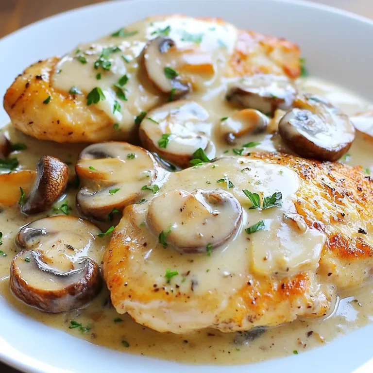- 2 boneless, skinless chicken breasts - 1 cup mushrooms, sliced (button or cremini) - 1/2 cup grated Parmesan cheese - 2 tablespoons olive oil - 1 tablespoon butter - 1/4 cup heavy cream - 3 cloves garlic, minced - 1 teaspoon dried thyme - Salt and pepper to taste - Fresh parsley, chopped (for garnish) The main ingredients in Parmesan Garlic Mushroom Chicken include tender chicken breasts, flavorful mushrooms, and rich Parmesan cheese. The chicken provides a great base for this dish, while the mushrooms add earthy notes. Parmesan cheese brings a creamy, salty flavor that enhances everything. For cooking essentials, I recommend olive oil and butter. They work together to create a lovely sear on the chicken. Heavy cream adds richness to the sauce, while garlic and thyme boost the flavor profile. When seasoning, use salt and pepper to enhance the dish. Fresh parsley adds a pop of color and freshness when you serve it. You can easily find all these ingredients at your local store, making this recipe simple and fun to prepare. {{ingredient_image_1}} First, season the chicken breasts. I use salt, pepper, and dried thyme. Make sure to coat both sides well. This step is key. It brings out the chicken's flavor. Next, heat a large skillet over medium-high heat. Add olive oil to the pan. Once hot, place the chicken breasts in the skillet. Sear each side for 5-6 minutes. Look for a golden-brown crust. This gives a nice texture. After cooking, remove the chicken and set it aside. In the same skillet, melt butter. Add sliced mushrooms right away. Cook them for about 5 minutes. You want them browned and tender. Then, add minced garlic for the last minute. This way, it won’t burn. Garlic adds a lovely aroma. Now, lower the heat to medium-low. Pour in heavy cream and mix well. Gradually stir in grated Parmesan cheese. Keep stirring until it melts and becomes smooth. This creates a rich sauce that coats the chicken. Return the chicken to the skillet. Spoon the mushroom sauce over it. Let it simmer for 2-3 minutes. This allows the flavors to blend nicely. The chicken absorbs that creamy goodness. For a great presentation, plate the chicken with sauce on top. Garnish with fresh parsley. It adds color and freshness. For sides, consider a simple salad or steamed veggies. They complement the dish well. For this dish, boneless, skinless chicken breasts work best. They cook quickly and stay juicy. If you prefer, chicken thighs can add more flavor and tenderness. To keep the chicken moist, brine it in salt water for about 30 minutes before cooking. This simple step helps lock in moisture. Button and cremini mushrooms are great choices for this recipe. They add a rich, earthy flavor. When shopping, look for firm, plump mushrooms. Avoid any that are slimy or have dark spots. To clean them, wipe with a damp cloth or paper towel. Rinse briefly under cold water if needed, but dry them quickly. Parmesan cheese is the star here, adding a salty, nutty taste. If you want to switch it up, try pecorino Romano for a sharper flavor. For a dairy-free option, use nutritional yeast or a vegan cream cheese. Both provide a creamy texture without dairy. Pro Tips Use Fresh Herbs: Fresh thyme can enhance the flavor profile significantly compared to dried thyme. Add it just before serving for the best aroma. Perfect Chicken Searing: Ensure the skillet is hot enough before adding the chicken to achieve a nice golden crust. Avoid crowding the pan to maintain high heat. Adjust Creaminess: For a lighter sauce, reduce the amount of heavy cream or substitute with half-and-half. This will still give you a creamy texture without overwhelming richness. Garnish Wisely: Fresh parsley not only adds color but also a fresh flavor. Consider adding a squeeze of lemon juice over the dish before serving to brighten it up. {{image_2}} You can easily add spinach or kale to this dish. These greens cook down well and add nutrients. Toss in a handful during the last minute of cooking. You can also use seasonal vegetables like zucchini or bell peppers. These add color and crunch to your meal. If you want to switch things up, try turkey or pork. Both meats work well with this recipe. Just adjust the cooking time to ensure they are fully cooked. For a vegetarian option, use firm tofu. Press it to remove extra water, then cut it into cubes. Sauté the tofu until golden brown before adding the sauce. You can change the taste by adding spices or fresh herbs. Consider adding a pinch of red pepper flakes for heat. Fresh basil or oregano can brighten the dish. If you want more creaminess, add extra cream or cheese. For a sharper flavor, use aged Parmesan or Pecorino Romano. To keep your Parmesan Garlic Mushroom Chicken fresh, store leftovers properly. Place the chicken in an airtight container. Use a container that seals well to avoid air exposure. You can also cover the dish tightly with plastic wrap. This keeps moisture in and flavors intact. You can freeze Parmesan Garlic Mushroom Chicken for later. First, let it cool completely. Then, place the chicken and sauce in a freezer-safe container. Seal it tightly to avoid freezer burn. When you're ready to eat, thaw the chicken in the fridge overnight. To reheat, warm it in a skillet over medium heat. Stir gently until heated through. Stored in the fridge, your dish lasts about 3 to 4 days. In the freezer, it stays good for up to 3 months. Always check for signs of spoilage. If you see any mold, or if it smells off, do not eat it. Trust your senses; they help keep you safe. Yes, you can use chicken thighs. Thighs have more fat, which gives them extra flavor. They also stay tender and juicy. However, you need to adjust the cooking time. Thighs may take a few minutes longer to cook. Always ensure they reach an internal temperature of 165°F for safety. You can use half-and-half or milk with a bit of butter for a lighter option. If you want a dairy-free choice, try coconut milk or almond milk. Both will give creaminess without the dairy. They may alter the flavor slightly but still taste great. To prep ahead, season the chicken and slice the mushrooms in advance. You can cook the chicken and mushrooms but leave the sauce for later. When ready to eat, just combine everything in a skillet. This will save time on busy days. This dish pairs well with a side of rice or mashed potatoes. You can also serve it with steamed veggies like broccoli or green beans. A fresh salad can add crunch and balance the meal. Choose sides that complement the creamy sauce. Yes, you can add heat easily! Mix in red pepper flakes while cooking the mushrooms. You can also use hot sauce or add diced jalapeños for a kick. Adjust the spice level to fit your taste. This guide covers everything you need to make a delicious Parmesan Garlic Mushroom Chicken. You learned about essential ingredients, cooking steps, and helpful tips. I shared variations, storage info, and frequently asked questions. You can easily adjust the dish to match your taste. Remember, cooking is about creativity and fun. Enjoy experimenting with flavors and sharing your meals with loved ones. Happy cooking!