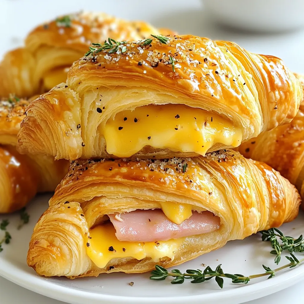 - 6 large croissants - 200g cooked ham, thinly sliced - 200g Swiss cheese, thinly sliced - 4 tablespoons Dijon mustard - 2 tablespoons unsalted butter, melted - 1 tablespoon fresh rosemary, chopped - Salt and pepper to taste - 1 egg, beaten (for egg wash) These ingredients create a tasty treat. You will need fresh croissants, ham, and Swiss cheese. The mustard adds a nice zing. The butter gives a rich flavor and helps the croissants shine. Fresh rosemary adds a lovely touch. Make sure to have salt and pepper to taste. The egg wash gives a beautiful finish during baking. Each ingredient plays a role in making this dish special. I recommend using high-quality ham and cheese for the best taste. You can use any kind of mustard you like. Dijon is a classic choice, but yellow mustard works fine too. The rosemary is optional, but it makes a big difference in flavor. Gather all these ingredients before you start. It makes cooking easier and more fun. You can also customize the ingredients based on your taste. Get ready to enjoy these savory baked ham and cheese croissants! {{ingredient_image_1}} 1. Preheat your oven to 375°F (190°C). This step ensures even cooking. 2. Cut each croissant in half horizontally. You will have a top and bottom piece. 3. Spread 1 tablespoon of Dijon mustard on the bottom half of each croissant. This adds a nice zing. 4. Layer the sliced ham evenly over the mustard. Use enough ham for a hearty bite. 5. Place slices of Swiss cheese on top of the ham. The cheese will melt beautifully. 6. Sprinkle fresh rosemary over the cheese. Add a pinch of salt and pepper to taste. This enhances the flavor. 1. Brush the tops of the croissants with melted butter. This gives them a nice golden finish. 2. Arrange the croissants on a baking sheet lined with parchment paper. This helps with easy cleanup. 3. Once all croissants are ready, brush them with the beaten egg. This creates a glossy look. 4. Bake in the preheated oven for 12-15 minutes. Watch for a golden brown color and melted cheese. 5. To achieve the perfect golden brown finish, keep an eye on them. Ovens can vary, so adjust as needed. - How to avoid soggy croissants: To keep your croissants crisp, use fresh ingredients. The Dijon mustard adds flavor but can make the croissant soggy if used too much. Spread a thin layer on the bottom only. Bake them right after you assemble them, so they do not sit too long. - Recommended cheese alternatives: Swiss cheese is great, but you can try cheddar or provolone. Each cheese gives a unique taste. For a creamy texture, use gouda or mozzarella. Mix different cheeses for a fun flavor twist. - Best mustard options for flavor: Dijon mustard adds a nice tang. You can also use whole grain mustard for a crunchier texture. Spicy brown mustard gives a kick. Experiment with your favorite mustard to find the best fit. - Ideal pairings for baked ham and cheese croissants: Serve these croissants with a light salad. A fresh green salad with vinaigrette balances the richness. Pair them with a bowl of soup for a comforting meal. - Creative ways to present the dish: Cut the croissants in halves or quarters for easy sharing. Place them on a colorful platter. Add some fresh herbs or cherry tomatoes for a pop of color. - Storing leftovers and reheating tips: Keep any leftovers in an airtight container. They will stay fresh for up to three days. To reheat, use the oven at 350°F (175°C) for about 10 minutes. This keeps the croissant crispy. Avoid the microwave, as it may make them soggy. Pro Tips Use Fresh Croissants: For the best flavor and texture, use freshly baked croissants. They will be flaky and buttery, making your Cheesy Ham Delight even more delicious. Experiment with Cheese: While Swiss cheese is traditional, feel free to mix in other cheeses like Gruyère or Cheddar for a different flavor profile. Each cheese brings its own unique taste. Add Veggies: For extra nutrition and flavor, consider adding sliced tomatoes or spinach to your croissants. They add a fresh element that complements the richness of the ham and cheese. Make Ahead: You can prepare the croissants and assemble them a few hours in advance. Just cover them and refrigerate until you're ready to bake. This makes for a quick and easy meal! {{image_2}} You can get creative with different meats for your croissants. Instead of ham, try turkey or chicken. They add a nice twist and keep it tasty. You can even use prosciutto for a gourmet feel. Cheese is another area to explore. While Swiss cheese works great, you can use cheddar, gouda, or even pepper jack. Each cheese brings a unique flavor, so have fun with it! Adding vegetables can boost flavor and nutrition. Spinach, bell peppers, or caramelized onions work well. Just sauté them first to enhance their taste. These additions make your croissants even more delightful. If you need gluten-free options, look for gluten-free croissants. Many stores sell these now. They taste just as good with the same filling. For vegetarian adaptations, skip the meat. Use extra cheese and add vegetables. Artichokes or mushrooms can create a hearty filling. They add depth without the meat. If you want low-carb modifications, use lettuce wraps instead of croissants. This change cuts carbs but still delivers great flavor. You can layer the ham and cheese in the lettuce for a fresh bite. To keep your baked ham and cheese croissants fresh, store them in an airtight container. This prevents moisture loss and keeps them soft. If you plan to eat them within three days, keep them in the fridge. They will stay fresh for about two to three days. For longer storage, you can freeze the croissants. Wrap each one tightly in plastic wrap and then place them in a freezer bag. They can last up to three months in the freezer. When you’re ready to enjoy them, simply thaw overnight in the fridge. When reheating, the oven is the best choice. Preheat your oven to 350°F (175°C). Place your croissants on a baking sheet. Heat them for about 10 to 15 minutes. This method keeps them crispy. You can use the microwave, but it may make them soggy. If you must, heat them for about 30 seconds. Then check if they are warm enough. If not, heat in short bursts. Always aim to keep them crisp and tasty! Can I prepare these croissants in advance? Yes, you can prepare these croissants ahead of time. Assemble them, but do not bake. Cover them tightly with plastic wrap and store in the fridge. Bake them when ready, adding a few extra minutes to the baking time. What can I serve with these croissants? These croissants pair well with a fresh salad or soup. Try a light green salad with vinaigrette. A bowl of tomato soup also complements the flavors nicely. You can even serve them with a side of pickles for a tangy crunch. How do I know when the croissants are done baking? Look for a golden brown color on top. The cheese should be melted and bubbly. If you tap the bottom of a croissant, it should sound hollow. This means they are ready to enjoy! What to do if the cheese doesn't melt properly? If the cheese does not melt, you might need to increase the baking time. Make sure your oven is at the right temperature. If you still have issues, you can broil the croissants for a minute or two. Watch closely to avoid burning. How to fix a dry croissant sandwich? To fix a dry croissant, add a bit more butter before baking. You can also drizzle some olive oil on top. If serving leftovers, try warming them with a moist paper towel in the microwave for a minute. Adjusting for different oven types and temperatures Ovens can vary in heat. If you have a convection oven, lower the temperature by about 25°F. Keep an eye on the croissants as they bake. Adjust baking times as needed based on how your oven behaves. To make baked ham and cheese croissants, gather simple ingredients like croissants, ham, and cheese. Preheat your oven and assemble them with mustard and rosemary. Bake until golden brown for that perfect finish. Remember to avoid soggy croissants by following my tips. Try different meats or cheeses for variety. In short, these croissants are easy and fun to make. Enjoy them fresh, and don’t forget to store leftovers correctly. Now, get started on your delicious croissant creation!