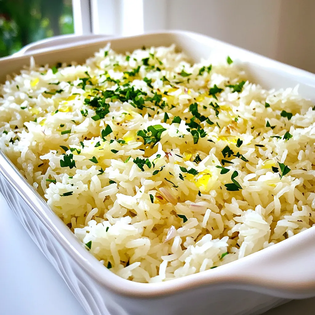 - 1 cup long-grain rice - 2 cups vegetable broth - 3 tablespoons olive oil - 4 cloves garlic, minced - 1 small onion, finely chopped - 1 teaspoon dried thyme - 1 teaspoon dried rosemary - Salt and pepper to taste - Fresh parsley, chopped (for garnish) - Additional herbs (basil, cilantro) - Lemon zest for freshness Garlic herb rice offers around 200 calories per serving. It provides a good mix of carbs and fats. Each serving has about 4 grams of protein and 8 grams of fat. The dish is light yet filling. This simple recipe keeps the focus on fresh flavors. The garlic and herbs blend well with the rice. It’s a great way to boost your meals. You can add other herbs or lemon zest for a twist. Enjoy! - Rinsing and draining the rice: First, grab 1 cup of long-grain rice. Rinse it under cold water. Keep rinsing until the water runs clear. This step removes excess starch. After rinsing, drain the rice well. - Chopping garlic and onion: Next, take 4 cloves of garlic. Mince them finely. Then, chop 1 small onion into small pieces. Having these ready makes cooking easier and faster. - Sautéing onions and garlic: In a medium saucepan, heat 3 tablespoons of olive oil over medium heat. Add the chopped onion first. Sauté the onion until it turns translucent, which takes about 3-4 minutes. Then, stir in the minced garlic. Cook for another 1-2 minutes. Be careful not to burn the garlic; it can turn bitter. - Toasting rice and combining ingredients: Now, add the rinsed rice to the saucepan. Stir it well to coat the rice with oil. Toast the rice for about 2 minutes. This adds a nice flavor. After toasting, pour in 2 cups of vegetable broth. Add 1 teaspoon of dried thyme, 1 teaspoon of dried rosemary, and salt and pepper to taste. Give it a quick stir to mix everything. - Cooking and simmering details: Bring the mixture to a boil. Once boiling, reduce the heat to low. Cover the saucepan and let it simmer for 15-18 minutes. This is when the rice absorbs all the liquid and becomes tender. - Fluffing the rice: After the cooking time, remove the saucepan from heat. Let it sit covered for an extra 5 minutes. This step helps the rice to finish cooking. Then, use a fork to fluff the rice gently. - Adding fresh parsley: Finally, stir in some freshly chopped parsley for a burst of color and flavor. Adjust the seasoning if you need to. Now, your garlic herb rice is ready to serve! Enjoy it with your favorite dishes. - Overcooking garlic: Garlic cooks fast. If you cook it too long, it turns bitter. Watch it closely and remove it once it’s fragrant. - Not rinsing rice properly: Rinsing rice is key. It removes excess starch and prevents it from being sticky. Rinse until the water runs clear. - Letting the rice sit after cooking: After you finish cooking, let the rice sit covered for about five minutes. This helps the grains firm up and improves texture. - Adjusting seasoning to personal taste: Taste your rice after cooking. You can always add more salt or herbs to boost the flavor. - Best proteins to serve with: Garlic herb rice pairs well with chicken, fish, or tofu. These proteins add great taste and texture. - Complementary vegetable sides: Serve it with grilled veggies like zucchini or bell peppers. Their flavors mix well with the rice and make a lovely plate. {{image_2}} You can make garlic herb rice even better with some simple tweaks. If you're looking for a vegan option, use vegetable broth instead of water. It adds depth and flavor. For those who like a kick, sprinkle in some red pepper flakes. This adds spice and excitement to each bite. Want to switch it up? You can use brown rice or quinoa instead of long-grain rice. Both options are healthy and add a nutty flavor. If you enjoy wild rice, give it a try. Wild rice offers a chewy texture and unique taste that makes your dish stand out. You can also give garlic herb rice a global twist. For a Mediterranean flavor, add herbs like oregano and dill. This change brings vibrant tastes to your plate. If you want something Asian-inspired, stir in some soy sauce or sesame oil. This will give the rice a rich, savory taste that pairs well with many dishes. To store leftover garlic herb rice, let it cool first. Place the rice in an airtight container. This keeps out moisture and odors. Make sure to seal it tightly. You can store it in the fridge for about 3 to 5 days. For the best results, use glass or plastic containers. These are sturdy and easy to clean. They also help keep the rice fresh. Avoid using metal containers, as they can react with the food. Freezing garlic herb rice is a great way to save it for later. First, let the rice cool completely. Then, scoop it into freezer bags. Press out as much air as possible before sealing. This helps prevent freezer burn. To thaw the rice, leave it in the fridge overnight. You can also use the microwave. Just add a splash of water and cover it. Heat in short bursts until hot. Stir often to warm it evenly. Garlic herb rice lasts about 3 to 5 days in the fridge. If you freeze it, the shelf life extends to about 2 to 3 months. Always check for signs of spoilage. If it looks or smells off, it’s best to toss it. Yes, you can use different rice types. Here are some great options: - Brown rice for a nutty flavor and more fiber. - Jasmine rice for a fragrant touch. - Basmati rice for a unique aroma and texture. - Quinoa for a protein boost and a gluten-free option. Each rice type has its own cooking time. Always check the package for instructions. You can prepare garlic herb rice in advance. Here are some tips: - Cook the rice as directed and let it cool. - Store it in an airtight container in the fridge. - It stays fresh for about 3-4 days. - To reheat, add a splash of broth or water for moisture. You can also freeze it. Just thaw it overnight in the fridge before reheating. You can add proteins or beans to make the dish heartier. Consider these ideas: - Cooked chicken or shrimp for a protein boost. - Black beans or chickpeas for a plant-based option. - Sautéed vegetables like bell peppers or zucchini for more flavor. - Nuts or seeds for crunch and healthy fats. These additions make the dish more satisfying and nutritious. This blog post shows you how to make garlic herb rice. You learned the ingredients, step-by-step instructions, and some variations. We also covered storage tips to keep your rice fresh and tasty. Experimenting with flavors and add-ins makes it fun and unique. Remember to adjust the recipe to fit your taste. You now have everything you need to create this dish for your meals or gatherings. Enjoy your cooking journey and savor each bite!