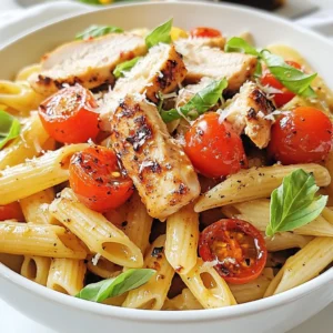 - 2 boneless, skinless chicken breasts - 8 oz penne pasta - 1 cup cherry tomatoes, halved - 1/2 cup fresh basil, chopped - 2 cloves garlic, minced - 1/4 cup balsamic glaze - 1 tablespoon olive oil - 1/2 teaspoon salt - 1/2 teaspoon black pepper - 1/4 cup grated Parmesan cheese - Optional: 1/4 teaspoon red pepper flakes for heat To make bruschetta chicken pasta, you need fresh, quality ingredients. Start with boneless, skinless chicken breasts. They cook quickly and stay tender. Next, choose penne pasta. Its shape holds sauce well. Cherry tomatoes add a sweet burst of flavor. Fresh basil brings a fragrant herb note. Garlic adds depth and aroma to your dish. Balsamic glaze gives it a sweet and tangy finish. Olive oil helps cook the chicken and adds richness. For seasoning, use salt and black pepper. They enhance each ingredient's natural taste. Grated Parmesan cheese adds a creamy, salty touch. If you like heat, add red pepper flakes. They bring a nice kick without overpowering the dish. Gather these ingredients, and you're ready to create a savory and simple delight! {{ingredient_image_1}} To start, bring a large pot of water to a boil. Add salt to the water. This helps flavor the pasta. Once the water boils, add 8 ounces of penne pasta. Cook the pasta according to the package instructions. You want it to be al dente. This means it should be firm but not hard. It usually takes about 10-12 minutes. After cooking, drain the pasta and set it aside. While your pasta cooks, it&rsquo;s time to prep the chicken. Take 2 boneless, skinless chicken breasts. Season them with 1/2 teaspoon of salt, 1/2 teaspoon of black pepper, and a pinch of red pepper flakes if you like some heat. Heat 1 tablespoon of olive oil in a large skillet over medium heat. Add the chicken breasts to the pan. Cook each side for about 6-7 minutes. You want the chicken to reach an internal temperature of 165&deg;F (75&deg;C). Once done, take the chicken out and let it rest for a few minutes. Then, slice it into thin strips. In the same skillet, add 2 cloves of minced garlic. Saut&eacute; it for about 30 seconds. You want it to be fragrant but not burnt. Next, add 1 cup of halved cherry tomatoes to the skillet. Cook the tomatoes for about 3-4 minutes. They should start to soften. Now, stir in 1/2 cup of chopped fresh basil and the cooked penne pasta. Drizzle the mixture with 1/4 cup of balsamic glaze. Toss everything together until well mixed. This ensures every bite is full of flavor. To ensure you have perfectly cooked chicken, start by seasoning each breast with salt and pepper. Heat olive oil in the skillet over medium heat. Cook each side for 6-7 minutes. The chicken is done when the internal temperature reaches 165&deg;F. Let it rest before slicing. Timing is key for saut&eacute;ing garlic and tomatoes. After cooking the chicken, add minced garlic to the skillet for about 30 seconds. You want it fragrant but not burnt. Then, add halved cherry tomatoes and saut&eacute; for 3-4 minutes until they soften. For plating, I recommend using large bowls. Serve the bruschetta chicken pasta in the center, making it the star of the meal. Garnish with fresh basil leaves for a pop of color. An extra sprinkle of grated Parmesan cheese adds a nice touch. Drizzle some balsamic glaze around the plate for elegance. To boost the flavor, consider using additional balsamic glaze. Drizzle it over the chicken and pasta before serving. This adds a sweet tang that elevates the dish. For side dishes, think about a simple green salad or garlic bread. Both pair well with the pasta and add more textures to your meal. Pro Tips Let the Chicken Rest: After cooking, allow the chicken to rest for a few minutes before slicing. This helps retain its juices, making it more tender and flavorful. Use Fresh Ingredients: For the best flavor, opt for fresh basil and ripe cherry tomatoes. They will elevate the dish and provide a burst of freshness. Customize Your Pasta: Feel free to substitute penne with your favorite pasta shape, such as fusilli or farfalle, for a fun twist on this classic recipe. Add a Kick: If you enjoy heat, increase the amount of red pepper flakes or add a splash of crushed red pepper sauce to the pasta mixture for an extra kick. {{image_2}} You can switch up the pasta type if you want. Try using spaghetti, fettuccine, or even whole wheat pasta. Each choice brings a new taste and texture. If you want to try a different protein, shrimp works great. It cooks fast and adds a nice flavor. Tofu is an excellent choice for a vegan meal. It soaks up the sauce well and keeps the dish filling. Adding veggies can make this dish even better. Spinach is a good choice; it wilts nicely and adds color. Bell peppers bring sweetness and crunch. You can mix and match based on what you have at home. If you like heat, add more red pepper flakes. You can also try a pinch of cayenne pepper for a different kick. Adjusting the spice lets you control how bold the dish tastes. For those needing gluten-free options, choose gluten-free pasta made from rice or chickpeas. They cook well and taste great too. If you want a vegan meal, skip the chicken and Parmesan. Use a plant-based cheese, or leave it out completely. The balsamic glaze adds enough flavor to keep it tasty. To keep your bruschetta chicken pasta fresh, store it properly. First, let it cool to room temperature. This step helps avoid condensation in the container. Then, place the pasta in an airtight container. Use glass or BPA-free plastic containers for best results. Label the container with the date to track freshness. - Store in the fridge for up to 3 days. - If you freeze it, use a freezer-safe container. It can last up to 2 months. When it's time to enjoy your leftovers, reheating is key. The best method is to use a skillet. Heat it on medium-low heat to warm without drying out. Add a splash of water or stock to keep it moist. - Stir occasionally to heat evenly. - You can also use a microwave. Place the pasta in a microwave-safe bowl, cover, and heat in 30-second intervals, stirring in between. For the best taste, add a bit more balsamic glaze or olive oil before serving. This tip helps maintain the flavor and texture of your delicious meal. To make Bruschetta Chicken Pasta from scratch, follow this simple guide: 1. Cook the Pasta: Boil salted water in a large pot. Add 8 oz of penne pasta. Cook until al dente, about 10-12 minutes. Drain and set aside. 2. Prepare the Chicken: Season 2 boneless, skinless chicken breasts with salt, pepper, and red pepper flakes if you like heat. Heat 1 tablespoon of olive oil in a skillet over medium heat. 3. Cook the Chicken: Add the chicken to the skillet. Cook for 6-7 minutes on each side. Make sure the internal temperature reaches 165&deg;F (75&deg;C). Remove from the heat and slice thin. 4. Saut&eacute; the Garlic: In the same skillet, add 2 minced cloves of garlic. Saut&eacute; for about 30 seconds until fragrant. 5. Combine Ingredients: Add 1 cup of halved cherry tomatoes to the skillet. Cook for 3-4 minutes until soft. Stir in 1/2 cup of chopped fresh basil and the cooked penne. Drizzle with 1/4 cup of balsamic glaze and mix well. 6. Serve: Plate the pasta, top with sliced chicken, and sprinkle with 1/4 cup of grated Parmesan cheese. Drizzle more balsamic glaze on top for extra flavor. Yes, you can make Bruschetta Chicken Pasta ahead of time. Here are some tips: - Storage: Allow the dish to cool completely. Store it in an airtight container in the fridge for up to 3 days. - Meal Prep: You can cook the chicken and pasta ahead of time. Mix them together with the sauce just before serving. - Freezing: If you want to freeze it, store in a freezer-safe container for up to 2 months. Thaw in the fridge overnight before reheating. Bruschetta Chicken Pasta pairs well with several side dishes: - Garlic Bread: Perfect for soaking up sauce. - Green Salad: A light salad with vinaigrette adds freshness. - Roasted Vegetables: Carrots, zucchini, or bell peppers can enhance your meal. - Wine: A nice white wine, like Pinot Grigio, complements the dish well. Bruschetta Chicken Pasta can be a healthy choice. Here&rsquo;s why: - Lean Protein: Chicken breasts provide lean protein for muscle health. - Fresh Ingredients: Cherry tomatoes and basil add vitamins and antioxidants. - Portion Control: Keep portions moderate to manage calorie intake. - Balance: Pair with a salad to increase fiber and fill you up with fewer carbs. This dish can fit well into a balanced diet when enjoyed in moderation. Bruschetta Chicken Pasta is a tasty dish that combines chicken, pasta, and fresh flavors. You learned about key ingredients and how to cook them perfectly. We explored tips for great results and fun variations to suit your taste. Don't forget to store leftovers right and reheat them well. Try this meal for an easy, delicious dinner. Embrace your creativity and enjoy this dish your way!