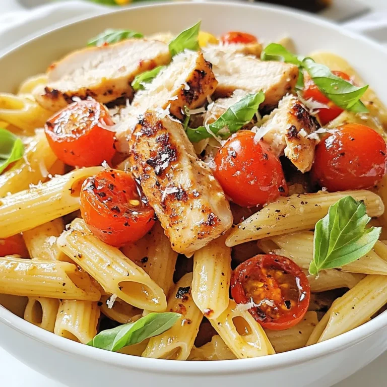 - 2 boneless, skinless chicken breasts - 8 oz penne pasta - 1 cup cherry tomatoes, halved - 1/2 cup fresh basil, chopped - 2 cloves garlic, minced - 1/4 cup balsamic glaze - 1 tablespoon olive oil - 1/2 teaspoon salt - 1/2 teaspoon black pepper - 1/4 cup grated Parmesan cheese - Optional: 1/4 teaspoon red pepper flakes for heat To make bruschetta chicken pasta, you need fresh, quality ingredients. Start with boneless, skinless chicken breasts. They cook quickly and stay tender. Next, choose penne pasta. Its shape holds sauce well. Cherry tomatoes add a sweet burst of flavor. Fresh basil brings a fragrant herb note. Garlic adds depth and aroma to your dish. Balsamic glaze gives it a sweet and tangy finish. Olive oil helps cook the chicken and adds richness. For seasoning, use salt and black pepper. They enhance each ingredient's natural taste. Grated Parmesan cheese adds a creamy, salty touch. If you like heat, add red pepper flakes. They bring a nice kick without overpowering the dish. Gather these ingredients, and you're ready to create a savory and simple delight! {{ingredient_image_1}} To start, bring a large pot of water to a boil. Add salt to the water. This helps flavor the pasta. Once the water boils, add 8 ounces of penne pasta. Cook the pasta according to the package instructions. You want it to be al dente. This means it should be firm but not hard. It usually takes about 10-12 minutes. After cooking, drain the pasta and set it aside. While your pasta cooks, it’s time to prep the chicken. Take 2 boneless, skinless chicken breasts. Season them with 1/2 teaspoon of salt, 1/2 teaspoon of black pepper, and a pinch of red pepper flakes if you like some heat. Heat 1 tablespoon of olive oil in a large skillet over medium heat. Add the chicken breasts to the pan. Cook each side for about 6-7 minutes. You want the chicken to reach an internal temperature of 165°F (75°C). Once done, take the chicken out and let it rest for a few minutes. Then, slice it into thin strips. In the same skillet, add 2 cloves of minced garlic. Sauté it for about 30 seconds. You want it to be fragrant but not burnt. Next, add 1 cup of halved cherry tomatoes to the skillet. Cook the tomatoes for about 3-4 minutes. They should start to soften. Now, stir in 1/2 cup of chopped fresh basil and the cooked penne pasta. Drizzle the mixture with 1/4 cup of balsamic glaze. Toss everything together until well mixed. This ensures every bite is full of flavor. To ensure you have perfectly cooked chicken, start by seasoning each breast with salt and pepper. Heat olive oil in the skillet over medium heat. Cook each side for 6-7 minutes. The chicken is done when the internal temperature reaches 165°F. Let it rest before slicing. Timing is key for sautéing garlic and tomatoes. After cooking the chicken, add minced garlic to the skillet for about 30 seconds. You want it fragrant but not burnt. Then, add halved cherry tomatoes and sauté for 3-4 minutes until they soften. For plating, I recommend using large bowls. Serve the bruschetta chicken pasta in the center, making it the star of the meal. Garnish with fresh basil leaves for a pop of color. An extra sprinkle of grated Parmesan cheese adds a nice touch. Drizzle some balsamic glaze around the plate for elegance. To boost the flavor, consider using additional balsamic glaze. Drizzle it over the chicken and pasta before serving. This adds a sweet tang that elevates the dish. For side dishes, think about a simple green salad or garlic bread. Both pair well with the pasta and add more textures to your meal. Pro Tips Let the Chicken Rest: After cooking, allow the chicken to rest for a few minutes before slicing. This helps retain its juices, making it more tender and flavorful. Use Fresh Ingredients: For the best flavor, opt for fresh basil and ripe cherry tomatoes. They will elevate the dish and provide a burst of freshness. Customize Your Pasta: Feel free to substitute penne with your favorite pasta shape, such as fusilli or farfalle, for a fun twist on this classic recipe. Add a Kick: If you enjoy heat, increase the amount of red pepper flakes or add a splash of crushed red pepper sauce to the pasta mixture for an extra kick. {{image_2}} You can switch up the pasta type if you want. Try using spaghetti, fettuccine, or even whole wheat pasta. Each choice brings a new taste and texture. If you want to try a different protein, shrimp works great. It cooks fast and adds a nice flavor. Tofu is an excellent choice for a vegan meal. It soaks up the sauce well and keeps the dish filling. Adding veggies can make this dish even better. Spinach is a good choice; it wilts nicely and adds color. Bell peppers bring sweetness and crunch. You can mix and match based on what you have at home. If you like heat, add more red pepper flakes. You can also try a pinch of cayenne pepper for a different kick. Adjusting the spice lets you control how bold the dish tastes. For those needing gluten-free options, choose gluten-free pasta made from rice or chickpeas. They cook well and taste great too. If you want a vegan meal, skip the chicken and Parmesan. Use a plant-based cheese, or leave it out completely. The balsamic glaze adds enough flavor to keep it tasty. To keep your bruschetta chicken pasta fresh, store it properly. First, let it cool to room temperature. This step helps avoid condensation in the container. Then, place the pasta in an airtight container. Use glass or BPA-free plastic containers for best results. Label the container with the date to track freshness. - Store in the fridge for up to 3 days. - If you freeze it, use a freezer-safe container. It can last up to 2 months. When it's time to enjoy your leftovers, reheating is key. The best method is to use a skillet. Heat it on medium-low heat to warm without drying out. Add a splash of water or stock to keep it moist. - Stir occasionally to heat evenly. - You can also use a microwave. Place the pasta in a microwave-safe bowl, cover, and heat in 30-second intervals, stirring in between. For the best taste, add a bit more balsamic glaze or olive oil before serving. This tip helps maintain the flavor and texture of your delicious meal. To make Bruschetta Chicken Pasta from scratch, follow this simple guide: 1. Cook the Pasta: Boil salted water in a large pot. Add 8 oz of penne pasta. Cook until al dente, about 10-12 minutes. Drain and set aside. 2. Prepare the Chicken: Season 2 boneless, skinless chicken breasts with salt, pepper, and red pepper flakes if you like heat. Heat 1 tablespoon of olive oil in a skillet over medium heat. 3. Cook the Chicken: Add the chicken to the skillet. Cook for 6-7 minutes on each side. Make sure the internal temperature reaches 165°F (75°C). Remove from the heat and slice thin. 4. Sauté the Garlic: In the same skillet, add 2 minced cloves of garlic. Sauté for about 30 seconds until fragrant. 5. Combine Ingredients: Add 1 cup of halved cherry tomatoes to the skillet. Cook for 3-4 minutes until soft. Stir in 1/2 cup of chopped fresh basil and the cooked penne. Drizzle with 1/4 cup of balsamic glaze and mix well. 6. Serve: Plate the pasta, top with sliced chicken, and sprinkle with 1/4 cup of grated Parmesan cheese. Drizzle more balsamic glaze on top for extra flavor. Yes, you can make Bruschetta Chicken Pasta ahead of time. Here are some tips: - Storage: Allow the dish to cool completely. Store it in an airtight container in the fridge for up to 3 days. - Meal Prep: You can cook the chicken and pasta ahead of time. Mix them together with the sauce just before serving. - Freezing: If you want to freeze it, store in a freezer-safe container for up to 2 months. Thaw in the fridge overnight before reheating. Bruschetta Chicken Pasta pairs well with several side dishes: - Garlic Bread: Perfect for soaking up sauce. - Green Salad: A light salad with vinaigrette adds freshness. - Roasted Vegetables: Carrots, zucchini, or bell peppers can enhance your meal. - Wine: A nice white wine, like Pinot Grigio, complements the dish well. Bruschetta Chicken Pasta can be a healthy choice. Here’s why: - Lean Protein: Chicken breasts provide lean protein for muscle health. - Fresh Ingredients: Cherry tomatoes and basil add vitamins and antioxidants. - Portion Control: Keep portions moderate to manage calorie intake. - Balance: Pair with a salad to increase fiber and fill you up with fewer carbs. This dish can fit well into a balanced diet when enjoyed in moderation. Bruschetta Chicken Pasta is a tasty dish that combines chicken, pasta, and fresh flavors. You learned about key ingredients and how to cook them perfectly. We explored tips for great results and fun variations to suit your taste. Don't forget to store leftovers right and reheat them well. Try this meal for an easy, delicious dinner. Embrace your creativity and enjoy this dish your way!