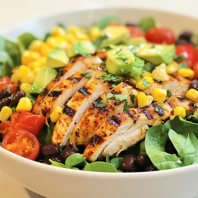 - 2 boneless, skinless chicken breasts - 1 cup canned black beans, rinsed and drained - 1 cup corn kernels (fresh or canned) - 1 red bell pepper, diced - 1 avocado, diced - 1 cup cherry tomatoes, halved - ½ cup red onion, finely chopped - 1 cup fresh spinach or mixed greens - ½ cup Greek yogurt - 2 tablespoons lime juice - 1 teaspoon cumin - 1 teaspoon chili powder - Salt and pepper to taste - Fresh cilantro for garnish - Chicken Breast: High in protein. It helps build muscles and keeps you full. - Black Beans: Great source of fiber. They aid digestion and help control hunger. - Corn: Provides vitamins. It adds energy and sweetness to the salad. - Red Bell Pepper: High in vitamin C. It boosts your immune system and adds crunch. - Avocado: Contains healthy fats. It supports heart health and makes the salad creamy. - Cherry Tomatoes: Packed with antioxidants. They add flavor and texture. - Red Onion: Offers anti-inflammatory benefits. It adds a sharp taste to the salad. - Spinach or Mixed Greens: Rich in iron and vitamins. They enhance overall health. - Greek Yogurt: A good protein source. It serves as a creamy base for the dressing. - Lime Juice: Adds flavor. It helps with digestion and enhances the dish. - Cumin and Chili Powder: Spices that add depth and warmth to the flavors. - Cilantro: Fresh herb that adds brightness. It also offers a unique taste. - Chicken: Use turkey or tofu for a different protein. - Black Beans: Swap for kidney beans or chickpeas if desired. - Corn: Use frozen corn for easy prep or skip it if you prefer. - Red Bell Pepper: Any color bell pepper works well. - Avocado: Try diced mango for sweetness or omit if allergic. - Greek Yogurt: Use sour cream or a dairy-free yogurt for a lighter option. - Lime Juice: Lemon juice can replace lime for a similar taste. - Cilantro: Parsley or basil can add freshness if you dislike cilantro. {{ingredient_image_1}} First, you need to cook the chicken breasts. Season them with salt, pepper, cumin, and chili powder. This adds flavor. You can choose to grill or pan-sear the chicken. Cook it over medium heat for 6-7 minutes on each side. You want it cooked all the way through. Once it's done, let it rest for a few minutes. Then, slice it into strips. This makes it easy to add to your salad. Next, let’s make the dressing. Grab a small bowl. Mix the Greek yogurt, lime juice, cumin, chili powder, and a pinch of salt and pepper. Stir until it’s creamy and smooth. This dressing will tie all the flavors together. It adds a nice zing to your salad. Now, it’s time to put everything together. In a large bowl, combine the black beans, corn, diced bell pepper, avocado, cherry tomatoes, red onion, and spinach or mixed greens. Gently toss these ingredients. You want them mixed well but not smashed. This colorful mix will make your salad pop. Add the sliced chicken on top of the salad mixture. Then, drizzle the yogurt dressing over everything. Toss gently to coat all the ingredients. Taste and adjust seasoning with salt and pepper if needed. For the finishing touch, sprinkle fresh cilantro on top. Serve it right away for the best taste and texture. Enjoy your Southwest Chicken Salad! To grill chicken well, start by seasoning. Use salt, pepper, cumin, and chili powder. This gives the chicken great flavor. Heat your grill or pan to medium. Cook the chicken for 6-7 minutes on each side. Check that it is fully cooked. It should reach 165°F inside. After cooking, let it rest for a few minutes. This step keeps the chicken juicy. Slice it into strips for the salad. Store any leftovers in an airtight container. This keeps the salad fresh. Place it in the fridge. It should last about 2-3 days. When reheating, avoid the microwave if you can. Instead, use a pan to heat it gently. This helps keep the chicken tender. If the salad is cold, add a bit of fresh dressing. This brings back the flavor. For the best taste, serve the salad right away. The fresh ingredients taste best when they are crisp. Add the dressing just before serving. This keeps the greens from getting soggy. Consider topping with fresh cilantro for a burst of flavor. You can also add lime wedges on the side for extra zest. Enjoy the colorful mix of flavors and textures! Pro Tips Marinate the Chicken: For an even deeper flavor, marinate the chicken breasts in lime juice and spices for at least 30 minutes before cooking. Use Fresh Ingredients: Whenever possible, opt for fresh vegetables and herbs to enhance the overall taste and nutritional value of your salad. Customize Your Greens: Feel free to mix different types of greens such as arugula or kale for added flavor and texture. Make Ahead: You can prepare the salad components in advance and store them separately in the refrigerator. Combine just before serving for optimal freshness. {{image_2}} To boost protein in your Southwest Chicken Salad, try adding more ingredients. Here are some tasty options: - Chickpeas: A cup adds about 15 grams of protein. - Quinoa: This grain packs 8 grams of protein per cup. - Tofu: A half-cup provides around 10 grams of protein. - Nuts or seeds: Almonds, walnuts, or pumpkin seeds can add 6-8 grams of protein. Mix and match these extras to find your perfect balance. Each addition not only adds protein but also enhances the texture and flavor. You can enjoy this salad even if you don’t eat meat. Here are some great swaps: - Grilled Portobello mushrooms: These mushrooms add a meaty texture and rich flavor. - Crispy chickpeas: Roast them with spices for a crunchy protein boost. - Vegan chicken: Many brands offer plant-based options that mimic chicken. - Hemp seeds: Sprinkle a few tablespoons on top for protein and healthy fats. These options keep the salad hearty and flavorful while meeting dietary needs. Want to switch up the taste? Here are some fun ideas to make your salad unique: - Spicy kick: Add jalapeños or a dash of hot sauce for heat. - Sweet twist: Toss in diced mango or pineapple for sweetness. - Herb swaps: Use dill, parsley, or basil for fresh flavor. - Cheese options: Crumbled feta or cotija cheese can add creaminess. Experiment with these ideas to find your favorite flavor combinations. Mixing flavors keeps each meal exciting! To keep your Southwest Chicken Salad fresh, store it in an airtight container. Make sure to cool it before sealing. Place it in the fridge within two hours of making it. This helps to keep the chicken juicy and the veggies crisp. If you can, eat it within three days for the best taste. You can freeze this salad if you want to save some for later. However, avoid freezing the avocado and dressing. They can change texture and taste. Instead, store the chicken and veggies in a freezer-safe bag. It’s best to eat it within three months. When you’re ready to eat, thaw it in the fridge overnight. - Cooked Chicken: Lasts about 3-4 days in the fridge. - Black Beans: Canned beans can last a long time, but once opened, use them within 3-4 days. - Corn: Fresh corn lasts about 2-3 days in the fridge, while canned corn also lasts about 3-4 days after opening. - Veggies: Most veggies, like bell peppers and tomatoes, last around 3-5 days in the fridge. - Greek Yogurt: Unopened, it can last weeks. Once opened, use it within a week. Knowing how to store your salad keeps your meal safe and tasty! To make this salad gluten-free, check the black beans and corn. Ensure they have no gluten in their labels. Greek yogurt is also gluten-free. Use fresh ingredients and avoid croutons or any wheat-based toppings. This way, you keep the flavor and make it safe for a gluten-free diet. You can use many dressings with this salad. A simple vinaigrette works great. Mix olive oil, vinegar, and a bit of honey. A lime-cilantro dressing adds zest. You can also use ranch or salsa for a fun twist. Each dressing brings a new flavor to the salad, making it exciting. Yes, you can prepare this salad ahead of time. Cook the chicken and let it cool. Mix the salad ingredients but keep the dressing separate. Store everything in airtight containers. When ready to eat, just add the dressing and mix. This keeps the salad fresh and crisp. This blog post offered a clear guide to making a delicious salad. We talked about the best ingredients, their benefits, and how to cook the chicken. I shared tips to grill chicken perfectly and keep leftovers fresh. You learned about tasty variations, substitutes, and how to store your salad properly. When you follow these steps, you create a meal that is both healthy and satisfying. Enjoy making your salad and make it your own!