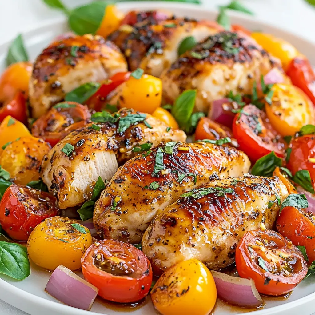 - 4 boneless, skinless chicken breasts - 1 cup cherry tomatoes, halved - 1 red onion, thinly sliced - 1 bell pepper (any color), sliced - 3 cloves garlic, minced For this dish, I use boneless, skinless chicken breasts. They cook quickly and stay juicy. Cherry tomatoes add sweetness, and bell peppers bring crunch. Red onion gives depth, and garlic adds a rich aroma. - 1/3 cup balsamic vinegar - 1/4 cup honey - 2 tablespoons olive oil - 1 teaspoon dried thyme - Salt and pepper to taste The marinade is key. I mix balsamic vinegar, honey, and olive oil. This blend creates a sweet and tangy taste. Dried thyme adds herbal notes, while salt and pepper enhance the flavors. - Fresh basil for presentation For a pop of color, I use fresh basil. It not only looks great but also adds a fresh taste. Just sprinkle it on top before serving. This simple step makes the dish feel gourmet. {{ingredient_image_1}} - Prepping the marinade: Start by mixing the balsamic vinegar, honey, olive oil, dried thyme, salt, and pepper in a large bowl. Use a whisk to blend it well. This mix creates a sweet and tangy flavor that will soak into the chicken. - Marinating the chicken: Add the chicken breasts to the marinade. Make sure each piece is well coated. Let them sit for about 15 minutes. This step allows the chicken to absorb all the delicious flavors. - Layering the vegetables in the skillet: Take a large oven-safe skillet and layer the sliced red onion, bell pepper, and halved cherry tomatoes evenly on the bottom. This creates a colorful base and adds flavor to the dish. - Baking the chicken and vegetables: Place the marinated chicken on top of the vegetables. Pour any leftover marinade over the chicken and veggies. Scatter the minced garlic on top for extra flavor. Bake in a preheated oven at 400°F (200°C) for 25 to 30 minutes. The chicken should reach an internal temperature of 165°F (75°C) when done. - Resting the dish: Once the chicken is cooked, take the skillet out of the oven. Let the dish rest for a few minutes. This helps the juices settle and keeps the chicken moist. - Garnishing before serving: Finally, add fresh basil on top. This not only adds flavor but also makes the dish look beautiful. Enjoy your One Pan Balsamic Chicken! To get the best flavor, soak the chicken for at least 15 minutes. This soak helps the chicken absorb the marinade. The mix has sweet honey and tangy balsamic vinegar. Finding the right balance makes each bite tasty. Adjust the honey if you want it sweeter. You can also add more vinegar for tang. Always check the chicken for doneness. It should reach an internal temperature of 165°F (75°C). Use a meat thermometer to be sure. After cooking, let the chicken rest for a few minutes. This resting time helps the juices stay inside. Your chicken will be moist and tender when served. Use a sturdy oven-safe skillet for this dish. Cast iron or stainless steel works great. They hold heat well and cook evenly. For easy cleanup, soak the skillet in warm, soapy water. Scrub gently to remove any stuck bits. This helps keep your cookware in good shape for next time. Pro Tips Marinate Longer: For even more flavor, marinate the chicken for at least 30 minutes or up to overnight in the refrigerator. Use Fresh Herbs: Fresh thyme or oregano can elevate the flavor profile. Consider adding fresh herbs just before serving for a burst of freshness. Veggie Variations: Feel free to add other vegetables like zucchini or asparagus for more color and nutrients. Check for Doneness: Always use a meat thermometer to ensure chicken is cooked through, reaching an internal temperature of 165°F (75°C). {{image_2}} You can change the vegetables in this dish. Try using zucchini, asparagus, or mushrooms. Each adds a new taste. You could also use fresh herbs like rosemary or parsley. If you want to swap the chicken, consider using turkey or pork. These meats work well with the balsamic flavors. To add some heat, include red pepper flakes or a pinch of cayenne. This kicks up the flavor! For brightness, squeeze in some lemon juice or add orange zest. These citrus notes make the dish pop. This chicken pairs well with grains. Serve it over rice, quinoa, or couscous. A fresh salad also complements the meal nicely. When plating, arrange the chicken on top of the veggies for a colorful look. Add a sprinkle of fresh basil for an extra touch. After cooking, let the dish cool. Place leftovers in an airtight container. This helps keep the chicken moist. You can store it in the fridge for up to three days. For best taste, eat it within two days. To freeze One Pan Balsamic Chicken, let it cool fully. Slice the chicken for easier thawing. Then, place it in a freezer-safe bag. Remove as much air as possible. You can freeze it for up to three months. To thaw, place it in the fridge overnight. Reheat in the oven or microwave until hot. This dish is great for meal prep. Make a big batch on Sunday. Divide it into portions and store them in the fridge. For quick meals, reheat in the microwave for about two minutes. You can also warm it up on the stove for better texture. Yes, you can use bone-in chicken for this dish. Bone-in chicken takes longer to cook. Adjust the baking time to 35-40 minutes. Always check the internal temperature. It should reach 165°F (75°C). Making a vegetarian version is easy. Substitute chicken with tofu or tempeh. You can also use chickpeas for extra protein. Marinate the tofu or tempeh like chicken. Bake until heated through, about 20-25 minutes. Balsamic chicken pairs well with many sides. Try serving it with rice or quinoa. A fresh salad adds crunch and color. Roasted veggies also complement the dish nicely. You can make garlic bread for a cozy touch. This blog post covers a flavorful dish: One Pan Balsamic Chicken. We explored its main ingredients like chicken, tomatoes, and peppers. The marinade adds a nice touch with balsamic vinegar and honey. You learned step-by-step how to prepare, cook, and serve this meal. Don't forget to try the tips for flavor and tenderness, and feel free to explore variations. Store leftovers properly for the best taste. Enjoy your cooking adventures, and let this dish bring joy to your table!