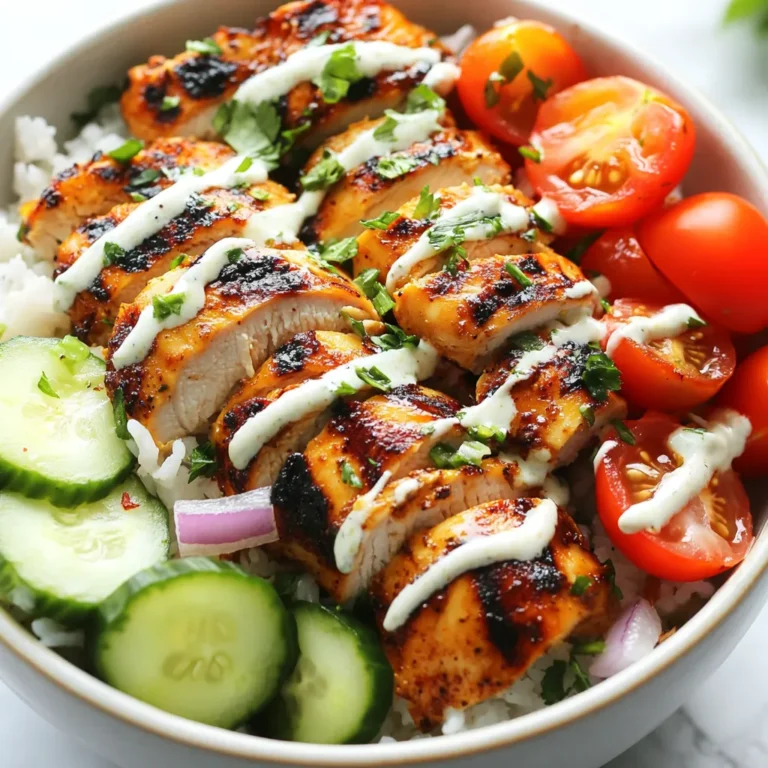 - 1 lb boneless, skinless chicken thighs - 3 tablespoons olive oil - 2 tablespoons ground cumin - 2 tablespoons ground coriander - 1 tablespoon smoked paprika - 1 teaspoon turmeric - 1 teaspoon garlic powder - 1 teaspoon onion powder - ½ teaspoon cayenne pepper (adjust for spice) - Salt and black pepper to taste - Juice of 1 lemon - 2 cups cooked basmati rice - 1 cup cherry tomatoes, halved - 1 cucumber, diced - 1 small red onion, thinly sliced - ½ cup fresh parsley, chopped - ½ cup tahini sauce (store-bought or homemade) The key to great Chicken Shawarma Rice Bowls is the ingredients. You need fresh, flavorful items. First, use boneless, skinless chicken thighs. They stay juicy and tender. Next, the marinade is crucial. Olive oil blends well with the spices. Ground cumin and coriander give depth. Smoked paprika adds a nice smokiness. Turmeric brings a bright color. Garlic and onion powders enhance the flavors. Adjust cayenne to fit your spice level. For toppings, fresh vegetables are a must. Cherry tomatoes add sweetness. Cucumbers bring crunch. Red onion gives a sharp taste. Fresh parsley adds a burst of color. Lastly, don't forget the tahini sauce. It ties all the flavors together. You can use store-bought or make your own. This simple ingredient list will guide you to a delightful meal. Enjoy crafting your bowls with these fresh and vibrant ingredients! {{ingredient_image_1}} To make the chicken tasty, we need to marinate it. Here’s what you need: - 1 lb boneless, skinless chicken thighs - 3 tablespoons olive oil - 2 tablespoons ground cumin - 2 tablespoons ground coriander - 1 tablespoon smoked paprika - 1 teaspoon turmeric - 1 teaspoon garlic powder - 1 teaspoon onion powder - ½ teaspoon cayenne pepper (adjust for spice) - Salt and black pepper to taste - Juice of 1 lemon In a large bowl, mix the olive oil, spices, salt, and lemon juice. Make sure to stir well. Add in the chicken thighs and coat them evenly with the marinade. Cover the bowl and place it in the fridge. Marinate for at least 1 hour. If you have time, let it sit overnight. This adds great flavor! Now, let’s cook the chicken. You will need a grill pan or a skillet for this step. First, preheat your pan over medium-high heat. Once it’s hot, add the marinated chicken thighs. Cook them for about 6-7 minutes on each side. Look for nice charred marks. The chicken should be cooked through. After cooking, let it rest for 5 minutes. Then, slice the chicken into strips. Next, we'll prepare the base of our rice bowls. Start with 2 cups of cooked basmati rice. Scoop a generous amount into serving bowls. This rice makes a great base. Now it’s time to layer the ingredients. Top the rice with the sliced chicken. Add halved cherry tomatoes, diced cucumber, and thinly sliced red onion. For a fresh touch, sprinkle chopped parsley over the top. Finally, drizzle tahini sauce generously over each bowl. Add salt and pepper to taste. To make your chicken extra tasty, marinate it longer. A good rule is to marinate for at least 1 hour. However, letting it sit overnight in the fridge gives you the best flavor. Feel free to swap some spices. If you don't have smoked paprika, regular paprika works too. You can also try using fresh garlic instead of garlic powder. Each change adds a unique twist! To get those perfect grill marks, make sure your grill pan is hot. Place the chicken on the grill without moving it for the first few minutes. This helps create those nice lines. To check if the chicken is done, cut a piece open. The inside should be white and juices should run clear. If it looks pink, keep cooking it a little longer. When serving, add color and flavor with fresh herbs. A sprinkle of chopped parsley on top makes your bowl pop! You can also add slices of lemon for a bright touch. For sides, think about what pairs well. Fresh pita bread or a simple salad complements the bowls nicely. This adds more texture and flavor to your meal. Pro Tips Marinate Longer for Flavor: For the best flavor, marinate the chicken thighs overnight. This allows the spices to penetrate the meat deeply, resulting in a more flavorful dish. Let Chicken Rest: After cooking, let the chicken rest for about 5 minutes before slicing. This helps retain the juices, making the chicken more tender and succulent. Customize Your Toppings: Feel free to add your favorite toppings to the rice bowls, such as roasted red peppers, olives, or feta cheese for extra flavor and variety. Balance the Flavors: If you prefer a creamier texture, mix the tahini sauce with a bit of water or lemon juice to thin it out, creating a drizzle that complements the other ingredients beautifully. {{image_2}} You can switch chicken for other proteins. Beef works well if you want a richer taste. Tofu is great for a vegan choice. Just marinate it like chicken. It absorbs flavors nicely. If using beef, slice it thin for quick cooking. For tofu, press it first to remove moisture. Basmati rice is popular, but you can try brown rice. Brown rice adds fiber and a nutty taste. Quinoa is another excellent option. It cooks quickly and is gluten-free. Both of these alternatives offer a healthy twist. Spice it up by adding different spices. Hot sauce can bring heat. You can also top with yogurt for creaminess. Fresh herbs, like mint or dill, add bright notes. Consider adding nuts for crunch. Lastly, pickled vegetables bring tang to your bowl. To keep your Chicken Shawarma Rice Bowls fresh, let them cool first. Place the chicken and rice in an airtight container. Store in the fridge for up to three days. For longer storage, freeze the chicken and rice separately. They can last in the freezer for about three months. When ready to eat, thaw overnight in the fridge before reheating. Reheat the chicken in a skillet over medium heat. This keeps it juicy and flavorful. Stir occasionally for even heating. For rice, add a splash of water and cover. Heat on low until warm. If you like, you can microwave both, but watch closely to avoid drying them out. Enjoy your meal like it’s fresh! Chicken shawarma is a popular Middle Eastern dish. It features marinated chicken that is cooked on a rotating spit. This cooking method allows the meat to become tender and flavorful. Shawarma originated in the Ottoman Empire and has spread globally. Its unique blend of spices, like cumin and coriander, gives it a warm, rich taste. Yes, you can prepare this recipe ahead of time. Start by marinating the chicken. You can marinate it overnight for the best flavor. After cooking, let the chicken cool. Then, store it in an airtight container. You can also prepare the rice in advance. Keep it in the fridge for up to four days. This makes meal prep easy and quick. You can serve Chicken Shawarma Rice Bowls with various side dishes. Here are some ideas: - Hummus with pita bread - A fresh green salad - Yogurt sauce for dipping - Pickled vegetables for a tangy crunch For beverages, try serving sparkling water or a light lemon drink. These pair nicely with the rich flavors of the bowl. Enjoy the mix of tastes and textures! This blog post guides you through making delicious chicken shawarma rice bowls. We covered essential ingredients, marinating tips, cooking methods, and assembly steps. You learned how to store leftovers and reheat them without losing flavor. Finally, we explored variations to keep your meals exciting. Take these tips, try them out, and enjoy tasty meals. You will impress your friends and family with your skills. Enjoy the journey of cooking and flavor discovery!