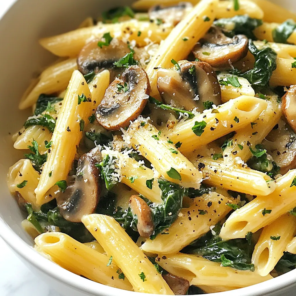 - 8 oz (225g) penne pasta - 2 tablespoons olive oil - 1 small onion, diced - 3 cloves garlic, minced - 8 oz (225g) fresh mushrooms, sliced - 4 cups fresh spinach, roughly chopped - 1 cup vegetable broth - 1 cup heavy cream - 1 cup grated Parmesan cheese - Salt and pepper to taste - 1 teaspoon Italian seasoning - Fresh parsley, chopped Gathering the right ingredients makes cooking fun and easy. For this dish, I love using fresh spinach and mushrooms. They add great flavor and nutrition. The penne pasta gives a perfect base for our creamy sauce. Olive oil is essential for sautéing and adds a nice richness. Diced onion and minced garlic make your kitchen smell amazing. They create a solid flavor foundation in the skillet. Don’t forget the heavy cream and Parmesan cheese. They bring a luscious texture to the sauce. A touch of vegetable broth helps combine everything smoothly. Seasoning is key! Use salt, pepper, and Italian seasoning to enhance the taste. Finally, fresh parsley adds a pop of color and brightens the dish. With these ingredients, you’ll create a delicious meal in no time! {{ingredient_image_1}} First, boil a large pot of salted water. Add 8 oz of penne pasta. Cook it until al dente, following the package instructions. Drain the pasta and set it aside. Next, heat 2 tablespoons of olive oil in a large skillet over medium heat. Add the diced small onion and sauté for about 3 to 4 minutes until it softens. Then, stir in 3 minced garlic cloves and cook for another 30 seconds until it smells great. Now, add 8 oz of sliced mushrooms to the skillet. Cook them for 5 to 6 minutes. They should turn golden brown and release moisture. Next, stir in 4 cups of chopped spinach and 1 cup of vegetable broth. Cook for an additional 2 to 3 minutes until the spinach wilts. Reduce the heat to low. Pour in 1 cup of heavy cream and stir to mix. Add 1 cup of grated Parmesan cheese and stir until it melts and the sauce thickens. Season it with salt, pepper, and 1 teaspoon of Italian seasoning. Add the cooked penne pasta into the skillet. Toss everything together until the pasta is well-coated with the creamy sauce. Heat for another 2 minutes to warm it all through. Remove from heat and garnish with fresh parsley before serving. Enjoy your Spinach Mushroom Parmesan Pasta Skillet! To get that perfect bite, cook your penne pasta al dente. This means it should be firm when you bite into it. Follow the package instructions carefully. Start checking the pasta a minute or two before the time is up. Drain it right away and set it aside to keep it from cooking more. You can boost the taste by adding or swapping ingredients. For a twist, try sun-dried tomatoes or artichokes. Fresh herbs add a bright flavor. If you can't find fresh herbs, dried ones work too. Just remember, dried herbs are stronger, so use less! Sautéing is key for great flavor. Heat the olive oil in your skillet before adding onions. Keep the heat at medium to avoid burning. Stir often to cook evenly. When adding mushrooms, don't crowd the pan. This helps them brown nicely. Overcooking can make vegetables mushy. Cook mushrooms until golden and spinach just wilts. This keeps them vibrant and tasty. Pro Tips Use Fresh Ingredients: Fresh spinach and mushrooms enhance the flavor and texture of your pasta dish, making it more vibrant and delicious. Don’t Overcook the Pasta: Cook the penne pasta until al dente, as it will continue to cook slightly when combined with the sauce, ensuring the perfect texture. Season Gradually: Taste and adjust seasoning throughout the cooking process, especially with salt and pepper, to ensure a well-balanced flavor in your dish. Garnish for Freshness: Adding fresh parsley as a garnish not only adds color but also a fresh flavor that complements the creamy sauce beautifully. {{image_2}} You can make this dish heartier by adding protein. Chicken, shrimp, or tofu work well. For chicken, use cooked, diced pieces. For shrimp, add them raw to the skillet. Cook until they turn pink. If you prefer tofu, use firm tofu. Cut it into cubes, and sauté it until golden. Each option gives a unique flavor and texture. To switch things up, try different veggies or legumes. Bell peppers, zucchini, or broccoli add great taste. You can also use chickpeas or white beans for protein. They help make the dish filling while keeping it meat-free. Just sauté them with the mushrooms or add them at the end. If you need a gluten-free dish, replace the penne pasta. Use gluten-free pasta made from rice or corn. For the sauce, check if your broth and cream are gluten-free. Many brands offer gluten-free options. Always read labels to be sure. These swaps let you enjoy the dish without gluten. After you make this dish, let it cool first. Place leftovers in an airtight container. Store it in the refrigerator for up to three days. This keeps the pasta fresh and tasty. When you are ready to eat, just take it out and enjoy! You can freeze this pasta skillet for later. First, let it cool down completely. Then, transfer it to a freezer-safe container. It can last up to three months in the freezer. When you want to eat it, thaw it in the fridge overnight before reheating. To reheat, I recommend using a skillet. This way, you keep the flavors rich. Add a splash of vegetable broth or cream to help it stay creamy. Heat it over low to medium heat while stirring. You can also use a microwave, but be careful not to dry it out. Heat in short bursts, stirring in between. Enjoy your meal as if it was freshly made! Yes, you can use frozen spinach or mushrooms. Just make sure to thaw and drain them well. Frozen veggies may have more water, so adjust the broth slightly. This keeps your dish from getting too watery. You can try different cheeses like mozzarella or feta. Each cheese adds its own flavor. Goat cheese also works well for a tangy twist. Mix and match to find your favorite! To make this dish vegan, swap the heavy cream for coconut milk or cashew cream. Use nutritional yeast instead of Parmesan for a cheesy flavor. Ensure your vegetable broth is plant-based, and you’re all set! Yes, you can make this dish ahead. Cook it and let it cool before storing it in the fridge. It stays fresh for about 3 days. Reheat gently on the stove to keep it creamy and tasty. This blog post covers a creamy penne pasta recipe. We explored the ingredients, from fresh mushrooms to spinach, and went step-by-step through the cooking process. You learned how to enhance flavor and perfect your pasta. Consider variations like protein additions or gluten-free options to make this dish yours. Remember these tips for storage and reheating to enjoy it later. With a few tweaks, you can ensure this dish fits your taste and dietary needs. Happy cooking!