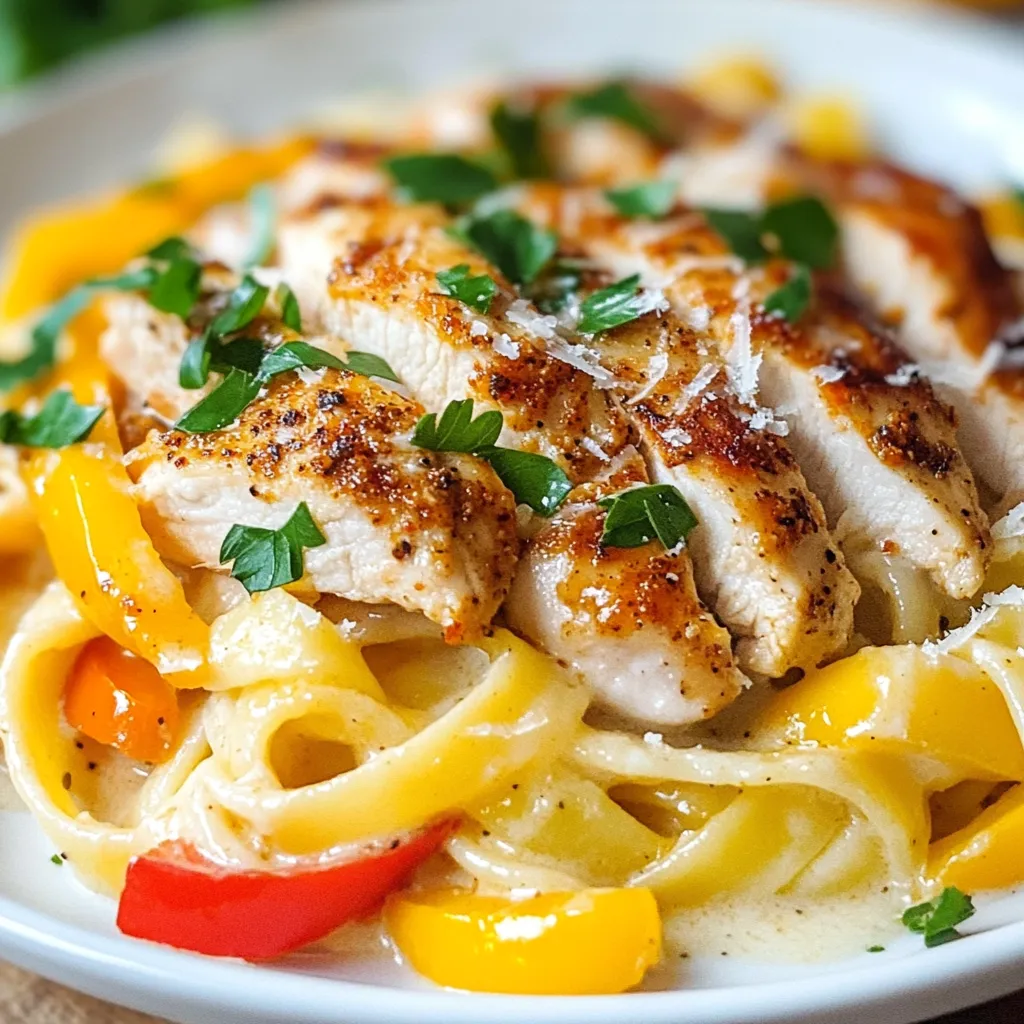 - 2 boneless, skinless chicken breasts - 8 ounces fettuccine or linguine pasta - 1 cup heavy cream - 1 cup chicken broth - 2 tablespoons Cajun seasoning - Salt and pepper to taste - 1/2 cup grated Parmesan cheese - 1 red bell pepper - 1 yellow bell pepper - 1 small onion - 2 cloves garlic - Fresh parsley for garnish Cajun chicken pasta is a dish bursting with flavor. You need a few key ingredients to make it shine. First, the chicken breasts bring protein and heartiness. I like to slice them for more flavor. Use fettuccine or linguine to soak up the creamy sauce. The sauce is where the magic happens. Heavy cream gives it richness while chicken broth adds depth. Cajun seasoning is a must for that kick of spice. Adjust the salt and pepper to your taste. Fresh vegetables also play a big role. The sweet red and yellow bell peppers add crunch and color. Onions and garlic build a solid flavor base. Finally, garnish with parsley for a fresh touch. This blend of ingredients creates a dish that feels restaurant-worthy. Each bite is a flavor explosion. You’ll love how easy it is to recreate this at home! {{ingredient_image_1}} To start, take the sliced chicken breasts and place them in a bowl. Sprinkle two tablespoons of Cajun seasoning over the chicken. Toss it well to coat each piece. Let the chicken marinate for at least 20 minutes. This step is key for flavor. While the chicken marinates, heat a skillet over medium heat. Add the marinated chicken to the skillet and cook until it gets a nice brown color. This usually takes about 5 to 7 minutes. Make sure it cooks through, so it’s safe to eat. In a large pot, bring salted water to a boil. Once boiling, add 8 ounces of fettuccine or linguine pasta. Cook the pasta according to the package instructions until it is al dente. This means it should still be slightly firm. After cooking, drain the pasta but save half a cup of the pasta water. This water will help adjust the sauce later. Now it’s time to make the sauce. In the same skillet where you cooked the chicken, heat one tablespoon of olive oil over medium heat. Add one small chopped onion and both a sliced red and yellow bell pepper. Sauté these vegetables until they are softened, which should take about 5 minutes. Then, stir in two minced garlic cloves and cook for one more minute. This adds a nice aroma to your dish. Next, push the veggies to one side of the skillet. Add the browned chicken back in. Pour in one cup of chicken broth and one cup of heavy cream. Stir this mixture well and let it simmer. The sauce should thicken a bit. It’s time to combine everything. Add the drained pasta to the skillet and toss it gently with the sauce. If the sauce seems too thick, add some of the reserved pasta water until you reach the desired consistency. Finally, stir in half a cup of grated Parmesan cheese. This will make the sauce creamy and delicious. Season everything with salt and pepper to taste. Now, your Cajun Chicken Pasta is ready to serve! To get the best chicken, marinate it for at least 20 minutes. This helps the flavor soak in. You can check if the chicken is done by cutting it open. The meat should no longer be pink, and juices should run clear. This is key to a safe and tasty dish. The sauce should be creamy, not too thick. If it is too thick, add some reserved pasta water. This helps loosen it up while keeping the taste. Mix in the cheese at the end. Doing this helps the cheese melt into the sauce perfectly. For extra flavor, try adding a pinch of cayenne pepper or smoked paprika. These spices can boost the Cajun flavor. Garnish with fresh parsley for color and brightness. It adds a nice touch and makes your dish look restaurant-style. Pro Tips Marinate for Flavor: Allowing the chicken to marinate for longer than 20 minutes can intensify the flavor. If you have time, marinate it for up to 2 hours in the refrigerator. Reserve Pasta Water: Always reserve some pasta water before draining. The starchy water can help adjust the sauce consistency and help it cling to the pasta better. Adjust Spice Level: If you prefer a milder dish, reduce the amount of Cajun seasoning or add a bit of cream to balance the heat. Fresh Herbs for Garnish: Fresh parsley adds a pop of color and a fresh flavor. Consider adding fresh basil or cilantro for a different twist! {{image_2}} You can swap chicken for shrimp or sausage. Both add great flavor. If you choose shrimp, cook it until pink and firm. For sausage, cook until browned, then mix with veggies. Vegetarian options are easy too! Try using tofu or beyond meat. You can also use mushrooms for a meaty texture. They soak up the sauce well. While fettuccine is great, you can use other pasta types. Penne or rigatoni work well too. They hold sauce nicely, giving you more flavor in each bite. Looking for gluten-free? Try chickpea or brown rice pasta. They cook similarly and are tasty. Want more veggies? Bell peppers are just the start! Add zucchini, spinach, or broccoli for color and nutrition. They all work well with the sauce. Seasonal produce can brighten the dish. In summer, add fresh tomatoes or corn. In winter, consider kale or butternut squash. Each adds a unique twist to your meal. To store your Cajun chicken pasta, let it cool first. Use an airtight container. This keeps the dish fresh and tasty. Glass or plastic containers work well. Avoid using metal containers, as they might affect the flavors. Store in the fridge for up to three days. If you want to keep it longer, freezing is a great option. To reheat your pasta, the best method is using the stovetop. Add a splash of chicken broth or water. This keeps the pasta moist and helps with flavor. Heat over low to medium heat. Stir occasionally to warm it evenly. You can also use a microwave if you're short on time. Use a microwave-safe dish and cover it loosely. Yes, you can freeze Cajun chicken pasta! Just make sure it’s in a safe container. Use freezer bags or airtight containers. Label with the date, and it will stay good for up to three months. When you’re ready to eat, thaw it overnight in the fridge. Reheat on the stovetop or in the microwave. This helps keep the flavor and texture just right. Cajun chicken pasta is a creamy pasta dish. It combines spicy Cajun-seasoned chicken with pasta and colorful veggies. You can find this dish in many restaurants. Its bold flavors and creamy texture make it a favorite among many. The mix of spices and cream creates a flavor explosion in every bite. Yes, you can prepare Cajun chicken pasta ahead of time. Make everything except the pasta and sauce first. Store the cooked chicken and veggies in the fridge. When you are ready to eat, cook the pasta and heat the sauce. This helps keep the flavors fresh and delicious. Making Cajun seasoning at home is easy! Here's a simple recipe: - 1 tablespoon paprika - 1 teaspoon cayenne pepper - 1 teaspoon onion powder - 1 teaspoon garlic powder - 1 teaspoon dried thyme - 1 teaspoon dried oregano - 1 teaspoon black pepper - 1 teaspoon salt Mix all the spices together in a bowl. Use this mix to spice up your chicken and other dishes too! To complement Cajun chicken pasta, serve: - Garlic bread for dipping in the sauce - A fresh green salad with vinaigrette - Steamed veggies like broccoli or green beans These sides balance the rich flavors of the pasta and add freshness to your meal. In this blog post, we explored making Cajun chicken pasta. We covered main ingredients, seasonings, and fresh components. You learned step-by-step how to prepare the chicken, cook the pasta, and make the sauce. We discussed tips for perfecting the dish and offered variations. Storing and reheating methods were also shared. Try this flavorful dish soon. It’s easy to make and perfect for any table!