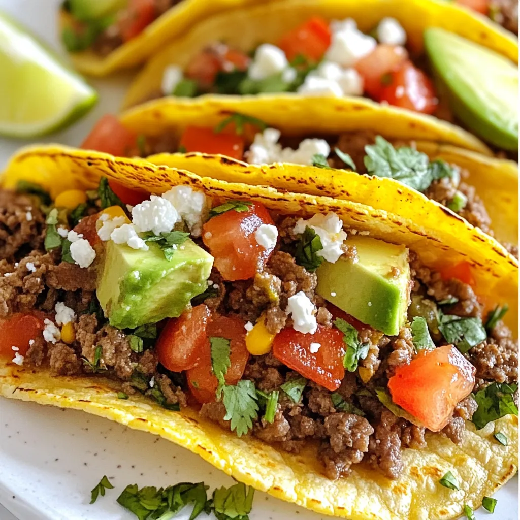 - 1 lb ground beef or chicken - 1 tablespoon olive oil - 1 small onion, finely chopped - 2 cloves garlic, minced - 1 tablespoon chili powder - 1 teaspoon cumin - 1 teaspoon paprika - Salt and pepper to taste - 8 small corn tortillas - 1 cup chopped fresh cilantro - 1 cup diced tomatoes - 1 avocado, sliced - 1 cup crumbled queso fresco or feta cheese - Lime wedges for serving For a great taco, you need quality ingredients. Start with ground beef or chicken. They are easy to cook and full of flavor. Olive oil helps sauté the onion and garlic. This adds depth to your meat. The spices, like chili powder and cumin, give your tacos that authentic taste. Don't forget salt and pepper to bring everything together. Next, the tortillas are key. Small corn tortillas are perfect for street-style tacos. They should be warm and soft. When you add toppings, fresh vegetables like cilantro and tomatoes bring color and crunch. Avocado adds creaminess, and queso fresco gives a nice salty bite. Finally, squeeze lime on top for a fresh zing. - Freshly chopped onions - Sliced jalapeños - Salsa or pico de gallo - Hot sauce Tacos are fun because you can customize them. You can add freshly chopped onions for more bite. Sliced jalapeños can bring heat, if you like spice. Salsa or pico de gallo adds freshness and zest. A drizzle of hot sauce can make your tacos even more exciting. - Calories per serving: Approximately 400 - Breakdown of macros: - Protein: 25g - Carbohydrates: 30g - Fat: 20g These tacos are not just tasty; they can also fit into your meal plan. Each serving has around 400 calories. You get a good amount of protein from the meat. The carbs come from tortillas, which provide energy. Some healthy fats come from the avocado and cheese. Enjoying tacos can be both satisfying and nutritious! {{ingredient_image_1}} 1. In a large skillet, heat 1 tablespoon of olive oil over medium heat. 2. Add 1 small finely chopped onion and 2 minced garlic cloves to the skillet. 3. Sauté them for 3-4 minutes until they are soft and fragrant. 4. Next, add 1 pound of ground beef or chicken to the pan. 5. Break it up with a spatula and cook until it turns brown, about 5-7 minutes. 1. Once the meat is cooked, stir in 1 tablespoon of chili powder, 1 teaspoon of cumin, and 1 teaspoon of paprika. 2. Season with salt and pepper to taste. 3. Cook this mixture for an additional 2 minutes. This helps the spices blend well and become fragrant. 4. For the best flavor, taste your mixture and adjust the spices if needed. 1. While the meat cooks, heat 8 small corn tortillas in a separate pan over medium heat. 2. Warm each tortilla for about 30 seconds on each side. This keeps them soft and pliable. 3. If you want extra flavor, you can also add a little oil to the pan while warming. 4. This way, they won’t break when you fill them with the meat mixture. To make your tacos shine, use fresh herbs and spices. Fresh cilantro adds a bright taste. It brings a burst of flavor that dried herbs can't match. Always season your meat well. A mix of chili powder, cumin, and paprika gives depth. Salt and pepper enhance everything, making each bite pop. Assembling your tacos like a pro is key. Start with a warm tortilla. Add a scoop of the meat mixture. Be generous! Then, layer on the toppings: chopped cilantro, diced tomatoes, and avocado slices. Finish with crumbled queso fresco. For garnishing, serve lime wedges on the side. A squeeze of lime adds a nice zing and looks great on the plate. When cooking meat, both a skillet and a grill work well. A skillet gives you nice browning and keeps the meat juicy. A grill adds a smoky flavor but watch it closely to avoid overcooking. For tortillas, avoid sogginess by warming them quickly. Heat them for about 30 seconds per side until just pliable. This keeps your tacos crisp and tasty. Pro Tips Quality Meat Matters: Choose high-quality ground beef or chicken for the best flavor and texture in your tacos. Warm Tortillas: Always warm your tortillas before assembling; this makes them more pliable and enhances their flavor. Fresh Ingredients: Use fresh cilantro, ripe avocados, and juicy tomatoes to elevate the freshness of your tacos. Experiment with Toppings: Feel free to add other toppings like pickled onions or jalapeños for an extra kick! {{image_2}} You can switch up the meat in your tacos. Using fish or shrimp gives a fresh twist. Grilled or sautéed, these proteins bring a light flavor to your meal. If you want to skip meat, try lentils or mushrooms. Lentils cook quickly and soak up spices well. Mushrooms add a rich, savory taste. Both options keep your tacos hearty and satisfying. Mexico has many regions, each with its own flavors. For example, tacos from Oaxaca use rich cheese and smoky spices. Tacos from Yucatán are bright with citrus and herbs. You can customize your spices too. If you love heat, add more chili powder or fresh peppers. For a milder taco, use less spice. Adjusting flavors makes your tacos unique to your taste. Tortillas are classic, but you can be creative. Lettuce wraps make a healthy and crunchy shell. They are low in carbs and full of freshness. You can also experiment with flavored tortillas. Try spinach or tomato tortillas for a fun look and taste. Use different colors to make your taco feast more exciting. To keep your tacos fresh, store the ingredients separately. This helps maintain their texture and flavor. Place the meat in an airtight container. The same goes for chopped veggies and toppings. Use a different container for tortillas. Always label containers with the date. This helps you keep track of freshness. When storing in the fridge, ensure it is at or below 40°F. You can keep leftover meat for up to three days. Veggies like tomatoes and avocado may spoil faster. Use them within two days for the best taste. If you want to save tacos for later, freezing is a great option. You can freeze cooked meat and tortillas separately. Place the meat in a freezer-safe bag. Press out as much air as possible. For tortillas, stack them with parchment paper in between. This prevents them from sticking together. When ready to eat, thaw the meat overnight in the fridge. For tortillas, you can warm them in a dry skillet. To reheat meat, use a microwave or skillet. Heat until it's hot throughout, around 165°F. Cooked meat can last about three to four days in the fridge. Always check for any off smells. Fresh produce should be used quickly. Tomatoes may last up to a week, while avocado stays fresh for about two days once cut. Store veggies in a cool place, away from sunlight, to keep them crisp. Street-style tacos are simple, flavorful tacos found on streets in Mexico. They often use small corn tortillas and fresh ingredients. The filling can be meat or veggies, seasoned with spices. You can top them with fresh cilantro, diced tomatoes, and cheese. These tacos focus on bold flavors and easy assembly. To add heat to your tacos, use chili powder or fresh jalapeños. You can also try hot sauce or crushed red pepper. Another great tip is to mix in diced chipotle peppers while cooking the meat. This adds a smoky flavor and extra heat. Adjust the spice level to fit your taste. Yes, you can prepare tacos in advance! Cook the meat and store it in the fridge. You can heat it up when ready to serve. Keep the tortillas and toppings separate to maintain freshness. When reheating, warm the tortillas briefly so they stay soft. This way, your tacos taste fresh and delicious at gatherings. Street-style tacos are easy to make and fun to eat. We covered key ingredients like ground beef or chicken, fresh veggies, and the right spices. You learned how to prepare the meat and heat tortillas for soft tacos. Topping and presenting tacos makes them even better. Remember to explore variations and try different proteins or flavor profiles. With proper storage, you can save leftovers for later. Enjoy your taco nights, and feel confident making them unique each time!