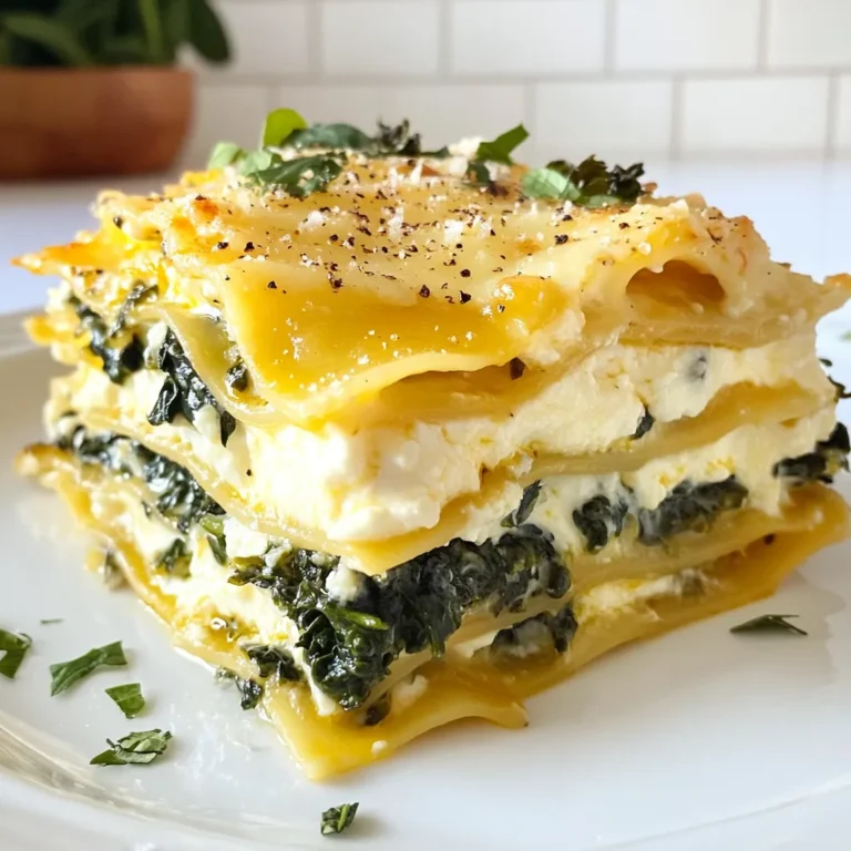 - 12 lasagna noodles - 2 cups ricotta cheese - 3 cups shredded mozzarella cheese - 1 cup grated Parmesan cheese - 4 cups fresh spinach - 1 cup kale, chopped - 4 cloves garlic, minced - 2 tablespoons olive oil - 1 teaspoon nutmeg - Salt and pepper to taste - 3 cups béchamel sauce (store-bought or homemade) When making white lasagna with garlicky greens, quality ingredients make a big difference. The lasagna noodles form the base. Fresh ricotta adds creaminess. Mozzarella gives a lovely stretch, while Parmesan adds a sharp bite. Fresh spinach and kale bring color and nutrition. Garlic adds depth and aroma, while olive oil keeps it rich. Nutmeg rounds out the flavor nicely. - Different greens (e.g., Swiss chard, arugula) - Cheese substitutes (e.g., feta, goat cheese) - Gluten-free pasta options You can switch the greens for a fresh twist. Swiss chard or arugula works well. If you want a different cheese flavor, try feta or goat cheese. For gluten-free needs, many brands offer good lasagna noodles. Each change brings a new taste to your dish! {{ingredient_image_1}} - Preheat oven to 375°F (190°C). - Cook lasagna noodles until al dente. Follow the package instructions carefully. Drain and set aside. - In a large pan, heat 2 tablespoons of olive oil over medium heat. - Add 4 cloves of minced garlic and sauté for about 1 minute until fragrant. - Add 4 cups of fresh spinach and 1 cup of chopped kale to the pan. - Season with salt and pepper to taste. Cook until the greens are wilted, about 3-4 minutes. Set aside. - Grab a 9x13-inch baking dish. Spread a thin layer of béchamel sauce on the bottom. - Layer 4 lasagna noodles over the sauce. - Spread half of the 2 cups of ricotta cheese over the noodles. - Next, add half of the garlicky greens and then a layer of 3 cups of shredded mozzarella. - Repeat this layering process. Add another layer of noodles, the remaining ricotta, the remaining garlicky greens, and another layer of mozzarella. - For the final layer, place down the last noodles. Pour the remaining béchamel sauce evenly over the top, covering all noodles. - Sprinkle 1 cup of grated Parmesan and 1 teaspoon of nutmeg on top for added flavor. - Cover the dish with foil to prevent burning. Bake for 25 minutes. - Remove the foil and bake for another 15-20 minutes, or until the top is golden and bubbly. - Let the lasagna cool for about 10 minutes before slicing and serving. To make the best béchamel, start with equal parts flour and butter. Heat butter in a pan, then add flour. Stir for one minute to cook the flour. Gradually whisk in milk until smooth. Cook it until it thickens, stirring often. Common mistakes to avoid include not cooking the flour long enough, which can lead to a raw taste. Also, adding milk too quickly can cause lumps. Always whisk gently and slowly to keep it smooth. For even layering, start with a thin layer of béchamel at the bottom. This keeps the noodles moist. Place the lasagna noodles flat and close together. Make sure they overlap slightly but do not crowd them. To avoid soggy noodles, cook them to al dente before layering. This way, they won’t absorb too much sauce. It’s also helpful to let the béchamel cool slightly before layering. For a beautiful dish, garnish each slice with fresh parsley. Add a sprinkle of Parmesan cheese on top. This makes each serving pop with color. Pair your lasagna with a light side salad. A simple mix of greens with a lemon vinaigrette works well. This adds freshness and balances the richness of the dish. Pro Tips Make Ahead: Prepare the lasagna a day in advance and refrigerate. Just bake it when you're ready to serve for easy entertaining. Cheese Choices: Experiment with different cheeses like fontina or provolone for a unique flavor profile in your lasagna. Veggie Variations: Feel free to swap in other greens, such as Swiss chard or arugula, for a different taste and texture. Rest Before Serving: Allow the lasagna to cool for 10 minutes after baking. This helps it set and makes slicing easier. {{image_2}} You can easily change this dish to fit a vegetarian diet. - Try adding different vegetables like mushrooms, zucchini, or bell peppers for more flavor. - Use alternative cheeses, such as goat cheese or feta, for a tangy twist. For meat lovers, you can add proteins to your lasagna. - Incorporate cooked chicken, sausage, or ground beef for a heartier meal. - Adjust cooking time based on the added meat. If using raw meat, bake longer to ensure it cooks fully. If you want a vegan version, there are simple swaps. - Use plant-based milk and vegan butter to make a dairy-free béchamel sauce. - Try plant-based cheese like cashew or almond cheese for a creamy texture. To store leftover white lasagna, first let it cool down. Cover it tightly with plastic wrap or foil. You can also place it in an airtight container. This helps keep the flavors fresh. Leftover lasagna stays good in the fridge for about 3 to 5 days. If you notice any changes in smell or texture, it’s best to toss it. To freeze your white lasagna, follow these steps: 1. Cool Completely: Let the lasagna cool at room temperature for about an hour. 2. Cut into Portions: Slice the lasagna into single servings. This makes it easier to thaw later. 3. Wrap Well: Wrap each piece in plastic wrap, then in foil. This prevents freezer burn. 4. Label and Date: Write the date on the foil. This helps you keep track of freshness. When you're ready to enjoy it, thaw the lasagna overnight in the fridge. To reheat, place the portions in a preheated oven at 350°F (175°C) for about 25 minutes. Check that it is heated through before serving. You can also microwave slices for a quicker option. Just cover them to keep moisture in. Yes, you can use homemade béchamel sauce. Homemade sauce has a fresh taste. You can control the thickness and flavor better. Store-bought béchamel is quick and easy. It saves time, but may lack depth. Choose what fits your cooking style. Fresh spinach and kale work great in this lasagna. They add flavor and nutrition. Other good options include Swiss chard and arugula. These greens blend well with cheese. They also add color to your dish. To make gluten-free lasagna, choose gluten-free noodles. Many brands offer tasty options. You can also use thinly sliced zucchini or eggplant. These substitutes add flavor and texture. Make sure to check labels for hidden gluten. Yes, you can prepare the lasagna ahead of time. Assemble it up to a day in advance. Cover and store it in the fridge. When ready, bake it straight from the fridge. Just increase baking time by 10-15 minutes. This way, you save time and enjoy a stress-free meal. This recipe showcases how to create a tasty greens lasagna with simple steps. You can personalize it using different greens, cheeses, or proteins, making it great for everyone. Remember to store leftovers properly, and feel free to make it ahead of time. Enjoy making this dish that is both healthy and satisfying. Your loved ones will appreciate the effort, and you’ll master a delicious recipe!