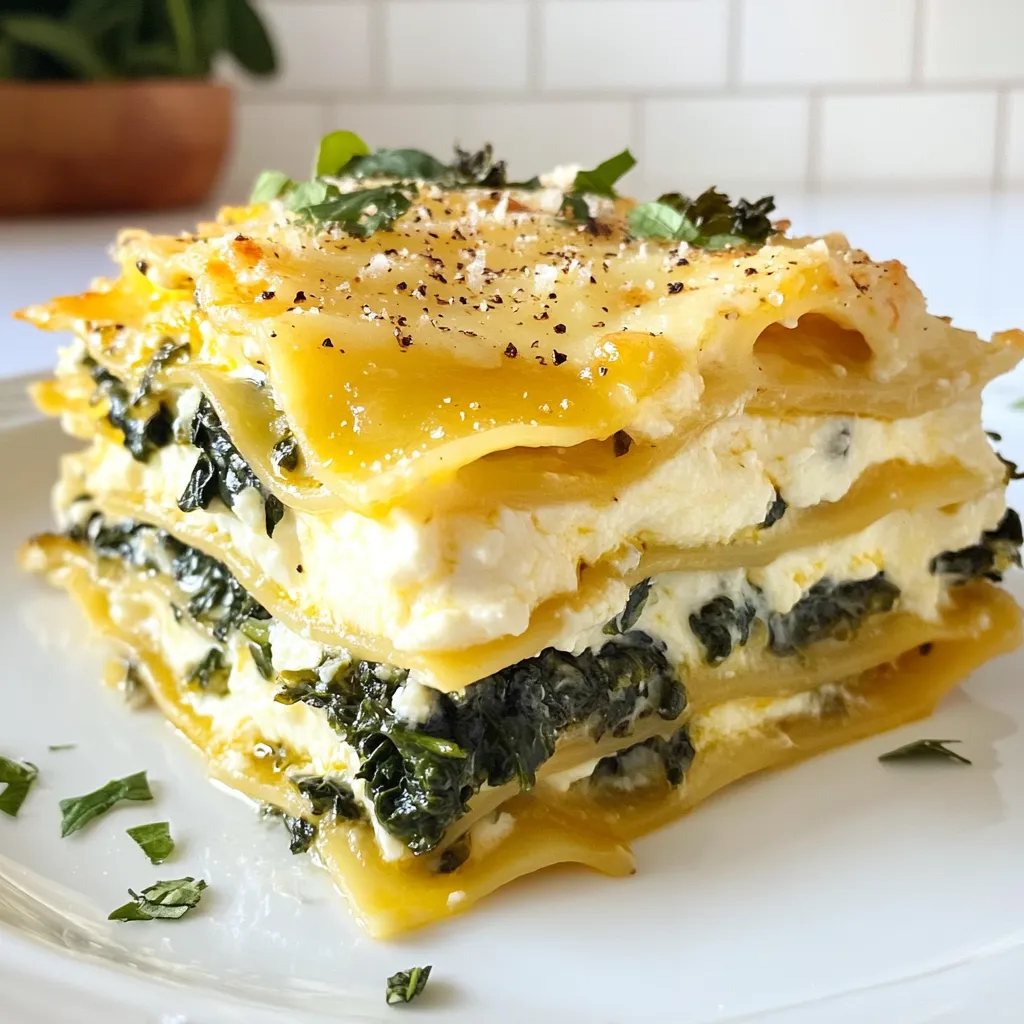 - 12 lasagna noodles - 2 cups ricotta cheese - 3 cups shredded mozzarella cheese - 1 cup grated Parmesan cheese - 4 cups fresh spinach - 1 cup kale, chopped - 4 cloves garlic, minced - 2 tablespoons olive oil - 1 teaspoon nutmeg - Salt and pepper to taste - 3 cups béchamel sauce (store-bought or homemade) When making white lasagna with garlicky greens, quality ingredients make a big difference. The lasagna noodles form the base. Fresh ricotta adds creaminess. Mozzarella gives a lovely stretch, while Parmesan adds a sharp bite. Fresh spinach and kale bring color and nutrition. Garlic adds depth and aroma, while olive oil keeps it rich. Nutmeg rounds out the flavor nicely. - Different greens (e.g., Swiss chard, arugula) - Cheese substitutes (e.g., feta, goat cheese) - Gluten-free pasta options You can switch the greens for a fresh twist. Swiss chard or arugula works well. If you want a different cheese flavor, try feta or goat cheese. For gluten-free needs, many brands offer good lasagna noodles. Each change brings a new taste to your dish! {{ingredient_image_1}} - Preheat oven to 375°F (190°C). - Cook lasagna noodles until al dente. Follow the package instructions carefully. Drain and set aside. - In a large pan, heat 2 tablespoons of olive oil over medium heat. - Add 4 cloves of minced garlic and sauté for about 1 minute until fragrant. - Add 4 cups of fresh spinach and 1 cup of chopped kale to the pan. - Season with salt and pepper to taste. Cook until the greens are wilted, about 3-4 minutes. Set aside. - Grab a 9x13-inch baking dish. Spread a thin layer of béchamel sauce on the bottom. - Layer 4 lasagna noodles over the sauce. - Spread half of the 2 cups of ricotta cheese over the noodles. - Next, add half of the garlicky greens and then a layer of 3 cups of shredded mozzarella. - Repeat this layering process. Add another layer of noodles, the remaining ricotta, the remaining garlicky greens, and another layer of mozzarella. - For the final layer, place down the last noodles. Pour the remaining béchamel sauce evenly over the top, covering all noodles. - Sprinkle 1 cup of grated Parmesan and 1 teaspoon of nutmeg on top for added flavor. - Cover the dish with foil to prevent burning. Bake for 25 minutes. - Remove the foil and bake for another 15-20 minutes, or until the top is golden and bubbly. - Let the lasagna cool for about 10 minutes before slicing and serving. To make the best béchamel, start with equal parts flour and butter. Heat butter in a pan, then add flour. Stir for one minute to cook the flour. Gradually whisk in milk until smooth. Cook it until it thickens, stirring often. Common mistakes to avoid include not cooking the flour long enough, which can lead to a raw taste. Also, adding milk too quickly can cause lumps. Always whisk gently and slowly to keep it smooth. For even layering, start with a thin layer of béchamel at the bottom. This keeps the noodles moist. Place the lasagna noodles flat and close together. Make sure they overlap slightly but do not crowd them. To avoid soggy noodles, cook them to al dente before layering. This way, they won’t absorb too much sauce. It’s also helpful to let the béchamel cool slightly before layering. For a beautiful dish, garnish each slice with fresh parsley. Add a sprinkle of Parmesan cheese on top. This makes each serving pop with color. Pair your lasagna with a light side salad. A simple mix of greens with a lemon vinaigrette works well. This adds freshness and balances the richness of the dish. Pro Tips Make Ahead: Prepare the lasagna a day in advance and refrigerate. Just bake it when you're ready to serve for easy entertaining. Cheese Choices: Experiment with different cheeses like fontina or provolone for a unique flavor profile in your lasagna. Veggie Variations: Feel free to swap in other greens, such as Swiss chard or arugula, for a different taste and texture. Rest Before Serving: Allow the lasagna to cool for 10 minutes after baking. This helps it set and makes slicing easier. {{image_2}} You can easily change this dish to fit a vegetarian diet. - Try adding different vegetables like mushrooms, zucchini, or bell peppers for more flavor. - Use alternative cheeses, such as goat cheese or feta, for a tangy twist. For meat lovers, you can add proteins to your lasagna. - Incorporate cooked chicken, sausage, or ground beef for a heartier meal. - Adjust cooking time based on the added meat. If using raw meat, bake longer to ensure it cooks fully. If you want a vegan version, there are simple swaps. - Use plant-based milk and vegan butter to make a dairy-free béchamel sauce. - Try plant-based cheese like cashew or almond cheese for a creamy texture. To store leftover white lasagna, first let it cool down. Cover it tightly with plastic wrap or foil. You can also place it in an airtight container. This helps keep the flavors fresh. Leftover lasagna stays good in the fridge for about 3 to 5 days. If you notice any changes in smell or texture, it’s best to toss it. To freeze your white lasagna, follow these steps: 1. Cool Completely: Let the lasagna cool at room temperature for about an hour. 2. Cut into Portions: Slice the lasagna into single servings. This makes it easier to thaw later. 3. Wrap Well: Wrap each piece in plastic wrap, then in foil. This prevents freezer burn. 4. Label and Date: Write the date on the foil. This helps you keep track of freshness. When you're ready to enjoy it, thaw the lasagna overnight in the fridge. To reheat, place the portions in a preheated oven at 350°F (175°C) for about 25 minutes. Check that it is heated through before serving. You can also microwave slices for a quicker option. Just cover them to keep moisture in. Yes, you can use homemade béchamel sauce. Homemade sauce has a fresh taste. You can control the thickness and flavor better. Store-bought béchamel is quick and easy. It saves time, but may lack depth. Choose what fits your cooking style. Fresh spinach and kale work great in this lasagna. They add flavor and nutrition. Other good options include Swiss chard and arugula. These greens blend well with cheese. They also add color to your dish. To make gluten-free lasagna, choose gluten-free noodles. Many brands offer tasty options. You can also use thinly sliced zucchini or eggplant. These substitutes add flavor and texture. Make sure to check labels for hidden gluten. Yes, you can prepare the lasagna ahead of time. Assemble it up to a day in advance. Cover and store it in the fridge. When ready, bake it straight from the fridge. Just increase baking time by 10-15 minutes. This way, you save time and enjoy a stress-free meal. This recipe showcases how to create a tasty greens lasagna with simple steps. You can personalize it using different greens, cheeses, or proteins, making it great for everyone. Remember to store leftovers properly, and feel free to make it ahead of time. Enjoy making this dish that is both healthy and satisfying. Your loved ones will appreciate the effort, and you’ll master a delicious recipe!